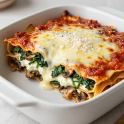 To make Creamy Spinach Mushroom Lasagna, gather these ingredients: - 9 lasagna noodles - 2 cups fresh spinach, roughly chopped - 1 cup mushrooms, sliced - 1 small onion, finely diced - 2 cloves garlic, minced - 2 cups ricotta cheese - 1 cup shredded mozzarella cheese - 1 cup grated Parmesan cheese - 2 cups marinara sauce - 1 cup heavy cream - 1 teaspoon Italian seasoning - Salt and pepper, to taste - 2 tablespoons olive oil You can swap some ingredients for different flavors or dietary needs: - Use no-boil lasagna noodles for quicker prep. - Swap spinach for kale or Swiss chard. - Use any mushroom type, like portobello or shiitake. - Replace ricotta with cottage cheese for a lighter option. - Try Greek yogurt instead of heavy cream for less fat. - If you prefer a dairy-free version, use vegan cheese. One serving of this lasagna contains: - Calories: Approximately 450 - Protein: 25g - Carbohydrates: 40g - Fat: 25g - Fiber: 3g This dish offers a balance of protein and carbs. The veggies add vitamins and minerals, making it a comforting yet nourishing meal. {{ingredient_image_2}} Start by boiling water in a large pot. Add a pinch of salt to the water. Once the water boils, add the lasagna noodles. Cook them as per the package instructions. Aim for al dente, which means they should be firm but not hard. Drain the noodles and lay them flat on a parchment-lined baking sheet. This step keeps them from sticking together. In a large skillet, heat two tablespoons of olive oil over medium heat. Add one small diced onion and cook for about two to three minutes. Wait until the onion turns translucent. Next, add two minced garlic cloves and one cup of sliced mushrooms. Cook this mixture for about five minutes or until the mushrooms turn golden brown. Now, toss in two cups of roughly chopped spinach. Stir until the spinach wilts, which should take about two minutes. Season with salt, pepper, and one teaspoon of Italian seasoning. Grab a medium bowl and combine two cups of ricotta cheese with one cup of heavy cream. Mix until the texture is smooth and creamy. Add half of the one cup of grated Parmesan cheese to this mix. Season with a little salt and pepper according to your taste. This creamy mix will add richness to your lasagna. In a 9x13 inch baking dish, start layering. Spread a thin layer of marinara sauce on the bottom. Place three lasagna noodles over the sauce. Next, spread half of the ricotta mixture on top of the noodles. Then add half of your sautéed spinach and mushroom mixture. Spoon one-third of the remaining marinara sauce over this. Top it with a third of one cup of shredded mozzarella cheese. Repeat this layering: more noodles, the rest of the ricotta, the remaining veggies, more sauce, and finish with the last layer of noodles. Preheat your oven to 375°F (190°C). Cover the baking dish with aluminum foil. This step prevents the cheese from over-browning. Bake for 25 minutes. After that, remove the foil and bake for another 15 minutes. You want the cheese to be bubbly and golden brown. After baking, let the lasagna cool for about ten minutes. This resting time helps the layers set up. When you slice it, the layers will hold better. Serve the lasagna warm. For a nice touch, sprinkle some fresh basil on top for added flavor and color. Enjoy your delicious, creamy spinach mushroom lasagna! Layering is key to a great lasagna. Start with sauce at the bottom. This keeps the noodles moist. Use three noodles for each layer. Spread the ricotta mix evenly. Add the sautéed veggies next. Keep repeating this until you reach the top. Finish with sauce and cheese for a tasty crust. To prevent noodles from sticking, rinse them after cooking. Spread them flat on parchment paper. You can also drizzle olive oil on them. This adds flavor and helps keep them separate. Be careful not to overcrowd them in the pot. Stir gently while cooking to avoid clumping. You can boost the flavor of the lasagna easily. Add more garlic for depth. Fresh herbs like basil or parsley can brighten it up. Consider using a mix of cheese, like feta or goat cheese. For a little heat, sprinkle in red pepper flakes. These small changes can make a big difference in taste. Pro Tips Use Fresh Ingredients: Opt for fresh spinach and mushrooms to enhance the flavor and texture of your lasagna. Layering Technique: Ensure your layers are even to create a balanced taste and texture in every bite. Rest Before Serving: Allow the lasagna to cool for about 10 minutes after baking to help the layers set, making it easier to slice. Customize Your Cheese: Feel free to mix different types of cheese for added flavor; smoked mozzarella or goat cheese can add a unique twist. {{image_4}} You can make this lasagna gluten-free easily. Use gluten-free lasagna noodles instead of regular ones. Look for brands that cook well and hold their shape. You might need to adjust cooking times. This small change keeps the taste and texture great. For a vegan version, swap out the dairy ingredients. Use cashew cream or tofu for the ricotta. Nutritional yeast adds a cheesy flavor. Choose vegan mozzarella for a delicious melt. You can also use vegetable broth instead of heavy cream for a lighter option. Feel free to get creative with your veggies. You can add bell peppers, zucchini, or kale for more flavor. Think about adding cooked lentils or chickpeas for extra protein. They blend well and keep the dish hearty. Mix and match to find your perfect combo! Store your lasagna leftovers in an airtight container. This keeps it fresh and tasty. Let the lasagna cool to room temperature first. Then, cover it tightly. It can last in the fridge for about 3 to 5 days. To reheat, preheat your oven to 350°F (175°C). Place your lasagna in an oven-safe dish. Cover with foil to keep it moist. Heat for about 20 to 25 minutes. You can also use a microwave. Heat individual portions for 2 to 3 minutes, checking every minute. To freeze, cut your lasagna into slices. Wrap each slice in plastic wrap. Then place them in a freezer-safe bag. This way, you can enjoy them later. It can stay fresh in the freezer for up to 3 months. When ready to eat, thaw it overnight in the fridge. Reheat as needed. Yes, you can make this lasagna ahead of time. Prepare it up to the baking step. Cover it tightly and store it in the fridge for up to 24 hours. When ready to bake, add a few extra minutes to the cooking time since it will be cold. Leftovers can last in the fridge for about 3 to 5 days. Be sure to store them in an airtight container. If you want to enjoy it longer, freezing is a great option. I love serving a fresh salad with my lasagna. A simple mixed greens salad or a Caesar salad pairs nicely. Garlic bread is also a great side to soak up the creamy sauce. Absolutely! You can mix and match cheeses. Try using goat cheese for a tangy twist or fontina for a rich flavor. Just keep in mind the melting properties of the cheese you choose. If you need a substitute for ricotta, use cottage cheese or cream cheese. Blend them well to achieve a smoother texture. Another option is to use a vegan cream cheese for a dairy-free version. You learned how to make creamy spinach mushroom lasagna with ease. We covered key ingredients, step-by-step cooking, and tips for perfect layers. You can customize this dish with gluten-free or vegan options. Plus, you now know how to store or reheat leftovers properly. This lasagna is not just a meal; it’s a tasty way to enjoy veggies. I hope you feel ready and inspired to create this dish for your next dinner. Enjoy every bite!