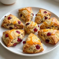 Here are the ingredients you need to make delicious cranberry orange scones: - 2 cups all-purpose flour - 1/3 cup granulated sugar - 1 tablespoon baking powder - 1/2 teaspoon fine salt - 6 tablespoons unsalted butter, cold and cut into small cubes - 1/2 cup fresh or dried cranberries - Zest of 1 large orange - 1/2 cup heavy cream - 1 large egg - 1 teaspoon pure vanilla extract - 1/2 cup powdered sugar (for glaze) - 1-2 tablespoons fresh orange juice (for glaze) These simple ingredients blend to create a burst of flavor. The cranberries add tartness, while the orange zest brightens each bite. The heavy cream gives the scones a rich texture. Using cold butter creates those perfect flaky layers. When sourcing your ingredients, opt for fresh cranberries if possible. They provide a wonderful pop of flavor. If fresh ones are out of season, dried cranberries work just fine. You can also use organic sugar for a cleaner taste. Gather these ingredients, and you're ready to start baking! {{ingredient_image_2}} First, preheat your oven to 400°F (200°C). This step is key for the perfect bake. Line a baking sheet with parchment paper. This makes clean-up easy. In a large bowl, mix the dry ingredients. Combine 2 cups of all-purpose flour, 1/3 cup of granulated sugar, 1 tablespoon of baking powder, and 1/2 teaspoon of fine salt. Whisk them together well. This helps the scones rise nicely. Next, add 6 tablespoons of cold, cubed butter. Use your fingertips or a pastry cutter to blend it in. Keep blending until the mixture has pea-sized crumbs. This texture gives the scones their flakiness. Now, gently fold in 1/2 cup of cranberries and the zest of 1 large orange. Make sure to mix evenly. This gives the scones their fruity and zesty flavor. In another bowl, whisk together 1/2 cup of heavy cream, 1 large egg, and 1 teaspoon of pure vanilla extract. Mix until it is well combined. This mixture will add moisture to your dough. Gradually pour the wet ingredients into the dry mix. Use a spatula to stir gently. Be careful not to over-mix. Over-mixing can make the scones tough. Transfer the dough to a lightly floured surface. Knead it gently a few times. Shape it into a circle, about 1-inch thick. Cut the dough into 8 wedges, like a pizza. Place them on the baking sheet, leaving space between each piece. Bake the scones for about 15-20 minutes. Look for a light golden brown color on the edges. As they bake, your kitchen will fill with a wonderful aroma. This means they are almost ready! For light and fluffy scones, use cold butter. Cut it into small cubes and mix it quickly. You want to see small butter pieces in the dough. This creates air pockets as they bake. Avoid over-mixing. Mix until just combined. This keeps your scones tender and not tough. Store leftover scones in an airtight container. They stay fresh for about two days. If you want to keep them longer, freeze them. Wrap each scone in plastic wrap. Then place them in a freezer bag. They can last up to three months in the freezer. Serve these scones warm for the best taste. They pair well with tea or coffee. Try adding a dollop of clotted cream or butter. Fresh fruit, like strawberries or blueberries, adds a nice touch. Enjoy them for breakfast or as a snack during the day. The citrus flavor makes them perfect for brunch! Pro Tips Use Cold Ingredients: Ensure your butter and cream are cold to create flaky layers in your scones. Don’t Overmix: Gently combine the wet and dry ingredients to avoid tough scones; a light touch is key! Experiment with Add-Ins: Feel free to add nuts or other dried fruits for a personalized touch to your scones. Serve Warm: These scones are best enjoyed warm, so serve them fresh out of the oven for the ultimate experience. {{image_4}} You can swap fresh cranberries for other dried fruits. Dried cherries, blueberries, or raisins work well. They add a sweet twist to the scones. Just keep the amount the same. You will still get a tasty treat! Adding nuts or seeds gives a nice crunch. Chopped walnuts, pecans, or almonds are great choices. You can also try pumpkin seeds or sunflower seeds. Mix in about half a cup with the cranberries. This extra texture makes each bite exciting! To make these scones gluten-free, use a gluten-free flour blend. Look for one that has xanthan gum in it. This helps the scones hold together. You may need to adjust the liquid slightly. Start with the same amount and add more if the dough is dry. Enjoy your gluten-free cranberry orange scones! Store your cranberry orange scones in an airtight container. They stay fresh for about 2-3 days at room temperature. To keep them soft, place a slice of bread in the container. The bread will help maintain moisture. For longer storage, freeze your scones. First, let them cool completely. Wrap each scone tightly in plastic wrap, then place them in a freezer bag. They will last for up to 3 months in the freezer. When you're ready to enjoy, just thaw them in the fridge overnight. Reheat scones in the oven for the best results. Preheat your oven to 350°F (175°C). Place the scones on a baking sheet and warm them for 10-15 minutes. This restores their fresh-baked taste and texture. You can also use a microwave, but this may make them a bit chewy. Heat them for about 15-20 seconds. Enjoy your delicious scones warm! You can use whole milk or half-and-half. These options work well in scones. If you want a thicker texture, add a bit of butter to the milk. This will help mimic heavy cream's richness. Yes, you can use frozen cranberries! Just make sure to thaw them before mixing. This will help them blend better in the dough. If you use them frozen, the scones may bake longer due to extra moisture. To reduce sweetness, cut back on sugar. Try using 1/4 cup of granulated sugar instead of 1/3 cup. You can also skip the glaze if you want a less sweet scone. The orange zest will still add a nice flavor. Serve these scones warm for the best taste. Pair them with butter or clotted cream. They also taste great with tea or coffee. For a special touch, add fresh orange slices or berries on the side. Cranberry orange scones stay fresh for about 2 days at room temperature. Store them in an airtight container to keep them soft. You can freeze them for up to a month. Just reheat before serving for the best flavor. We covered the key ingredients and steps to make delicious cranberry orange scones. You learned how to mix, bake, and even store them. Explore variations and tips to make them your own. Scones are a tasty treat at any time of day. Enjoy them fresh or with your favorite spread. With these simple steps, you can impress friends and family. Now, it's time to bake and enjoy this delightful recipe!