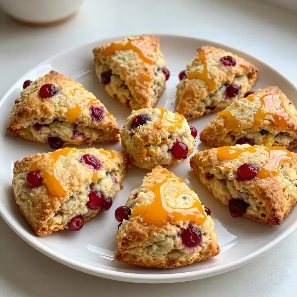 Here are the ingredients you need to make delicious cranberry orange scones: - 2 cups all-purpose flour - 1/3 cup granulated sugar - 1 tablespoon baking powder - 1/2 teaspoon fine salt - 6 tablespoons unsalted butter, cold and cut into small cubes - 1/2 cup fresh or dried cranberries - Zest of 1 large orange - 1/2 cup heavy cream - 1 large egg - 1 teaspoon pure vanilla extract - 1/2 cup powdered sugar (for glaze) - 1-2 tablespoons fresh orange juice (for glaze) These simple ingredients blend to create a burst of flavor. The cranberries add tartness, while the orange zest brightens each bite. The heavy cream gives the scones a rich texture. Using cold butter creates those perfect flaky layers. When sourcing your ingredients, opt for fresh cranberries if possible. They provide a wonderful pop of flavor. If fresh ones are out of season, dried cranberries work just fine. You can also use organic sugar for a cleaner taste. Gather these ingredients, and you're ready to start baking! {{ingredient_image_2}} First, preheat your oven to 400°F (200°C). This step is key for the perfect bake. Line a baking sheet with parchment paper. This makes clean-up easy. In a large bowl, mix the dry ingredients. Combine 2 cups of all-purpose flour, 1/3 cup of granulated sugar, 1 tablespoon of baking powder, and 1/2 teaspoon of fine salt. Whisk them together well. This helps the scones rise nicely. Next, add 6 tablespoons of cold, cubed butter. Use your fingertips or a pastry cutter to blend it in. Keep blending until the mixture has pea-sized crumbs. This texture gives the scones their flakiness. Now, gently fold in 1/2 cup of cranberries and the zest of 1 large orange. Make sure to mix evenly. This gives the scones their fruity and zesty flavor. In another bowl, whisk together 1/2 cup of heavy cream, 1 large egg, and 1 teaspoon of pure vanilla extract. Mix until it is well combined. This mixture will add moisture to your dough. Gradually pour the wet ingredients into the dry mix. Use a spatula to stir gently. Be careful not to over-mix. Over-mixing can make the scones tough. Transfer the dough to a lightly floured surface. Knead it gently a few times. Shape it into a circle, about 1-inch thick. Cut the dough into 8 wedges, like a pizza. Place them on the baking sheet, leaving space between each piece. Bake the scones for about 15-20 minutes. Look for a light golden brown color on the edges. As they bake, your kitchen will fill with a wonderful aroma. This means they are almost ready! For light and fluffy scones, use cold butter. Cut it into small cubes and mix it quickly. You want to see small butter pieces in the dough. This creates air pockets as they bake. Avoid over-mixing. Mix until just combined. This keeps your scones tender and not tough. Store leftover scones in an airtight container. They stay fresh for about two days. If you want to keep them longer, freeze them. Wrap each scone in plastic wrap. Then place them in a freezer bag. They can last up to three months in the freezer. Serve these scones warm for the best taste. They pair well with tea or coffee. Try adding a dollop of clotted cream or butter. Fresh fruit, like strawberries or blueberries, adds a nice touch. Enjoy them for breakfast or as a snack during the day. The citrus flavor makes them perfect for brunch! Pro Tips Use Cold Ingredients: Ensure your butter and cream are cold to create flaky layers in your scones. Don’t Overmix: Gently combine the wet and dry ingredients to avoid tough scones; a light touch is key! Experiment with Add-Ins: Feel free to add nuts or other dried fruits for a personalized touch to your scones. Serve Warm: These scones are best enjoyed warm, so serve them fresh out of the oven for the ultimate experience. {{image_4}} You can swap fresh cranberries for other dried fruits. Dried cherries, blueberries, or raisins work well. They add a sweet twist to the scones. Just keep the amount the same. You will still get a tasty treat! Adding nuts or seeds gives a nice crunch. Chopped walnuts, pecans, or almonds are great choices. You can also try pumpkin seeds or sunflower seeds. Mix in about half a cup with the cranberries. This extra texture makes each bite exciting! To make these scones gluten-free, use a gluten-free flour blend. Look for one that has xanthan gum in it. This helps the scones hold together. You may need to adjust the liquid slightly. Start with the same amount and add more if the dough is dry. Enjoy your gluten-free cranberry orange scones! Store your cranberry orange scones in an airtight container. They stay fresh for about 2-3 days at room temperature. To keep them soft, place a slice of bread in the container. The bread will help maintain moisture. For longer storage, freeze your scones. First, let them cool completely. Wrap each scone tightly in plastic wrap, then place them in a freezer bag. They will last for up to 3 months in the freezer. When you're ready to enjoy, just thaw them in the fridge overnight. Reheat scones in the oven for the best results. Preheat your oven to 350°F (175°C). Place the scones on a baking sheet and warm them for 10-15 minutes. This restores their fresh-baked taste and texture. You can also use a microwave, but this may make them a bit chewy. Heat them for about 15-20 seconds. Enjoy your delicious scones warm! You can use whole milk or half-and-half. These options work well in scones. If you want a thicker texture, add a bit of butter to the milk. This will help mimic heavy cream's richness. Yes, you can use frozen cranberries! Just make sure to thaw them before mixing. This will help them blend better in the dough. If you use them frozen, the scones may bake longer due to extra moisture. To reduce sweetness, cut back on sugar. Try using 1/4 cup of granulated sugar instead of 1/3 cup. You can also skip the glaze if you want a less sweet scone. The orange zest will still add a nice flavor. Serve these scones warm for the best taste. Pair them with butter or clotted cream. They also taste great with tea or coffee. For a special touch, add fresh orange slices or berries on the side. Cranberry orange scones stay fresh for about 2 days at room temperature. Store them in an airtight container to keep them soft. You can freeze them for up to a month. Just reheat before serving for the best flavor. We covered the key ingredients and steps to make delicious cranberry orange scones. You learned how to mix, bake, and even store them. Explore variations and tips to make them your own. Scones are a tasty treat at any time of day. Enjoy them fresh or with your favorite spread. With these simple steps, you can impress friends and family. Now, it's time to bake and enjoy this delightful recipe!