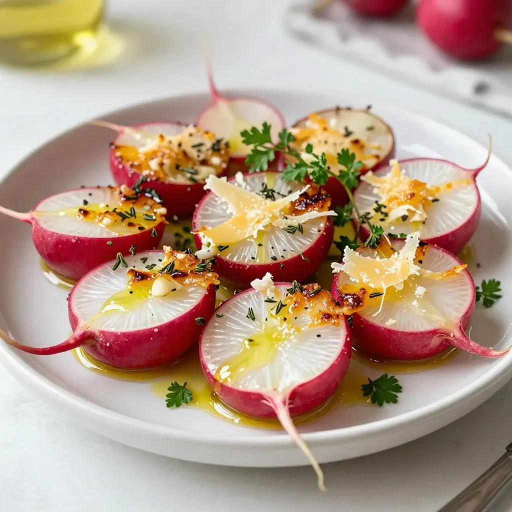 You need 1 pound of fresh radishes for this dish. Choose radishes that are firm and bright. Trim off the tops and tails, then cut each radish in half. This helps them cook evenly and soak up the flavors. Use 3 tablespoons of extra virgin olive oil. This oil adds richness and helps the radishes roast well. Drizzle the oil over the radishes in the bowl. Add 4 cloves of finely minced garlic to the radishes. Garlic brings a strong, tasty punch. You also need 1 teaspoon of dried thyme for an herbal note. Season with 1/2 teaspoon of sea salt and 1/4 teaspoon of freshly ground black pepper. These spices enhance the dish and balance the flavors. The best part is the cheese! Use 1/2 cup of freshly grated Parmesan cheese. It melts nicely and gives a creamy touch. For garnish, chop up some fresh parsley. This adds color and freshness to your dish. {{ingredient_image_2}} First, you need to preheat your oven to 425°F (220°C). This step is key for roasting radishes well. A hot oven helps them cook evenly and turn golden. Next, take 1 pound of fresh radishes. Trim the ends and cut them in half. Place them in a large bowl. Drizzle 3 tablespoons of extra virgin olive oil over the radishes. Add 4 cloves of finely minced garlic, 1 teaspoon of dried thyme, 1/2 teaspoon of sea salt, and 1/4 teaspoon of black pepper. Toss everything together until each radish is coated in the mix. This ensures they soak up all the flavors. Grab a baking sheet and line it with parchment paper. Spread the radishes out in a single layer. Make sure they aren’t crowded. This helps them roast nicely. Place the baking sheet in the oven and roast for 20-25 minutes. Halfway through, stir the radishes gently. This helps them caramelize and cook evenly. Look for them to become tender and have a golden hue. After 20-25 minutes, take the baking sheet out of the oven. Sprinkle 1/2 cup of freshly grated Parmesan cheese over the radishes. Return the sheet to the oven for another 5 minutes. Watch for the cheese to melt and become golden and bubbly. Once done, let the radishes cool for a few minutes. Transfer them to a serving dish and garnish with finely chopped fresh parsley. Enjoy your tasty garlic parmesan roasted radishes! To get radishes that roast perfectly, spread them out on the baking sheet. Avoid crowding them. When they are too close, they can steam instead of roast. Stir them halfway through cooking. This helps them brown and caramelize on all sides. Minced garlic works best in this recipe. It gives a strong flavor that spreads well. You can also slice garlic for a milder taste. If you want a sweeter note, roast the garlic first. Just wrap it in foil with some oil and roast it until soft. Parmesan cheese is great, but you can try others. Grated pecorino adds a sharp bite. For a creamy option, use goat cheese. Nutritional yeast works for a vegan choice. Each cheese brings a new twist to your dish, so feel free to experiment. Pro Tips Choose Fresh Radishes: Look for radishes that are firm, smooth, and vibrant in color to ensure the best flavor and texture for roasting. Experiment with Seasonings: Feel free to add your favorite herbs or spices, such as rosemary or paprika, for a unique twist on the flavor. Don't Overcrowd the Baking Sheet: Give the radishes space to roast evenly; if they’re too close together, they will steam instead of caramelize. Serve Immediately: For the best taste and texture, serve the roasted radishes right after they come out of the oven, while they're still warm and cheesy. {{image_4}} You can mix radishes with other veggies for more flavor. Carrots, potatoes, and Brussels sprouts roast well. Just cut them to similar sizes as radishes. This way, they cook evenly. You can also add bell peppers for a sweet touch. Just remember to adjust the cooking time. Each veggie may need more or less time in the oven. Spices can change the whole dish. If you want heat, add red pepper flakes. For a smoky flavor, try smoked paprika. You can also use Italian seasoning instead of thyme. Experiment with herbs like rosemary or oregano. They bring new life to the dish. Just sprinkle them in with the garlic and oil. To make this dish vegan, swap the Parmesan for a plant-based cheese. Nutritional yeast is a great option too. It adds a cheesy flavor without dairy. You can also use sunflower seeds for crunch. Just grind them into a powder and sprinkle over roasted radishes. This keeps the dish tasty while meeting dietary needs. To store leftover garlic parmesan roasted radishes, let them cool first. Place them in an airtight container. They will stay fresh for about three days in the fridge. Make sure to keep them sealed to avoid drying out. To reheat your radishes, preheat your oven to 350°F (175°C). Spread the radishes on a baking sheet. Heat for about 10-15 minutes until warmed through. You can also use a microwave for quick reheating. Just be careful, as they can get soggy. Freezing roasted radishes is possible, but they can lose some texture. If you want to freeze them, let them cool completely. Then, spread them on a baking sheet and freeze until solid. After that, store them in a freezer bag. They can last up to three months. When you are ready to eat them, reheat directly from the freezer. You will know the radishes are done when they are tender and golden. After about 20-25 minutes in the oven, check for a soft texture. They should also have a nice caramel color. This means the sugars in the radishes have cooked well and brought out their sweet flavor. Yes, you can use other cheeses if you want a different taste. Cheddar, Romano, or even feta can work well. Each cheese brings its own unique flavor. Just remember to use a cheese that melts well. This way, you can enjoy a creamy and rich topping. These radishes fit well with many dishes. They make a great side for roasted chicken or grilled fish. You can also serve them with a fresh salad. Their bold flavor can balance lighter meals. Try pairing them with rice or quinoa for a wholesome meal. Yes, roasted radishes are very healthy! They are low in calories and full of vitamins. Radishes are great for digestion and have antioxidants. When you roast them, you enhance their natural flavors without adding extra fat. This dish is a tasty way to enjoy good nutrition. Roasting radishes is simple and fun. We covered fresh ingredients, from radishes to cheese. Preheat your oven and prepare the radishes for roasting. Add in garlic and seasonings for flavor. Don’t forget the tips for even cooking and cheese choices! You can mix in other veggies or spices for variety too. Store leftovers easily and reheat without losing taste. Enjoy making this tasty dish!
