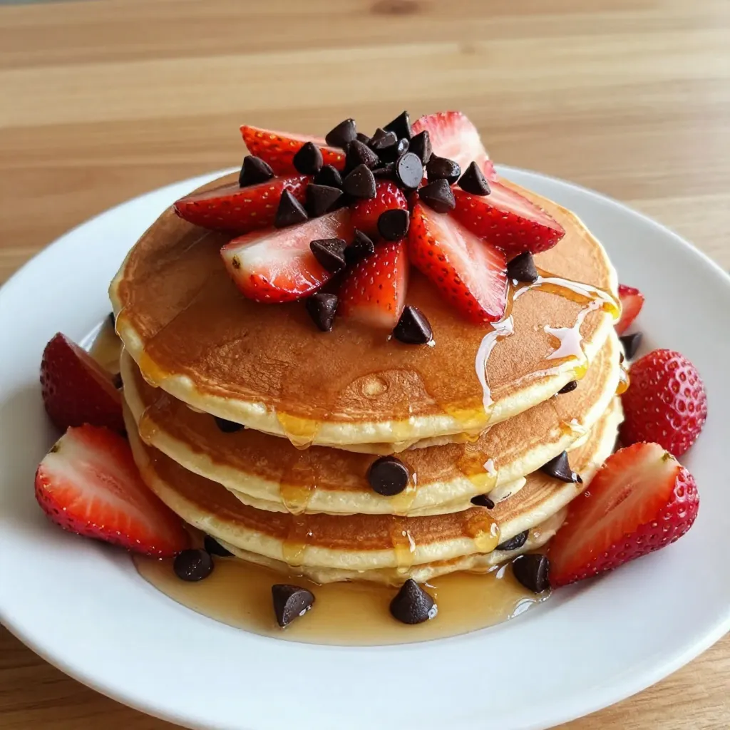 - 1 cup all-purpose flour - 2 tablespoons granulated sugar - 2 teaspoons baking powder - 1/2 teaspoon fine sea salt - 1 cup milk (or your preferred dairy-free alternative) - 1 large egg - 2 tablespoons melted unsalted butter (or coconut oil) - 1/2 cup fresh strawberries, hulled and diced - 1/4 cup chocolate chips (choose from milk, dark, or dairy-free) - Extra butter or oil for cooking To make these pancakes, gather your dry ingredients first. Start with all-purpose flour, granulated sugar, baking powder, and fine sea salt. Whisk these together in a large bowl. This helps to mix them well and remove lumps. Next, grab your wet ingredients. Use milk or a dairy-free alternative based on your needs. Add a large egg and melted unsalted butter or coconut oil to the mix. Whisk these until you have a smooth blend. Now, let's talk about add-ins. Fresh strawberries make these pancakes sweet and fruity. Dice them up and add them to the batter. You can also choose your favorite chocolate chips—milk, dark, or dairy-free work well. This adds a rich taste to your pancakes. Finally, you will need extra butter or oil for cooking. This will help keep your pancakes from sticking to the pan. With all these ingredients ready, you’re set to make some delicious strawberry chocolate chip pancakes! {{ingredient_image_2}} - In a large bowl, combine: - 1 cup all-purpose flour - 2 tablespoons granulated sugar - 2 teaspoons baking powder - 1/2 teaspoon fine sea salt - Whisk these dry ingredients together until they are smooth and lump-free. - In another bowl, whisk together: - 1 cup milk (or your preferred dairy-free alternative) - 1 large egg - 2 tablespoons melted unsalted butter (or coconut oil) - Make sure this mixture is smooth and well combined. - Gradually pour the wet ingredients into the bowl with the dry ones. - Gently stir the mixtures with a spatula until just combined. - It’s okay to have a few lumps; this helps keep the pancakes fluffy. - Carefully fold in: - 1/2 cup fresh strawberries, hulled and diced - 1/4 cup chocolate chips - Ensure they are evenly mixed without breaking the strawberries. - Preheat a non-stick skillet over medium heat and add a small amount of butter or oil. - Once hot, pour about 1/4 cup of batter for each pancake onto the skillet. - Cook for 2-3 minutes, or until bubbles form on the surface and edges look set. - Gently flip the pancakes and cook for another 1-2 minutes until golden brown. - Serve the pancakes warm, stacked high on a plate. - Garnish with extra sliced strawberries and a sprinkle of chocolate chips. - Drizzle with rich maple syrup and consider adding a dollop of whipped cream. - Avoid overmixing the batter: When you mix your batter, do it gently. Stir until just combined. A few lumps are okay. Overmixing can make the pancakes tough instead of fluffy. - Proper cooking temperature: Preheat your skillet on medium heat. If it’s too hot, pancakes can burn. If it’s too cool, they won’t rise. A good test is to sprinkle a drop of water. If it dances, the pan is ready. - Dairy-free alternatives for milk and butter: You can use almond milk or oat milk instead of regular milk. For butter, coconut oil works well. Both options keep the pancakes rich and tasty. - Gluten-free flour options: Try gluten-free all-purpose flour for a great swap. Just make sure it has a mix of starches and flours for the best results. - Best non-stick cookware: A good non-stick skillet is key. It helps the pancakes cook evenly and prevents sticking. Look for one that is sturdy and has a smooth surface. - How to check cake doneness: The best way to check if the pancakes are done is by looking for bubbles on the surface. When they start to pop, it's time to flip. The edges should look set and dry. Pro Tips Mixing Technique: Gently fold the wet and dry ingredients together to prevent overmixing, which can lead to dense pancakes. Choosing Strawberries: Use ripe, fresh strawberries for the best flavor. If they are too firm, they may not release their juices during cooking. Cooking Temperature: Ensure your skillet is preheated to medium heat. Too high can burn the pancakes before they cook through. Serving Suggestions: Serve with a drizzle of chocolate sauce or a side of whipped cream for an extra indulgent breakfast experience. {{image_4}} You can make these pancakes even better with fun add-ins! - Nuts: Add walnuts or pecans for a crunchy bite. - Spices: A dash of cinnamon or a splash of vanilla extract can boost flavor. Serving these pancakes can be a creative joy! - Chocolate sauce drizzle: Pour warm chocolate sauce over the top for extra sweetness. - Adding yogurt or ice cream on top: A dollop of yogurt or a scoop of ice cream makes them a treat. Change the fruits and spices to fit the season! - Using other fruits: Try blueberries or bananas for a different taste. - Adjusting for holidays: Add pumpkin spice for a cozy fall flavor that fits right in. To keep your strawberry chocolate chip pancakes fresh, refrigerate them. Place the pancakes in a single layer on a plate. Cover them with plastic wrap or foil. You can also stack the pancakes with parchment paper between each one. This method prevents sticking. Store in the fridge for up to three days. If you want to freeze pancakes, first let them cool completely. Then, stack them with parchment paper between each pancake. Wrap the stack in plastic wrap and place it in a freezer bag. Squeeze out the air before sealing. You can freeze them for up to two months. You can reheat pancakes in two main ways: the microwave or the oven. If you use the microwave, place one or two pancakes on a plate. Heat them for 15-20 seconds. Check if they are warm enough. If not, heat in short bursts. For oven reheating, preheat the oven to 350°F (175°C). Line a baking sheet with parchment paper. Arrange the pancakes on the sheet and cover loosely with foil. Heat for about 10 minutes. This method keeps them warm and fluffy. Use airtight containers for storing pancakes. Glass or plastic containers work well. Make sure they have a tight seal. This keeps out air and moisture. To track freshness, label containers with the date. Check for any signs of spoilage before eating. If you see any mold or off smells, discard the pancakes. Keeping track helps you enjoy every bite at its best! Yes, you can make these pancakes ahead of time. Here are some tips: - Prepare the batter in advance: Mix the dry and wet ingredients separately. Combine them just before cooking. - Store batter: Place the batter in an airtight container and keep it in the fridge for up to 24 hours. - Cook and freeze: You can cook the pancakes and freeze them for later. Place parchment paper between pancakes and store in a freezer bag. You can make these pancakes healthier by following these suggestions: - Reduce sugar: Cut down the sugar to one tablespoon or use a sugar substitute. - Use whole grain flour: Substitute all-purpose flour with whole wheat flour for more fiber. - Add fruits: Increase the amount of strawberries or add other fruits for natural sweetness. - Use less butter: Use a small amount of oil or coconut oil instead of butter. If you want to switch out chocolate chips, here are some options: - Fruits: Use blueberries, raspberries, or banana slices. - Nuts: Chopped walnuts or pecans can add a nice crunch. - Cinnamon: A sprinkle of cinnamon can add a warm flavor. - Savory options: Cheese bits or cooked bacon can make a fun twist. These pancakes start with simple dry and wet ingredients. You can add fruits or chocolate for flavor. Follow the steps for perfectly fluffy pancakes every time. Remember, avoid overmixing and use the right cooking temperature. Experiment with variations and toppings to keep things fun. Store leftovers correctly, and reheat them with care. By trying these tips, you ensure delicious pancakes that suit everyone’s taste. Enjoy creating your perfect stack!