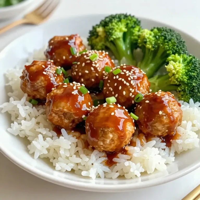 - 1 lb ground chicken - 1/4 cup panko breadcrumbs - 1/4 cup green onions, finely chopped - 1 clove garlic, minced - 1 tablespoon fresh ginger, minced - 1 large egg - 2 tablespoons soy sauce - 1 tablespoon sesame oil - Salt and pepper, to taste The main ingredients create a juicy and flavorful meatball. Ground chicken is lean and tender, making it a great choice. Panko breadcrumbs give the meatballs a nice texture. Green onions add a fresh taste. Minced garlic and ginger bring warmth and depth. The egg binds everything together and adds moisture. Soy sauce and sesame oil offer a savory punch. Finally, salt and pepper season the mixture just right. - 1/2 cup soy sauce - 1/4 cup honey - 2 tablespoons rice vinegar - 1 tablespoon cornstarch - 1/4 cup water - 1 teaspoon sesame seeds - Optional: chili flakes, for an extra kick For the teriyaki sauce, the soy sauce and honey create a sweet and salty mix. Rice vinegar adds a tangy note that balances the flavors. Cornstarch thickens the sauce, making it glossy and clingy. Water helps combine everything smoothly. You can add chili flakes for a spicy kick if you like heat. Finally, garnish with sesame seeds for crunch and a bit of flair. These ingredients work together to make teriyaki chicken meatballs a delicious dish. Each bite bursts with flavor, making it a meal everyone will love. {{ingredient_image_2}} To start, gather your ingredients in a large bowl. You will need: - 1 lb ground chicken - 1/4 cup panko breadcrumbs - 1/4 cup green onions, finely chopped - 1 clove garlic, minced - 1 tablespoon fresh ginger, minced - 1 large egg - 2 tablespoons soy sauce - 1 tablespoon sesame oil - Salt and pepper, to taste Mix these ingredients well. Use your hands or a spatula to combine. You want a smooth blend that sticks together. This mix gives the meatballs their flavor and texture. Next, shape the mixture into small meatballs. Aim for about 1 inch in diameter. Make them compact so they hold their shape while cooking. Place the meatballs on a baking sheet lined with parchment paper. This helps with cleanup later. Now, it’s time to bake. Preheat your oven to 400°F (200°C). This high heat will give the meatballs a nice golden color. Bake them for 15-20 minutes. Keep an eye on the meatballs. You want them lightly browned. Use a meat thermometer to check the internal temperature. Make sure they reach 165°F (75°C) for safe eating. While the meatballs bake, make the teriyaki sauce. Start by gathering these ingredients: - 1/2 cup soy sauce - 1/4 cup honey - 2 tablespoons rice vinegar - 1 tablespoon cornstarch - 1/4 cup water - 1 teaspoon sesame seeds - Optional: chili flakes for spice In a small saucepan, mix the soy sauce, honey, rice vinegar, and water. Heat it over medium heat. Stir occasionally until it simmers. In another small bowl, mix the cornstarch with a splash of water to make a slurry. Gradually whisk this into the sauce. Cook for another 2-3 minutes. Stir until the sauce thickens and becomes glossy. Once the meatballs are done, remove them from the oven. Place them in a large mixing bowl. Pour the thickened teriyaki sauce over the meatballs. Toss gently to coat each meatball. For a nice touch, sprinkle sesame seeds and any leftover green onions on top before serving. Enjoy your flavorful teriyaki chicken meatballs! To make great meatballs, focus on the mix. Use one pound of ground chicken. Add 1/4 cup of panko breadcrumbs for texture. Mix in 1/4 cup of green onions, a minced garlic clove, and fresh ginger. The egg helps bind everything. Season with soy sauce, sesame oil, salt, and pepper. Shape the mix into 1-inch balls. Keep them compact so they hold their shape. This helps during baking. For even baking, line your baking sheet with parchment paper. This makes it easy to clean up. Bake at 400°F for 15 to 20 minutes. Make sure the meatballs reach 165°F inside. To make a tasty teriyaki sauce, start with soy sauce and honey. Combine 1/2 cup of soy sauce and 1/4 cup of honey. Add 2 tablespoons of rice vinegar for a tangy kick. Mix 1 tablespoon of cornstarch with a splash of water to thicken it. This will make your sauce glossy. If you want more flavor, adjust the sweetness. Add more honey if you like it sweeter. For a thicker sauce, let it simmer longer. Want some heat? Sprinkle in chili flakes for an extra kick. This adds a nice contrast to the sweet sauce. These meatballs pair well with fluffy rice or quinoa. Serve them over a bed of steamed rice for a filling meal. You can also drizzle extra teriyaki sauce on top. For a colorful plate, add vibrant sides. Steamed broccoli or snap peas work great. They add crunch and color to your dish. To impress, garnish with sesame seeds and sliced green onions. This makes your teriyaki chicken meatballs look even more appealing. Pro Tips Use Cold Ingredients: Keeping your ground chicken and other ingredients cold will help the meatballs hold their shape better during baking. Experiment with Flavors: Feel free to customize your meatball mixture by adding spices like five-spice powder or even a splash of sriracha for a spicy kick. Double the Sauce: If you love teriyaki sauce, consider doubling the recipe to have extra for drizzling over rice or veggies. Check for Doneness: Always use a meat thermometer to ensure your meatballs reach an internal temperature of 165°F (75°C) for safe consumption. {{image_4}} You can swap out the ground chicken for other meats. Ground turkey works well and has a lighter flavor. Ground beef is a great choice too, offering a richer taste. For a vegetarian version, try using tofu or chickpeas. Crumble the tofu or mash the chickpeas. Mix them with the other ingredients. This way, you still get a tasty meatball without meat. You can easily change the flavor of your meatballs. Add different spices to the mix. Garlic powder, onion powder, or even smoked paprika can enhance your dish. Experiment with the teriyaki sauce too. Try adding orange juice or a splash of pineapple juice for sweetness. You can also sprinkle in some chili flakes for a spicy kick. Don't be afraid to get creative! To keep your teriyaki chicken meatballs fresh, place them in an airtight container. This helps avoid drying out. Store the meatballs in the fridge for up to three days. When you freeze them, use a freezer-safe container. They can last up to three months in the freezer. Make sure to label the container with the date. You can reheat meatballs in several ways. The oven is a great option. Preheat your oven to 350°F (175°C). Place meatballs on a baking sheet and heat for about 10-15 minutes. You can also use a microwave. Heat them in a bowl, covered with a damp paper towel, for about 1-2 minutes. When reheating, keep the teriyaki sauce flavorful. If it thickens too much, add a splash of water. Stir it well before serving. Enjoy those tasty meatballs! Yes, you can make these meatballs in advance. Prepare the meatballs and store them in the fridge for up to two days. You can also freeze them for up to three months. To reheat, bake them at 350°F (175°C) for about 15 minutes, or until hot. This keeps them juicy and tasty. These meatballs pair well with many sides. Here are some great options: - Steamed rice or quinoa for a filling base - Bright green broccoli or snap peas for color - A fresh salad to add crunch - Noodles tossed in sesame oil for a different texture Making teriyaki sauce at home is simple. Use these steps: 1. Combine 1/2 cup soy sauce, 1/4 cup honey, 2 tablespoons rice vinegar, and 1/4 cup water in a pan. 2. Heat it on medium until it simmers. 3. Mix 1 tablespoon cornstarch with a splash of water. Whisk this into the sauce. 4. Stir until the sauce thickens, about 2-3 minutes. This homemade sauce is sweet and savory, perfect for drizzling over your meatballs! In this post, we covered how to make teriyaki chicken meatballs. We discussed the main ingredients like ground chicken, panko, and teriyaki sauce. Then, I shared step-by-step instructions for mixing, baking, and making the sauce. Tips for perfect meatballs and serving ideas added extra value. In conclusion, making teriyaki chicken meatballs is simple and fun. You can customize them to your taste. Enjoy your cooking and share these tasty creations with friends and family!