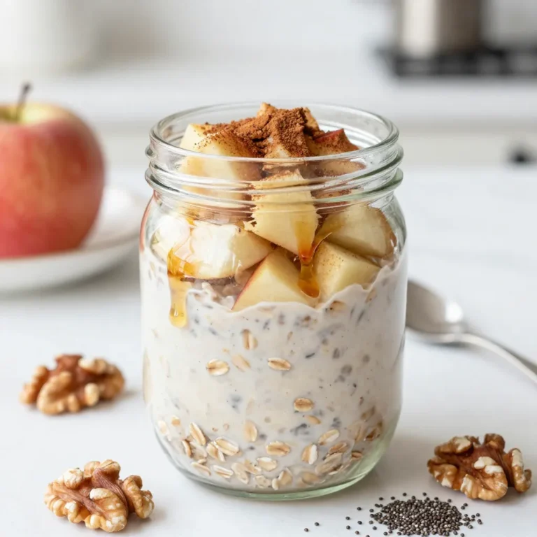 To make Apple Pie Overnight Oats, you need simple and tasty ingredients. Here’s what you should gather: - 1 cup rolled oats - 1 cup almond milk (or your preferred milk) - 1 medium apple, diced into small pieces - 1 tablespoon maple syrup (or honey for sweetness) - 1 teaspoon ground cinnamon - 1/4 teaspoon ground nutmeg - 1/4 cup Greek yogurt (optional, for an extra creamy texture) - 1 tablespoon chia seeds - 1/4 cup chopped walnuts or pecans (optional, for added crunch) - Pinch of salt Each ingredient adds flavor and texture to the oats, making them taste like apple pie! Rolled oats are the base. They give a hearty feel. Almond milk makes the mixture creamy. If you like, use dairy milk instead. Diced apples add a fresh crunch. Maple syrup or honey gives a touch of sweetness. Cinnamon and nutmeg bring the warm, cozy flavor of pie. Greek yogurt adds creaminess if you choose to include it. Chia seeds help with texture and nutrition. Walnuts or pecans provide a nice crunch. Lastly, a pinch of salt balances the sweetness. Gather these ingredients, and you’re ready to create a delicious breakfast! {{ingredient_image_2}} 1. Mixing the dry ingredients Start by grabbing a medium bowl. Add 1 cup of rolled oats. Then, sprinkle in 1 teaspoon of ground cinnamon and 1/4 teaspoon of ground nutmeg. These spices will give your oats that warm apple pie flavor. Next, add a pinch of salt and 1 tablespoon of chia seeds. Stir these dry ingredients together well. 2. Incorporating liquids and sweeteners Pour in 1 cup of almond milk. If you prefer, use any milk you like. Then, add 1 tablespoon of maple syrup. This will sweeten your oats. Mix everything until the oats are fully coated and the mixture is smooth. 3. Adding apples and nuts Dice 1 medium apple into small pieces. Gently fold the apple into your oat mixture. If you want extra crunch, add 1/4 cup of chopped walnuts or pecans. Be careful not to mash the apple pieces while stirring. 4. Division into containers Carefully divide your mixture into two jars or airtight containers. Make sure to seal each one tightly with a lid. This keeps your oats fresh and tasty. 1. Minimum chill time for best results Place the jars in the refrigerator. Let them chill overnight or for at least 4 hours. This time allows the oats to absorb the liquid and soften. 2. Importance of allowing oats to absorb liquids The soaking time is key. It helps the oats become creamy and flavorful. The longer you let them sit, the better they taste! To make your apple pie overnight oats even tastier, add extra spices. I love using nutmeg and cinnamon. They remind me of warm apple pie. For apples, pick a tart variety like Granny Smith. They give a nice tang and balance the sweetness. Honeycrisp apples also work well for a juicy crunch. Soaking time is key to perfect oats. They need at least four hours, but overnight is best. This helps the oats absorb the liquid and soften. If you prefer a creamier texture, add Greek yogurt. It makes the oats rich and smooth without being heavy. For a beautiful presentation, serve in clear jars. This shows off the layers of oats and apples. Top with extra apple slices and a sprinkle of nuts. You can also drizzle more maple syrup for sweetness. Pair your oats with coffee or a smoothie for a complete breakfast. Pro Tips Use Fresh Apples: Opt for a mix of sweet and tart apples like Granny Smith and Honeycrisp for a balanced flavor profile. Customize Sweetness: Adjust the amount of maple syrup or honey based on your preference for sweetness; you can always add more later. Chill for Best Results: Allowing the oats to soak overnight enhances the texture and flavor, making them creamier and more delicious. Experiment with Toppings: Try different nuts, seeds, or even a dollop of nut butter on top for added texture and nutrition. {{image_4}} You can easily make this recipe gluten-free. Just choose gluten-free rolled oats. Many brands offer great options that taste the same. For a dairy-free version, use almond milk or coconut milk. Both options keep the creamy texture without dairy. Feel free to mix in other fruits. Berries, bananas, or pears are tasty choices. You can also switch sweeteners. Agave syrup or stevia works well if you want something different. Just adjust the amount to fit your taste. Add seeds or nut butters for extra crunch. A tablespoon of peanut butter or almond butter can make it richer. If you want a different nut crunch, try pecans or almonds. They add a nice bite and flavor contrast. You can store Apple Pie Overnight Oats in the fridge for up to five days. This makes it great for meal prep. Use airtight containers or jars to keep them fresh. Glass jars work well, as they seal tightly and let you see the layers. Yes, you can freeze overnight oats! Just portion them into freezer-safe containers. When ready to eat, take out a jar and place it in the fridge overnight to thaw. You can also use the microwave to reheat them. Just add a splash of milk to loosen the texture before serving. How to make overnight oats creamy? To make overnight oats creamy, add Greek yogurt. This gives your oats a rich texture. You can also use almond milk or any milk you like. Mixing in these ingredients well helps blend flavors and improves creaminess. Can I add protein powder? Yes, you can add protein powder. Just mix in a scoop when you combine the oats and liquids. This boosts the protein content. Choose a flavor that matches your oats, like vanilla or apple pie. What if I don’t have chia seeds? If you don’t have chia seeds, use flaxseeds instead. They give a similar texture. You can also skip them entirely; your oats will still taste great. Just remember to adjust the liquid as needed. Health benefits of key ingredients - Rolled oats: Great for heart health and full of fiber. - Almond milk: Low in calories and dairy-free. - Apples: Packed with vitamins and antioxidants. - Walnuts: Good for brain health and rich in omega-3s. Total calorie count per serving Each serving of Apple Pie Overnight Oats has around 300 calories. This count may vary based on optional ingredients. How to batch prepare for the week To batch prepare, double the recipe. Store in separate jars for easy grab-and-go breakfasts. Mix the oats and liquids, then divide. Add fruits and nuts before serving for the best taste. Troubleshooting common issues during prep If oats are too dry, add more milk. If they’re too watery, adjust the oats next time. Monitor the soaking time; too long can make them mushy. Aim for a balance that suits your taste! Overnight oats are easy and fun to make. We covered key ingredients and step-by-step instructions. You can adjust flavors and textures to meet your taste. Remember, letting oats chill helps improve taste and texture. Store them properly for the best results. This simple dish can fit any diet or flavor you want. Now, enjoy your creative journey with overnight oats!