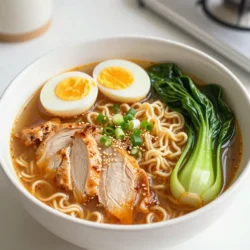 - 2 chicken breasts, thinly sliced - 4 cups chicken broth - 2 packs of ramen noodles (discard the seasoning packets) - 4 cloves garlic, minced - 1 tablespoon ginger, freshly grated - 2 tablespoons soy sauce - 1 tablespoon sesame oil - 2 tablespoons Sriracha (adjust based on spice preference) - 1 cup bok choy, roughly chopped - 1/2 cup green onions, sliced - Sesame seeds for garnish - 2 soft-boiled eggs (optional) This bowl of spicy garlic chicken ramen has all the good stuff. You start with chicken breasts for protein. The chicken broth adds a rich flavor. Ramen noodles make it filling and fun to eat. Next, you add garlic and ginger for that punch of flavor. Soy sauce brings a savory taste. Sesame oil adds depth, while Sriracha gives it a spicy kick. You can adjust the Sriracha to make it milder or hotter, depending on your taste. Don't forget the fresh veggies! Bok choy adds a nice crunch and color. Green onions give it a fresh finish. You can top your ramen with soft-boiled eggs for extra richness. Lastly, a sprinkle of sesame seeds adds a delightful crunch. Each ingredient brings something special to the bowl. Together, they create a warm and satisfying meal. {{ingredient_image_2}} First, heat 1 tablespoon of sesame oil in a large pot over medium heat. Once the oil is hot, add 4 cloves of minced garlic and 1 tablespoon of freshly grated ginger. Sauté these for about 1 minute. You want them to smell amazing but not burn. Next, add 2 thinly sliced chicken breasts to the pot. Cook the chicken for about 5 to 7 minutes. Stir often until the chicken is browned and cooked all the way through. It should look golden and no longer pink. Now, pour in 4 cups of chicken broth. Add 2 tablespoons of soy sauce and 1 tablespoon of Sriracha. Stir well to mix everything. Bring the pot to a gentle simmer. This lets the flavors blend perfectly. In a separate pot, boil water. Add 2 packs of ramen noodles, but discard the seasoning packets. Cook the noodles for around 3 to 4 minutes. Once done, drain the noodles and set them aside. Return to your broth. Add 1 cup of roughly chopped bok choy. Let it simmer for an additional 2 to 3 minutes. This step makes the bok choy tender and flavorful. Now, it’s time to serve. In each bowl, place a portion of the cooked ramen noodles. Ladle a generous amount of the spicy garlic chicken and broth mixture over the noodles. Make sure to include the chicken and bok choy in each bowl. If you want, you can top your ramen with soft-boiled eggs. Cut them in half and place one half on each bowl. Finally, garnish with sliced green onions and a sprinkle of sesame seeds. This adds texture and looks great! To make your Spicy Garlic Chicken Ramen truly shine, adjust the spice levels with Sriracha. Start with one tablespoon for a mild kick. If you love heat, add more Sriracha until it fits your taste. Remember, you can always add spice, but you can’t take it away! Use fresh ingredients to enhance the dish. Fresh garlic and ginger bring a bright taste. Fresh bok choy adds crunch and color. These ingredients make your ramen richer and more enjoyable. To ensure your chicken is tender, slice it thinly. This helps it cook faster and stay juicy. Cook the chicken until it is no longer pink. Stir it often for even cooking. Properly cooking ramen noodles is key. Follow the package instructions carefully. Usually, they need about three to four minutes in boiling water. Drain them well to avoid sogginess when added to the soup. For the best presentation, use deep bowls. This allows you to layer the noodles, broth, and toppings nicely. Arrange the chicken and bok choy artfully on top for a colorful display. A sprinkle of sesame seeds adds a lovely crunch and makes it look gourmet. Pair your ramen with simple side dishes. A light salad with fresh greens complements the rich flavors. Steamed vegetables also work well, adding nutrition and color to your meal. Pro Tips Adjust Spice Level: Feel free to modify the amount of Sriracha to suit your heat preference. Start with less if you're unsure and add more for a spicier kick. Perfectly Soft-Boiled Eggs: To achieve the perfect soft-boiled egg, boil for 6-7 minutes and then plunge them into an ice bath immediately to stop the cooking process. Flavorful Broth: For added depth of flavor, consider simmering the chicken broth with a few slices of shiitake mushrooms or a dash of fish sauce. Fresh Herbs: Garnish your ramen with fresh herbs like cilantro or Thai basil for an aromatic touch that elevates the dish's flavor profile. {{image_4}} You can switch up the protein in your ramen. Tofu is a great vegetarian option. It soaks up flavors well and adds a nice texture. Simply press the tofu to remove extra water, then cut it into cubes and sauté it until golden. If you want something different, try beef or shrimp. Both cook quickly and add their own unique taste. Thinly slice beef for quick cooking or use fresh shrimp. Add them to the pot right after the garlic and ginger. You can also play with the broth. If you want a richer taste, use miso broth. It brings a deep umami flavor that pairs perfectly with the spices. Vegetable broth is another option if you want to keep it light. Feel free to add more spices. A pinch of chili flakes can boost the heat. Alternatively, a dash of lime juice can brighten the flavors. Experimenting will help you find your perfect broth. Ramen noodles are a classic choice, but you have other options. Whole wheat ramen offers a nuttier flavor and more fiber. It’s a healthy swap that still tastes great. For those who need gluten-free meals, gluten-free ramen is widely available. Udon noodles are another fun alternative. Their thick texture adds a different bite to your ramen. Just remember to adjust the cooking time based on the noodle type you choose. To store leftover ramen, cool it down to room temperature first. Place it in an airtight container. This way, it stays fresh for up to three days. Keep the noodles and broth separate if you can. This helps to keep the noodles from soaking too much broth and becoming mushy. Can you freeze Spicy Garlic Chicken Ramen? Yes, you can! However, I recommend freezing the broth and chicken separate from the noodles. Use freezer-safe containers to prevent freezer burn. This method helps maintain flavor and texture. You can store it for up to three months. For the best taste, reheat the broth gently on the stove. Avoid boiling it too hard. You can microwave the broth as well, but stir it every minute for even heat. For the noodles, add them directly into the hot broth. This keeps them from getting soggy. If you stored noodles separately, heat them in boiling water for just a minute. This way, you keep the perfect bite. Spicy Garlic Chicken Ramen is a warm and hearty dish. It combines tender chicken, rich broth, and flavorful toppings. The garlic and ginger bring a nice kick. Sriracha adds heat, while bok choy adds freshness. This ramen is filling and satisfying, perfect for any day. To reduce the spice, you can adjust the Sriracha. Start with one teaspoon instead of a tablespoon. You can also add more broth to dilute the heat. Another option is to add coconut milk for creaminess and sweetness. This helps tone down the spice level while keeping flavor. Yes, you can prepare parts of this ramen ahead of time. Cook the chicken and broth, then store them in the fridge. You can also pre-cook the ramen noodles but keep them separate. When ready to eat, just heat the broth and combine everything. This can save you time on busy days. Several sides can enhance your ramen experience. You can serve it with a simple cucumber salad for crunch. Steamed edamame adds protein and a light touch. If you like a bit of heat, try spicy pickled vegetables. These sides will balance the meal and add variety to your plate. This blog post walks you through making Spicy Garlic Chicken Ramen, from ingredients to serving. You learned how to cook the chicken, create a flavorful broth, and perfect the noodles. I shared tips to enhance taste and suggested fun variations. Enjoy your ramen adventures! Try different proteins or broth types to keep things exciting. With these tips, you’ll create a dish that warms the heart and satisfies your taste buds.