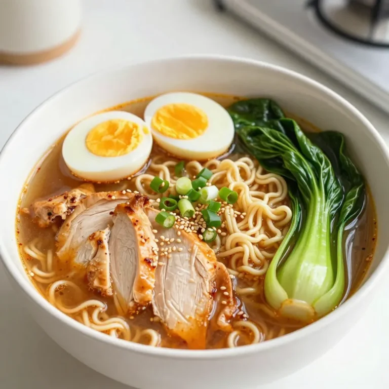 - 2 chicken breasts, thinly sliced - 4 cups chicken broth - 2 packs of ramen noodles (discard the seasoning packets) - 4 cloves garlic, minced - 1 tablespoon ginger, freshly grated - 2 tablespoons soy sauce - 1 tablespoon sesame oil - 2 tablespoons Sriracha (adjust based on spice preference) - 1 cup bok choy, roughly chopped - 1/2 cup green onions, sliced - Sesame seeds for garnish - 2 soft-boiled eggs (optional) This bowl of spicy garlic chicken ramen has all the good stuff. You start with chicken breasts for protein. The chicken broth adds a rich flavor. Ramen noodles make it filling and fun to eat. Next, you add garlic and ginger for that punch of flavor. Soy sauce brings a savory taste. Sesame oil adds depth, while Sriracha gives it a spicy kick. You can adjust the Sriracha to make it milder or hotter, depending on your taste. Don't forget the fresh veggies! Bok choy adds a nice crunch and color. Green onions give it a fresh finish. You can top your ramen with soft-boiled eggs for extra richness. Lastly, a sprinkle of sesame seeds adds a delightful crunch. Each ingredient brings something special to the bowl. Together, they create a warm and satisfying meal. {{ingredient_image_2}} First, heat 1 tablespoon of sesame oil in a large pot over medium heat. Once the oil is hot, add 4 cloves of minced garlic and 1 tablespoon of freshly grated ginger. Sauté these for about 1 minute. You want them to smell amazing but not burn. Next, add 2 thinly sliced chicken breasts to the pot. Cook the chicken for about 5 to 7 minutes. Stir often until the chicken is browned and cooked all the way through. It should look golden and no longer pink. Now, pour in 4 cups of chicken broth. Add 2 tablespoons of soy sauce and 1 tablespoon of Sriracha. Stir well to mix everything. Bring the pot to a gentle simmer. This lets the flavors blend perfectly. In a separate pot, boil water. Add 2 packs of ramen noodles, but discard the seasoning packets. Cook the noodles for around 3 to 4 minutes. Once done, drain the noodles and set them aside. Return to your broth. Add 1 cup of roughly chopped bok choy. Let it simmer for an additional 2 to 3 minutes. This step makes the bok choy tender and flavorful. Now, it’s time to serve. In each bowl, place a portion of the cooked ramen noodles. Ladle a generous amount of the spicy garlic chicken and broth mixture over the noodles. Make sure to include the chicken and bok choy in each bowl. If you want, you can top your ramen with soft-boiled eggs. Cut them in half and place one half on each bowl. Finally, garnish with sliced green onions and a sprinkle of sesame seeds. This adds texture and looks great! To make your Spicy Garlic Chicken Ramen truly shine, adjust the spice levels with Sriracha. Start with one tablespoon for a mild kick. If you love heat, add more Sriracha until it fits your taste. Remember, you can always add spice, but you can’t take it away! Use fresh ingredients to enhance the dish. Fresh garlic and ginger bring a bright taste. Fresh bok choy adds crunch and color. These ingredients make your ramen richer and more enjoyable. To ensure your chicken is tender, slice it thinly. This helps it cook faster and stay juicy. Cook the chicken until it is no longer pink. Stir it often for even cooking. Properly cooking ramen noodles is key. Follow the package instructions carefully. Usually, they need about three to four minutes in boiling water. Drain them well to avoid sogginess when added to the soup. For the best presentation, use deep bowls. This allows you to layer the noodles, broth, and toppings nicely. Arrange the chicken and bok choy artfully on top for a colorful display. A sprinkle of sesame seeds adds a lovely crunch and makes it look gourmet. Pair your ramen with simple side dishes. A light salad with fresh greens complements the rich flavors. Steamed vegetables also work well, adding nutrition and color to your meal. Pro Tips Adjust Spice Level: Feel free to modify the amount of Sriracha to suit your heat preference. Start with less if you're unsure and add more for a spicier kick. Perfectly Soft-Boiled Eggs: To achieve the perfect soft-boiled egg, boil for 6-7 minutes and then plunge them into an ice bath immediately to stop the cooking process. Flavorful Broth: For added depth of flavor, consider simmering the chicken broth with a few slices of shiitake mushrooms or a dash of fish sauce. Fresh Herbs: Garnish your ramen with fresh herbs like cilantro or Thai basil for an aromatic touch that elevates the dish's flavor profile. {{image_4}} You can switch up the protein in your ramen. Tofu is a great vegetarian option. It soaks up flavors well and adds a nice texture. Simply press the tofu to remove extra water, then cut it into cubes and sauté it until golden. If you want something different, try beef or shrimp. Both cook quickly and add their own unique taste. Thinly slice beef for quick cooking or use fresh shrimp. Add them to the pot right after the garlic and ginger. You can also play with the broth. If you want a richer taste, use miso broth. It brings a deep umami flavor that pairs perfectly with the spices. Vegetable broth is another option if you want to keep it light. Feel free to add more spices. A pinch of chili flakes can boost the heat. Alternatively, a dash of lime juice can brighten the flavors. Experimenting will help you find your perfect broth. Ramen noodles are a classic choice, but you have other options. Whole wheat ramen offers a nuttier flavor and more fiber. It’s a healthy swap that still tastes great. For those who need gluten-free meals, gluten-free ramen is widely available. Udon noodles are another fun alternative. Their thick texture adds a different bite to your ramen. Just remember to adjust the cooking time based on the noodle type you choose. To store leftover ramen, cool it down to room temperature first. Place it in an airtight container. This way, it stays fresh for up to three days. Keep the noodles and broth separate if you can. This helps to keep the noodles from soaking too much broth and becoming mushy. Can you freeze Spicy Garlic Chicken Ramen? Yes, you can! However, I recommend freezing the broth and chicken separate from the noodles. Use freezer-safe containers to prevent freezer burn. This method helps maintain flavor and texture. You can store it for up to three months. For the best taste, reheat the broth gently on the stove. Avoid boiling it too hard. You can microwave the broth as well, but stir it every minute for even heat. For the noodles, add them directly into the hot broth. This keeps them from getting soggy. If you stored noodles separately, heat them in boiling water for just a minute. This way, you keep the perfect bite. Spicy Garlic Chicken Ramen is a warm and hearty dish. It combines tender chicken, rich broth, and flavorful toppings. The garlic and ginger bring a nice kick. Sriracha adds heat, while bok choy adds freshness. This ramen is filling and satisfying, perfect for any day. To reduce the spice, you can adjust the Sriracha. Start with one teaspoon instead of a tablespoon. You can also add more broth to dilute the heat. Another option is to add coconut milk for creaminess and sweetness. This helps tone down the spice level while keeping flavor. Yes, you can prepare parts of this ramen ahead of time. Cook the chicken and broth, then store them in the fridge. You can also pre-cook the ramen noodles but keep them separate. When ready to eat, just heat the broth and combine everything. This can save you time on busy days. Several sides can enhance your ramen experience. You can serve it with a simple cucumber salad for crunch. Steamed edamame adds protein and a light touch. If you like a bit of heat, try spicy pickled vegetables. These sides will balance the meal and add variety to your plate. This blog post walks you through making Spicy Garlic Chicken Ramen, from ingredients to serving. You learned how to cook the chicken, create a flavorful broth, and perfect the noodles. I shared tips to enhance taste and suggested fun variations. Enjoy your ramen adventures! Try different proteins or broth types to keep things exciting. With these tips, you’ll create a dish that warms the heart and satisfies your taste buds.