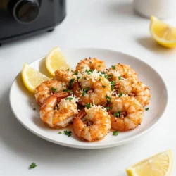 - 1 pound large shrimp, peeled and deveined - 3 tablespoons extra virgin olive oil - 4 cloves fresh garlic, finely minced - 1 teaspoon smoked paprika - ½ teaspoon freshly ground black pepper - ½ teaspoon sea salt - ½ cup freshly grated Parmesan cheese - 2 tablespoons fresh parsley, finely chopped - Lemon wedges, for serving You can swap large shrimp for medium or small shrimp if you prefer. For a lighter option, use a mix of olive oil and lemon juice. Instead of Parmesan, try Pecorino Romano or even nutritional yeast for a vegan twist. If you lack fresh garlic, use garlic powder—adjust the amount to taste. Smoked paprika can be replaced with regular paprika, but it will lack the smoky flavor. Fresh shrimp taste great, but frozen shrimp are just as good and often more convenient. If using frozen shrimp, make sure to thaw them first. Place them in cold water for about 15 minutes. This step makes cooking easier and keeps the shrimp juicy. Both fresh and frozen shrimp work well in this recipe, so choose what you like best! {{ingredient_image_2}} 1. First, gather your ingredients. You will need shrimp, olive oil, garlic, smoked paprika, black pepper, salt, Parmesan cheese, parsley, and lemon wedges. 2. In a medium bowl, mix the olive oil, minced garlic, smoked paprika, black pepper, and sea salt. Whisk them together until they blend well. 3. Next, add the shrimp to the bowl. Toss them gently in the garlic mixture. Make sure every piece is coated. For the best flavor, let them sit for at least 15 minutes. 1. While the shrimp sits, preheat your air fryer to 400°F (200°C). This takes about 5 minutes. 2. After marinating, sprinkle the grated Parmesan cheese over the shrimp. Toss them again until all are covered with cheese. 3. Place the shrimp in the air fryer basket. Arrange them in a single layer. Leave space between each shrimp for proper air flow. 4. Cook the shrimp for 6 to 8 minutes. Shake the basket halfway through to ensure even cooking. Look for the shrimp to turn pink and opaque. The cheese will become crispy. - Make sure to marinate the shrimp. This adds great flavor and moisture. - Do not overcrowd the basket. Cooking in batches helps achieve a better texture. - Keep an eye on the shrimp as they cook. Overcooked shrimp become rubbery. Aim for that perfect pink color and slight firmness. To get the best taste, marinate your shrimp. Mix olive oil, garlic, smoked paprika, black pepper, and salt in a bowl. Whisk them well. Next, add the shrimp. Toss them gently to coat each piece. Let them sit for at least 15 minutes. This step lets the flavors soak into the shrimp. If you have more time, try marinating for 30 minutes. The longer, the better! Set your air fryer to 400°F (200°C). This high heat helps cook the shrimp quickly. Preheat it for about 5 minutes. This step ensures that the shrimp cook evenly. Cook the shrimp for 6-8 minutes. Remember to shake the basket halfway through. This action helps the shrimp cook on all sides. The shrimp should change to a pink color and look opaque when done. Watch the cooking time closely. Shrimp cook fast, and overcooking can make them tough. Check them at 6 minutes. If they look pink and opaque, they are ready. If not, cook for another minute. Always take them out right when they finish cooking. If you let them sit too long, they will continue to cook. Enjoy your perfectly tender shrimp! Pro Tips Marinate for Maximum Flavor: Allow the shrimp to marinate for at least 15 minutes to absorb all the delicious flavors of the garlic and spices. Even Cooking is Key: Arrange the shrimp in a single layer and avoid overcrowding the air fryer basket to ensure even cooking and crispiness. Adjust Cooking Time: Keep an eye on the shrimp while cooking; depending on their size, they may need a little extra time or may cook faster. Garnish for Presentation: Sprinkle fresh parsley before serving to add a pop of color and a fresh flavor that complements the dish beautifully. {{image_4}} You can spice up your garlic Parmesan shrimp in many ways. Feel free to add a pinch of cayenne pepper for heat. Paprika adds a nice smoky flavor too. You might also try Italian herbs like oregano or thyme. These will give your dish a fresh twist. Experiment with your favorite spices for a unique taste. The goal is to make this dish your own. While Parmesan is great, there are other cheeses to consider. For a creamy touch, try using mozzarella. It melts beautifully and adds a nice texture. Feta cheese brings a tangy flavor that pairs well with shrimp. If you love blue cheese, sprinkle some on top for a bold taste. Each cheese offers a different experience, so don't hesitate to mix things up! To enhance your meal, consider what you serve alongside the shrimp. A simple salad with greens and lemon dressing works well. Rice or quinoa is a great side to soak up the flavors. For a more filling meal, serve the shrimp with pasta tossed in garlic oil. You can also serve it with crusty bread to soak up the juices. These pairings make your dish complete and satisfying. To store leftover shrimp, let them cool first. Place them in an airtight container. You can keep them in the fridge for up to three days. Make sure to seal the container tight to keep the shrimp fresh. When you're ready to eat the shrimp again, reheat them in the air fryer. Set the air fryer to 350°F (175°C). Heat the shrimp for about 3-5 minutes. This way, they stay crispy and delicious. You can also use a microwave, but the shrimp may lose their crunch. If you want to keep shrimp longer, freezing is a great option. Start by placing the cooked shrimp in a single layer on a baking sheet. Freeze them for about an hour until solid. Once frozen, transfer them to a freezer-safe bag. Remove as much air as possible. They can last in the freezer for up to three months. When ready to eat, thaw them overnight in the fridge before reheating. You can air fry frozen shrimp at 400°F for about 10 to 12 minutes. Make sure to shake the basket halfway through. This helps the shrimp cook evenly. If your shrimp are clumped together, separate them before cooking. Yes, you can use pre-cooked shrimp for this recipe. Just skip the marinating step. Air fry the shrimp for about 4 to 6 minutes to warm them up. Add the Parmesan cheese at the start of cooking. This will help it melt and stick to the shrimp. You can serve garlic parmesan shrimp with many sides. Here are some great ideas: - Rice: White or brown rice pairs well. - Pasta: Toss with spaghetti for a heartier meal. - Salad: A fresh green salad adds crunch. - Vegetables: Roasted or steamed veggies are a healthy choice. - Bread: Garlic bread is always a hit. Feel free to mix and match these sides to create a meal you love! This post covered key points about cooking shrimp. We explored ingredients, swaps, and freshness. Then, I gave you clear steps for prep, cooking, and tips for perfect shrimp. I shared tricks for great flavor, right cooking temps, and how to avoid overcooking. We also looked at tasty variations and proper storage methods. In the end, making shrimp can be fun and easy. Enjoy experimenting with flavors and share your delicious results!
