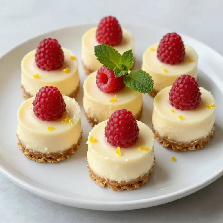 For these tasty bites, you need: - 1 cup graham cracker crumbs - 4 tablespoons unsalted butter, melted - 12 oz cream cheese, softened - 1 cup powdered sugar - Zest of 1 large lemon - 2 tablespoons freshly squeezed lemon juice - 1 teaspoon pure vanilla extract - 1 cup fresh raspberries, plus extra for garnish - Fresh mint leaves for garnish These ingredients come together to create a creamy, dreamy dessert. The graham cracker crumbs form a crunchy crust. Cream cheese adds richness, while lemon brings a bright zing. Raspberries give a sweet, tart burst in each bite. To make your bites even more special, consider these garnishes: - Extra fresh raspberries on top - A sprig of mint for color - A drizzle of raspberry puree for flair These extras not only look nice but also add flavor. You can impress your friends with a simple touch. If you need to change things up, here are some easy swaps: - Use almond flour instead of graham cracker crumbs for a gluten-free crust. - Substitute mascarpone cheese for cream cheese for a creamier filling. - Try lime or orange zest for a different citrus twist. These substitutions help you adapt the recipe to your taste or needs. You can still enjoy delicious cheesecake bites without stress. {{ingredient_image_2}} To start, you make the crust. Grab a medium mixing bowl. Add 1 cup of graham cracker crumbs and 4 tablespoons of melted unsalted butter. Mix them well until they look crumbly. Next, press this mixture firmly into the bottom of mini muffin tins. Make sure it's even. This forms a solid base for your cheesecake bites. Once done, put the tins in the refrigerator to chill while you prepare the filling. Now, let's work on the filling. In a large mixing bowl, beat 12 ounces of softened cream cheese. Use an electric mixer for this. Mix until it's smooth and creamy. Slowly add 1 cup of powdered sugar, the zest of 1 large lemon, 2 tablespoons of lemon juice, and 1 teaspoon of pure vanilla extract. Keep mixing on medium speed until everything is incorporated and fluffy. This filling is what makes your bites so rich and delicious. It's time to add some color and flavor. Take 1 cup of fresh raspberries. Gently fold them into the cheesecake mixture with a spatula. Be careful not to mash them too much. You want to keep some shape for texture and taste. This step adds a nice burst of raspberry goodness in each bite. Once mixed, you’re ready to fill the crusts. To get a smooth and creamy cheesecake, start with softened cream cheese. Cold cream cheese will not mix well. Beat it well until it is fluffy. This adds air and makes the texture light. Mix in the other ingredients slowly. Over-mixing can make the cheesecake dense. Chill the bites for at least four hours to set. Overnight is even better for the best taste. When adding raspberries, be gentle. Use a spatula to fold them into the mixture. This keeps the berries whole and prevents mushiness. If you stir too hard, you may break them apart. Aim for a swirl of color and flavor. This adds a lovely look and taste to each bite. Serve your cheesecake bites on a nice plate. Arrange them neatly in rows for a clean look. For a fun touch, drizzle raspberry puree on the plate. This adds color and a burst of flavor. Top each bite with extra raspberries and mint leaves. This makes the bites look even more appealing. Enjoy these treats at parties or family gatherings! Pro Tips Fresh Ingredients: Always use fresh raspberries for the best flavor and texture. They add a delightful burst of sweetness to the cheesecake bites. Chill Time: For the best results, let the cheesecake bites chill overnight. This allows the flavors to meld, resulting in a richer taste. Variations: Experiment with different fruits such as strawberries or blueberries for varied flavors. You can also add a splash of almond extract for a unique twist. Presentation: Garnish with a drizzle of raspberry sauce or a dusting of powdered sugar for an elegant finish that enhances both taste and visual appeal. {{image_4}} You can swap raspberries for other fruits. Strawberries give a sweet twist. Blueberries add a fun pop of color and flavor. Cherries bring a tart kick. Mango can offer a tropical vibe. Each fruit changes the taste, so feel free to experiment! If you need a gluten-free crust, use almond flour. Mix it with melted butter for a nutty base. You can also try gluten-free graham crackers. They give the same great taste without the gluten. Just make sure to check the label for any hidden gluten. Want to mix things up? Add a pinch of salt to the filling. This helps boost the flavors. You can also try different extracts, like almond or lemon. A splash of coconut milk can add creaminess. For a hint of spice, consider a dash of cinnamon. These additions make each bite unique and fun! To keep your lemon raspberry cheesecake bites fresh, store them in an airtight container. Place a layer of parchment paper between the bites to prevent sticking. This method keeps them nice and tasty for days. These cheesecake bites will stay fresh in the fridge for about five days. After that, they may lose flavor and texture. If you want to enjoy them longer, consider freezing. To freeze your cheesecake bites, first, let them chill in the fridge. Once set, remove them from the muffin tins. Arrange them on a baking sheet in a single layer. Freeze for about two hours. Then, transfer them to a freezer-safe bag. They can last up to three months in the freezer. When you’re ready to eat them, just thaw in the fridge overnight. Enjoy your tasty treat! Yes, you can make these cheesecake bites ahead of time. They taste great when chilled. I suggest making them the day before your event. This gives them time to set well in the fridge. Cover them tightly with plastic wrap or foil. This keeps them fresh and prevents any odors from mixing in. If you want a lighter option, use Greek yogurt. It adds creaminess and tanginess. You can also try ricotta cheese for a different texture. Just blend it well until smooth. For a dairy-free choice, use vegan cream cheese. These options can create tasty variations in flavor. You know the cheesecake is set when it feels firm to the touch. It should not jiggle when you move the muffin tin. The bites also need at least four hours in the fridge. For the best results, let them chill overnight. This helps the flavors meld and improves the texture. Lemon raspberry cheesecake bites are a delightful treat. We covered key ingredients, like graham crackers and fresh fruit. I shared step-by-step instructions for a creamy filling and perfect texture. You can customize these bites with different fruits and gluten-free options. Store them well and enjoy their freshness later. With these tips, you can create your own delicious bites. Now it's your turn to enjoy making and sharing these tasty treats!