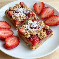To make these delicious Strawberry Oatmeal Crumble Bars, gather the following items: - 2 cups rolled oats - 1 cup all-purpose flour - 1/2 cup brown sugar, packed - 1/4 cup granulated sugar - 1/2 teaspoon salt - 1/2 teaspoon baking powder - 1/2 cup unsalted butter, melted - 1 teaspoon vanilla extract - 2 cups fresh strawberries, hulled and sliced - 2 tablespoons cornstarch - 2 tablespoons lemon juice - 1 tablespoon honey Each ingredient plays a key role in creating the perfect balance of flavor and texture. You can enhance your bars with some fun add-ins. Consider adding: - 1/2 cup chopped nuts, like walnuts or pecans - 1 teaspoon cinnamon for warmth - 1/2 cup chocolate chips for a sweet twist Feel free to swap ingredients based on your taste. You can use almond flour instead of all-purpose flour for a gluten-free option. Before you start, gather these essential tools: - Large mixing bowl - 9x9 inch baking pan - Spatula for mixing - Measuring cups and spoons - Wire rack for cooling Having your equipment ready makes the cooking process smoother and more fun. {{ingredient_image_2}} 1. Preheat your oven to 350°F (175°C). This step warms the oven for even baking. 2. Grab a 9x9 inch baking pan. Grease it lightly or line it with parchment paper. This helps with easy removal later. 3. In a large mixing bowl, combine the rolled oats, all-purpose flour, packed brown sugar, granulated sugar, salt, and baking powder. Mix well until everything is blended. 1. Pour the melted unsalted butter and vanilla extract into the dry mix. Stir everything together until it forms a crumbly mixture. It should look like wet sand. 2. Set aside about two-thirds of this oat mixture. Press the remaining mixture firmly into the bottom of the baking pan. This creates a solid base for your bars. 3. In another bowl, mix the sliced strawberries with cornstarch, lemon juice, and honey. Toss gently to coat the strawberries. This adds flavor and thickens the juices. 1. Spread the strawberry mixture evenly over the pressed oat base in the pan. Make sure it’s spread out evenly for a great taste. 2. Sprinkle the reserved oat mixture over the strawberries. This will form a nice crumble topping. 3. Place the baking pan in the oven. Bake for about 30-35 minutes. Look for a golden brown topping and bubbling strawberry filling. 4. Once baked, remove the pan from the oven. Let the bars cool in the pan for at least 15 minutes. This helps them set. After that, transfer them to a wire rack to cool completely. 5. Once cool, cut the bars into squares. They are now ready to be served! Enjoy the deliciousness! To get the best crumble texture, focus on mixing. Combine oats, flour, and sugars well first. When you add melted butter, mix until it looks like wet sand. This step is key. Don’t over-mix; you want some clumps. Press two-thirds of the mixture tightly into the pan. This creates a solid base. Leave the rest loose for that crumbly topping. These bars shine when you serve them warm. Top them with a scoop of vanilla ice cream or a dollop of whipped cream. You can even add a sprinkle of cinnamon for extra flavor. Fresh strawberries on the side make it even better. You can also dust them with powdered sugar to make them look fancy. To avoid soggy bars, ensure your strawberries are dry. Pat them after washing. If your filling seems too runny, mix in more cornstarch. This will help thicken it up. Make sure you bake until the top is golden brown to avoid undercooked filling. Let them cool completely before cutting. This helps them set and stay together. Pro Tips Use Fresh Strawberries: For the best flavor and texture, always opt for fresh strawberries. They not only enhance the taste but also provide a vibrant color to your crumble bars. Chill the Dough: If you have time, chill the oat mixture for about 30 minutes before pressing it into the pan. This helps the butter firm up, resulting in a better crumble texture. Experiment with Flavors: Feel free to add a pinch of cinnamon or nutmeg to the oat mixture for a warm spice note. You can also swap out strawberries for other fruits like blueberries or raspberries. Store Properly: To keep your bars fresh, store them in an airtight container at room temperature for up to 3 days, or refrigerate for longer shelf life. You can also freeze them for up to a month! {{image_4}} You can swap out strawberries for other fruits. Blueberries and raspberries work great too. Each fruit brings its unique taste. You can also mix fruits. Try half strawberries and half blueberries for a fun twist! The flavors blend nicely, and it looks pretty. If you need gluten-free bars, use gluten-free oats and flour. Make sure they are certified gluten-free. For vegan options, replace the butter with coconut oil or a vegan butter. Use flaxseed meal mixed with water instead of honey. This keeps the bars tasty while fitting your diet. Want to make your bars even more fun? Add chocolate chips or nuts! Dark chocolate chips bring a rich flavor. Chopped nuts like almonds or walnuts add crunch. You could even try seeds like sunflower or pumpkin for a different texture. Mix and match to find your favorite combo! To keep your Strawberry Oatmeal Crumble Bars fresh, store them in an air-tight container. This helps prevent them from drying out. You can also line the container with parchment paper to avoid sticking. If you have more bars than you can eat, refrigeration is a great option. The cool temperature helps maintain their texture and flavor. At room temperature, these bars last about 2 to 3 days. If you store them in the fridge, they can stay good for up to a week. Keeping them cold slows down spoilage, so I recommend this if you can. Make sure to check for any signs of mold or off smells before eating. To freeze your bars, first, let them cool completely. Cut them into squares and wrap each piece in plastic wrap. Place the wrapped bars in a freezer bag or container. This keeps them from getting freezer burn. When you're ready to eat one, remove it from the freezer and let it thaw in the fridge overnight. You can also warm them up in the microwave for a few seconds. Enjoy your tasty treat whenever you want! You can use frozen strawberries if fresh ones are not available. Just make sure to thaw them first. Other fruits like blueberries, raspberries, or peaches can also work well. Each fruit adds a unique flavor, so feel free to experiment! Yes, you can prepare these bars ahead of time. Make them a day before and store them in an airtight container. This helps the flavors blend well. If you want to keep them longer, you can freeze them. Just wrap each bar tightly in plastic wrap and place them in a freezer bag. These bars contain whole oats, which are great for your heart. Oats provide fiber, helping with digestion. Strawberries are full of vitamins and antioxidants. Using less sugar and butter makes this treat a healthier choice overall. Enjoying these bars can be a tasty way to add nutrients to your day! You learned how to make delicious strawberry oatmeal crumble bars. We discussed key ingredients, precise measurements, and necessary kitchen tools. I provided step-by-step instructions for preparation, baking, and storage. You explored variations, serving ideas, and ways to troubleshoot common issues. With these tips, you can enjoy baking and sharing these tasty bars. Remember, experimenting with flavors or dietary changes makes the experience even better. Let your creativity shine in the kitchen!