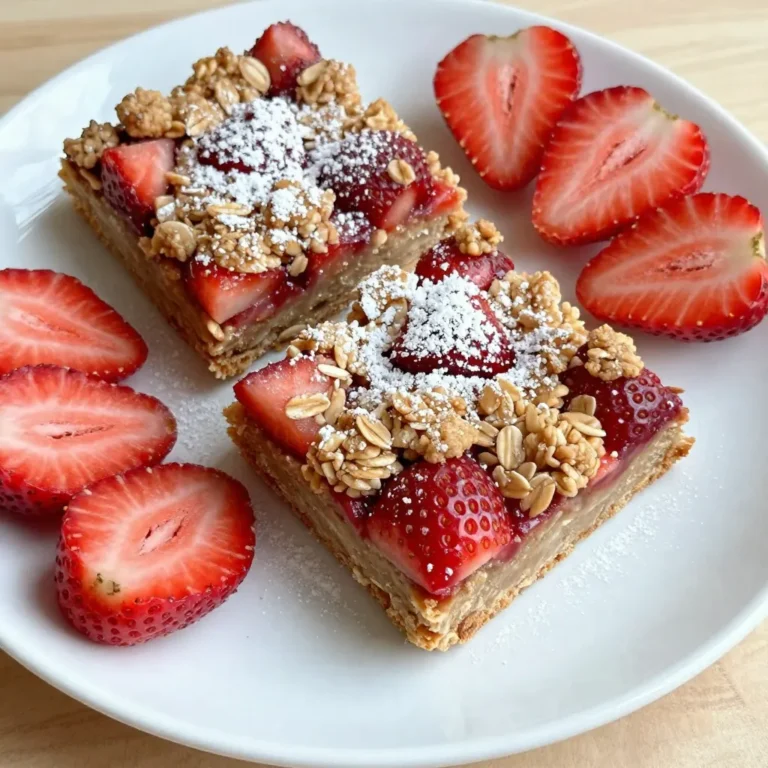 To make these delicious Strawberry Oatmeal Crumble Bars, gather the following items: - 2 cups rolled oats - 1 cup all-purpose flour - 1/2 cup brown sugar, packed - 1/4 cup granulated sugar - 1/2 teaspoon salt - 1/2 teaspoon baking powder - 1/2 cup unsalted butter, melted - 1 teaspoon vanilla extract - 2 cups fresh strawberries, hulled and sliced - 2 tablespoons cornstarch - 2 tablespoons lemon juice - 1 tablespoon honey Each ingredient plays a key role in creating the perfect balance of flavor and texture. You can enhance your bars with some fun add-ins. Consider adding: - 1/2 cup chopped nuts, like walnuts or pecans - 1 teaspoon cinnamon for warmth - 1/2 cup chocolate chips for a sweet twist Feel free to swap ingredients based on your taste. You can use almond flour instead of all-purpose flour for a gluten-free option. Before you start, gather these essential tools: - Large mixing bowl - 9x9 inch baking pan - Spatula for mixing - Measuring cups and spoons - Wire rack for cooling Having your equipment ready makes the cooking process smoother and more fun. {{ingredient_image_2}} 1. Preheat your oven to 350°F (175°C). This step warms the oven for even baking. 2. Grab a 9x9 inch baking pan. Grease it lightly or line it with parchment paper. This helps with easy removal later. 3. In a large mixing bowl, combine the rolled oats, all-purpose flour, packed brown sugar, granulated sugar, salt, and baking powder. Mix well until everything is blended. 1. Pour the melted unsalted butter and vanilla extract into the dry mix. Stir everything together until it forms a crumbly mixture. It should look like wet sand. 2. Set aside about two-thirds of this oat mixture. Press the remaining mixture firmly into the bottom of the baking pan. This creates a solid base for your bars. 3. In another bowl, mix the sliced strawberries with cornstarch, lemon juice, and honey. Toss gently to coat the strawberries. This adds flavor and thickens the juices. 1. Spread the strawberry mixture evenly over the pressed oat base in the pan. Make sure it’s spread out evenly for a great taste. 2. Sprinkle the reserved oat mixture over the strawberries. This will form a nice crumble topping. 3. Place the baking pan in the oven. Bake for about 30-35 minutes. Look for a golden brown topping and bubbling strawberry filling. 4. Once baked, remove the pan from the oven. Let the bars cool in the pan for at least 15 minutes. This helps them set. After that, transfer them to a wire rack to cool completely. 5. Once cool, cut the bars into squares. They are now ready to be served! Enjoy the deliciousness! To get the best crumble texture, focus on mixing. Combine oats, flour, and sugars well first. When you add melted butter, mix until it looks like wet sand. This step is key. Don’t over-mix; you want some clumps. Press two-thirds of the mixture tightly into the pan. This creates a solid base. Leave the rest loose for that crumbly topping. These bars shine when you serve them warm. Top them with a scoop of vanilla ice cream or a dollop of whipped cream. You can even add a sprinkle of cinnamon for extra flavor. Fresh strawberries on the side make it even better. You can also dust them with powdered sugar to make them look fancy. To avoid soggy bars, ensure your strawberries are dry. Pat them after washing. If your filling seems too runny, mix in more cornstarch. This will help thicken it up. Make sure you bake until the top is golden brown to avoid undercooked filling. Let them cool completely before cutting. This helps them set and stay together. Pro Tips Use Fresh Strawberries: For the best flavor and texture, always opt for fresh strawberries. They not only enhance the taste but also provide a vibrant color to your crumble bars. Chill the Dough: If you have time, chill the oat mixture for about 30 minutes before pressing it into the pan. This helps the butter firm up, resulting in a better crumble texture. Experiment with Flavors: Feel free to add a pinch of cinnamon or nutmeg to the oat mixture for a warm spice note. You can also swap out strawberries for other fruits like blueberries or raspberries. Store Properly: To keep your bars fresh, store them in an airtight container at room temperature for up to 3 days, or refrigerate for longer shelf life. You can also freeze them for up to a month! {{image_4}} You can swap out strawberries for other fruits. Blueberries and raspberries work great too. Each fruit brings its unique taste. You can also mix fruits. Try half strawberries and half blueberries for a fun twist! The flavors blend nicely, and it looks pretty. If you need gluten-free bars, use gluten-free oats and flour. Make sure they are certified gluten-free. For vegan options, replace the butter with coconut oil or a vegan butter. Use flaxseed meal mixed with water instead of honey. This keeps the bars tasty while fitting your diet. Want to make your bars even more fun? Add chocolate chips or nuts! Dark chocolate chips bring a rich flavor. Chopped nuts like almonds or walnuts add crunch. You could even try seeds like sunflower or pumpkin for a different texture. Mix and match to find your favorite combo! To keep your Strawberry Oatmeal Crumble Bars fresh, store them in an air-tight container. This helps prevent them from drying out. You can also line the container with parchment paper to avoid sticking. If you have more bars than you can eat, refrigeration is a great option. The cool temperature helps maintain their texture and flavor. At room temperature, these bars last about 2 to 3 days. If you store them in the fridge, they can stay good for up to a week. Keeping them cold slows down spoilage, so I recommend this if you can. Make sure to check for any signs of mold or off smells before eating. To freeze your bars, first, let them cool completely. Cut them into squares and wrap each piece in plastic wrap. Place the wrapped bars in a freezer bag or container. This keeps them from getting freezer burn. When you're ready to eat one, remove it from the freezer and let it thaw in the fridge overnight. You can also warm them up in the microwave for a few seconds. Enjoy your tasty treat whenever you want! You can use frozen strawberries if fresh ones are not available. Just make sure to thaw them first. Other fruits like blueberries, raspberries, or peaches can also work well. Each fruit adds a unique flavor, so feel free to experiment! Yes, you can prepare these bars ahead of time. Make them a day before and store them in an airtight container. This helps the flavors blend well. If you want to keep them longer, you can freeze them. Just wrap each bar tightly in plastic wrap and place them in a freezer bag. These bars contain whole oats, which are great for your heart. Oats provide fiber, helping with digestion. Strawberries are full of vitamins and antioxidants. Using less sugar and butter makes this treat a healthier choice overall. Enjoying these bars can be a tasty way to add nutrients to your day! You learned how to make delicious strawberry oatmeal crumble bars. We discussed key ingredients, precise measurements, and necessary kitchen tools. I provided step-by-step instructions for preparation, baking, and storage. You explored variations, serving ideas, and ways to troubleshoot common issues. With these tips, you can enjoy baking and sharing these tasty bars. Remember, experimenting with flavors or dietary changes makes the experience even better. Let your creativity shine in the kitchen!