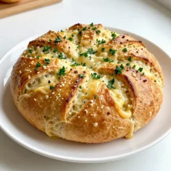 To make Garlic Parmesan Pull-Apart Bread, gather these simple ingredients: - 1 round loaf of artisan or sourdough bread - 1/2 cup unsalted butter, melted - 4 cloves garlic, finely minced - 1 cup shredded mozzarella cheese - 1/2 cup freshly grated Parmesan cheese - 1 tablespoon fresh parsley, finely chopped - 1 teaspoon dried oregano - 1 teaspoon garlic powder - Salt and black pepper, to taste These ingredients create a delightful blend of flavors, making each bite a treat. You can swap ingredients based on what you have at home. Here are some ideas: - Bread: Use any crusty bread if artisan or sourdough isn't available. - Butter: Olive oil can replace unsalted butter for a lighter version. - Cheese: Feel free to mix different cheeses like cheddar or gouda. - Garlic: Garlic powder can substitute fresh garlic if needed. - Herbs: Use dried parsley or basil if fresh herbs are not available. These substitutions keep the recipe flexible and fun. Using fresh herbs gives a bright taste. Fresh parsley adds color and zest. Dried herbs, like oregano, have a stronger flavor. They work well in this recipe, too. For best results, use fresh herbs when you can. If you only have dried, that’s fine! Adjust the amount based on your taste. Generally, use one-third of the amount when using dried herbs instead of fresh. This choice enhances the flavor and makes the bread even more enjoyable. {{ingredient_image_2}} Start by preheating your oven to 375°F (190°C). This step is key. A hot oven helps the bread bake evenly and become crispy. Make sure it’s fully heated before you add the bread. In a small saucepan, melt 1/2 cup of unsalted butter over low heat. Add 4 finely minced garlic cloves, 1 teaspoon of garlic powder, 1 teaspoon of dried oregano, salt, and black pepper. Stir gently for 2-3 minutes. You want the garlic to soften and the mix to smell great. Once fragrant, remove it from heat and let it cool slightly. Place your round loaf of artisan or sourdough bread on a lined baking sheet. Use a serrated knife to make a crisscross pattern. Cut about 1-inch apart, both horizontally and vertically. Be careful not to cut all the way through the bottom. This creates small squares that stay attached at the base. Gently pull apart the cut sections of the bread. This makes openings for the butter and cheese. Take a pastry brush and baste the garlic butter mixture into the cuts. Make sure each piece gets some of that tasty butter. Then, stuff the shredded mozzarella and grated Parmesan cheese into the gaps. Spread it out evenly so every piece is cheesy. Loosely wrap the bread in aluminum foil to keep it moist. Place it in the preheated oven and bake for 15-20 minutes. Afterward, carefully remove the foil. Bake for another 10-15 minutes until the cheese is bubbly and the crust is golden brown. Once done, sprinkle finely chopped parsley on top. Serve it warm and enjoy! For pull-apart bread, I recommend using a round loaf of artisan or sourdough bread. These types have a sturdy crust that can hold the filling well. They also have a soft, chewy inside, which is perfect for soaking up the garlic butter. Other great options include ciabatta or focaccia. These breads also offer a nice texture and flavor. To get that gooey, cheesy texture, choose high-quality mozzarella and Parmesan. Shred them yourself for the best melt. When you stuff the bread, make sure to pack the cheese into every gap. This helps create an even melt. Bake the bread covered in foil first, then uncover it to allow the cheese to bubble and brown nicely. This two-step baking ensures the cheese melts perfectly while keeping the bread moist. A few common mistakes can ruin your pull-apart bread. First, avoid cutting the bread too deep. You want the pieces to stay attached at the base. Also, don’t skimp on the garlic butter mixture. Make sure it soaks into all the cuts for maximum flavor. Lastly, keep an eye on your oven. Every oven is different, so adjust the baking time if needed. This way, you’ll avoid burning the bread or leaving the cheese undercooked. Pro Tips Use Fresh Garlic: Freshly minced garlic will provide a more robust and aromatic flavor compared to pre-minced options. Make sure to use high-quality garlic for the best taste. Choose the Right Bread: An artisan or sourdough bread works best for pull-apart bread as they have a sturdy structure to hold all the ingredients without falling apart. Customize Cheese Choices: Feel free to experiment with different cheese combinations, such as adding provolone or cheddar for a unique twist on the classic flavor. Serve Immediately: For the best experience, serve the bread right out of the oven while it's warm and the cheese is gooey. This ensures maximum flavor and enjoyment. {{image_4}} You can change up the cheese for more flavor. Try using gouda or cheddar for a twist. These cheeses melt well and add a nice depth. Mixing mozzarella with fontina gives a creamy texture. Don’t be afraid to experiment, as cheese adds richness to each bite. Adding fresh herbs can brighten the taste. You can use basil, thyme, or rosemary. These herbs bring a fresh aroma and flavor that complements garlic. Just chop them finely and mix with the butter. You can also sprinkle herbs on top for a pretty finish. If you like heat, add red pepper flakes. This small addition will give your bread a kick. Mix a teaspoon or two into the butter for a spicy touch. It’s a great way to make your pull-apart bread stand out. You can adjust the amount to match your spice level. To store leftover garlic Parmesan pull-apart bread, wrap it tightly in plastic wrap. You can also place it in an airtight container. This keeps the bread fresh for about 2 days at room temperature. If you want it to last longer, consider refrigerating it. Just remember, the bread may dry out in the fridge. When you’re ready to enjoy the leftover bread, preheat your oven to 350°F (175°C). Remove the bread from its wrap and place it on a baking sheet. Cover it loosely with aluminum foil to keep it moist. Heat for about 10 to 15 minutes. If you want a crispier crust, uncover it for the last 5 minutes. If you have more leftovers, freezing is a great choice. Wrap the bread tightly in plastic wrap and then in aluminum foil. This keeps out air and prevents freezer burn. The bread can stay in the freezer for up to 3 months. When you're ready to eat it, thaw it in the fridge overnight and reheat as mentioned above. Enjoy the cheesy goodness any time! Yes, you can make Garlic Parmesan Pull-Apart Bread in advance. Prepare the bread and garlic butter mixture the day before. Cut the bread and baste it with the butter. Cover it tightly with foil and store it in the fridge. When you are ready, simply bake it as directed. This method will enhance the flavors too! You will know the bread is done when the cheese is bubbly and golden. The crust should also be a nice, deep brown color. If you poke the bread with a fork, it should feel soft but not wet. Always trust your eyes and nose; the smell will be amazing when it’s ready! You can serve this bread with many tasty sides. Try it with marinara sauce for dipping. Garlic butter or olive oil also goes well. Pair it with a fresh salad for a balanced meal. You can even enjoy it as a side with pasta dishes. The choices are endless! This blog post shared the essentials for making Garlic Parmesan Pull-Apart Bread. We covered ingredients, from fresh herbs to cheese choices. You also learned step-by-step instructions for perfect preparation and baking. Remember the tips to choose the best bread and avoid common mistakes. Variations let you add your own twist, making every batch unique. Finally, the storage info ensures your leftovers last longer. Enjoy your baking adventure and impress everyone with your delicious bread!
