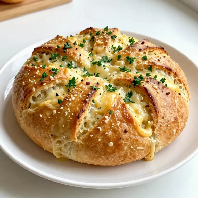 To make Garlic Parmesan Pull-Apart Bread, gather these simple ingredients: - 1 round loaf of artisan or sourdough bread - 1/2 cup unsalted butter, melted - 4 cloves garlic, finely minced - 1 cup shredded mozzarella cheese - 1/2 cup freshly grated Parmesan cheese - 1 tablespoon fresh parsley, finely chopped - 1 teaspoon dried oregano - 1 teaspoon garlic powder - Salt and black pepper, to taste These ingredients create a delightful blend of flavors, making each bite a treat. You can swap ingredients based on what you have at home. Here are some ideas: - Bread: Use any crusty bread if artisan or sourdough isn't available. - Butter: Olive oil can replace unsalted butter for a lighter version. - Cheese: Feel free to mix different cheeses like cheddar or gouda. - Garlic: Garlic powder can substitute fresh garlic if needed. - Herbs: Use dried parsley or basil if fresh herbs are not available. These substitutions keep the recipe flexible and fun. Using fresh herbs gives a bright taste. Fresh parsley adds color and zest. Dried herbs, like oregano, have a stronger flavor. They work well in this recipe, too. For best results, use fresh herbs when you can. If you only have dried, that’s fine! Adjust the amount based on your taste. Generally, use one-third of the amount when using dried herbs instead of fresh. This choice enhances the flavor and makes the bread even more enjoyable. {{ingredient_image_2}} Start by preheating your oven to 375°F (190°C). This step is key. A hot oven helps the bread bake evenly and become crispy. Make sure it’s fully heated before you add the bread. In a small saucepan, melt 1/2 cup of unsalted butter over low heat. Add 4 finely minced garlic cloves, 1 teaspoon of garlic powder, 1 teaspoon of dried oregano, salt, and black pepper. Stir gently for 2-3 minutes. You want the garlic to soften and the mix to smell great. Once fragrant, remove it from heat and let it cool slightly. Place your round loaf of artisan or sourdough bread on a lined baking sheet. Use a serrated knife to make a crisscross pattern. Cut about 1-inch apart, both horizontally and vertically. Be careful not to cut all the way through the bottom. This creates small squares that stay attached at the base. Gently pull apart the cut sections of the bread. This makes openings for the butter and cheese. Take a pastry brush and baste the garlic butter mixture into the cuts. Make sure each piece gets some of that tasty butter. Then, stuff the shredded mozzarella and grated Parmesan cheese into the gaps. Spread it out evenly so every piece is cheesy. Loosely wrap the bread in aluminum foil to keep it moist. Place it in the preheated oven and bake for 15-20 minutes. Afterward, carefully remove the foil. Bake for another 10-15 minutes until the cheese is bubbly and the crust is golden brown. Once done, sprinkle finely chopped parsley on top. Serve it warm and enjoy! For pull-apart bread, I recommend using a round loaf of artisan or sourdough bread. These types have a sturdy crust that can hold the filling well. They also have a soft, chewy inside, which is perfect for soaking up the garlic butter. Other great options include ciabatta or focaccia. These breads also offer a nice texture and flavor. To get that gooey, cheesy texture, choose high-quality mozzarella and Parmesan. Shred them yourself for the best melt. When you stuff the bread, make sure to pack the cheese into every gap. This helps create an even melt. Bake the bread covered in foil first, then uncover it to allow the cheese to bubble and brown nicely. This two-step baking ensures the cheese melts perfectly while keeping the bread moist. A few common mistakes can ruin your pull-apart bread. First, avoid cutting the bread too deep. You want the pieces to stay attached at the base. Also, don’t skimp on the garlic butter mixture. Make sure it soaks into all the cuts for maximum flavor. Lastly, keep an eye on your oven. Every oven is different, so adjust the baking time if needed. This way, you’ll avoid burning the bread or leaving the cheese undercooked. Pro Tips Use Fresh Garlic: Freshly minced garlic will provide a more robust and aromatic flavor compared to pre-minced options. Make sure to use high-quality garlic for the best taste. Choose the Right Bread: An artisan or sourdough bread works best for pull-apart bread as they have a sturdy structure to hold all the ingredients without falling apart. Customize Cheese Choices: Feel free to experiment with different cheese combinations, such as adding provolone or cheddar for a unique twist on the classic flavor. Serve Immediately: For the best experience, serve the bread right out of the oven while it's warm and the cheese is gooey. This ensures maximum flavor and enjoyment. {{image_4}} You can change up the cheese for more flavor. Try using gouda or cheddar for a twist. These cheeses melt well and add a nice depth. Mixing mozzarella with fontina gives a creamy texture. Don’t be afraid to experiment, as cheese adds richness to each bite. Adding fresh herbs can brighten the taste. You can use basil, thyme, or rosemary. These herbs bring a fresh aroma and flavor that complements garlic. Just chop them finely and mix with the butter. You can also sprinkle herbs on top for a pretty finish. If you like heat, add red pepper flakes. This small addition will give your bread a kick. Mix a teaspoon or two into the butter for a spicy touch. It’s a great way to make your pull-apart bread stand out. You can adjust the amount to match your spice level. To store leftover garlic Parmesan pull-apart bread, wrap it tightly in plastic wrap. You can also place it in an airtight container. This keeps the bread fresh for about 2 days at room temperature. If you want it to last longer, consider refrigerating it. Just remember, the bread may dry out in the fridge. When you’re ready to enjoy the leftover bread, preheat your oven to 350°F (175°C). Remove the bread from its wrap and place it on a baking sheet. Cover it loosely with aluminum foil to keep it moist. Heat for about 10 to 15 minutes. If you want a crispier crust, uncover it for the last 5 minutes. If you have more leftovers, freezing is a great choice. Wrap the bread tightly in plastic wrap and then in aluminum foil. This keeps out air and prevents freezer burn. The bread can stay in the freezer for up to 3 months. When you're ready to eat it, thaw it in the fridge overnight and reheat as mentioned above. Enjoy the cheesy goodness any time! Yes, you can make Garlic Parmesan Pull-Apart Bread in advance. Prepare the bread and garlic butter mixture the day before. Cut the bread and baste it with the butter. Cover it tightly with foil and store it in the fridge. When you are ready, simply bake it as directed. This method will enhance the flavors too! You will know the bread is done when the cheese is bubbly and golden. The crust should also be a nice, deep brown color. If you poke the bread with a fork, it should feel soft but not wet. Always trust your eyes and nose; the smell will be amazing when it’s ready! You can serve this bread with many tasty sides. Try it with marinara sauce for dipping. Garlic butter or olive oil also goes well. Pair it with a fresh salad for a balanced meal. You can even enjoy it as a side with pasta dishes. The choices are endless! This blog post shared the essentials for making Garlic Parmesan Pull-Apart Bread. We covered ingredients, from fresh herbs to cheese choices. You also learned step-by-step instructions for perfect preparation and baking. Remember the tips to choose the best bread and avoid common mistakes. Variations let you add your own twist, making every batch unique. Finally, the storage info ensures your leftovers last longer. Enjoy your baking adventure and impress everyone with your delicious bread!