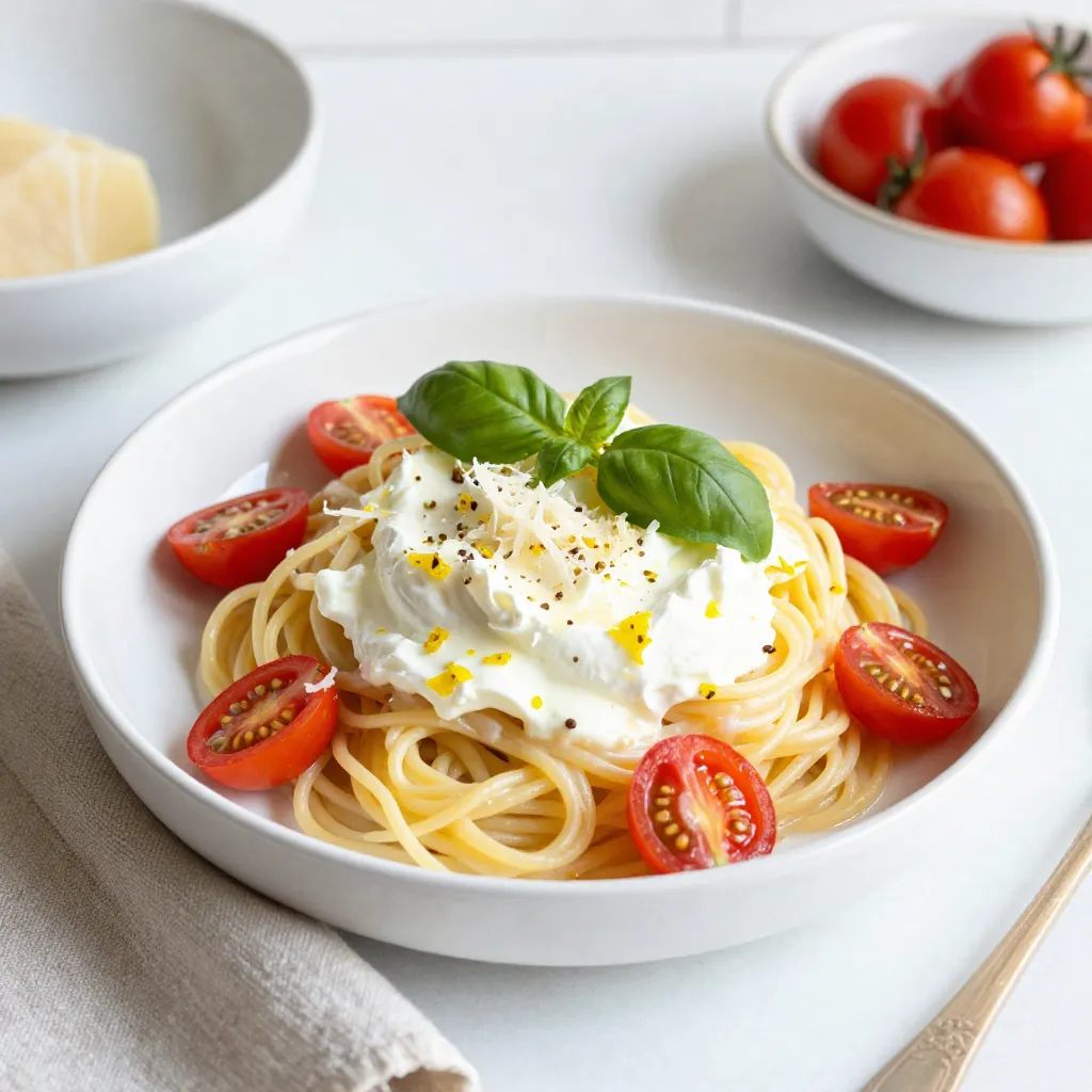 - Pasta types: 12 oz spaghetti or fettuccine - Cheese components: 1 cup ricotta cheese, 1/2 cup grated Parmesan cheese - Lemon elements: Zest of 2 lemons, juice of 1 lemon - Additional ingredients: 2 tablespoons olive oil, 3 cloves garlic (minced), salt, pepper, fresh basil (for garnish), optional 1 cup cherry tomatoes (halved) When I make Lemon Ricotta Pasta, I reach for simple yet fresh ingredients. The pasta serves as a base, and I prefer either spaghetti or fettuccine for their ability to hold the sauce well. The creamy ricotta cheese adds richness, while the Parmesan gives it a nice salty kick. Lemon is key here. The zest brings bright notes, and the juice adds a refreshing tang. I love how these flavors dance together. Don't forget the garlic! It adds warmth and depth. A drizzle of olive oil helps bind everything together, making each bite smooth and luscious. If you're feeling adventurous, toss in some cherry tomatoes. They add color and a burst of sweetness that pairs nicely with the tangy lemon. All these ingredients create a lovely balance, making this dish perfect for any meal! {{ingredient_image_2}} Start by boiling a large pot of salted water. You want it to bubble hard. Add 12 ounces of your favorite pasta, like spaghetti or fettuccine. Cook the pasta for about 8 to 10 minutes. You want it to be al dente, which means it should still have a slight bite. Before draining, reserve 1 cup of that starchy pasta water. This water helps the sauce stick later. While your pasta cooks, grab a large skillet. Pour in 2 tablespoons of olive oil and heat it over medium heat. Once hot, add 3 minced garlic cloves. Sauté for about 1 minute. You want the garlic to smell great but not brown. Browning can make it taste bitter. Next, turn the heat to low. Stir in 1 cup of ricotta cheese along with the zest of 2 lemons and the juice of 1 lemon. Mix until it’s creamy. If it feels too thick, add a little reserved pasta water until it's smooth. Now, it’s time to bring it all together. Pour the drained pasta into the skillet with the ricotta sauce. Toss it gently so every piece is coated. Sprinkle in 1/2 cup of grated Parmesan cheese. Mix well until everything is combined. Don’t forget to taste it! Add salt and freshly cracked black pepper to your liking. If you like, you can gently fold in 1 cup of cherry tomatoes. This adds a nice touch of sweetness. To make the best Lemon Ricotta Pasta, the sauce needs the right consistency. You can use pasta water to help with this. After cooking your pasta, save about 1 cup of that starchy water. Add it slowly to the ricotta sauce if it feels too thick. Mix until it’s smooth and creamy. For a creamy texture with ricotta, let it warm up a bit before mixing it in. You can also whisk it with lemon juice and zest for a light and fluffy mix. This makes it blend better with the pasta. When serving your pasta, think about how you want it to look. Using large plates gives a nice touch. It allows the sauce to spread out, making it more inviting. You can drizzle a bit of olive oil on top for extra shine. Garnishing is key! Fresh basil leaves add color and a burst of flavor. You can also sprinkle some extra Parmesan cheese on top. A few whole basil sprigs can really make your dish pop! Pro Tips Use Fresh Ingredients: For the best flavor, opt for fresh lemons and high-quality ricotta cheese. Fresh ingredients can significantly enhance the taste of your dish. Adjust Consistency: When adding pasta water to the sauce, do it gradually. This way, you can easily control the sauce's thickness and achieve the perfect creamy texture. Customize with Veggies: Feel free to add seasonal vegetables like spinach or zucchini for added nutrition and flavor. This not only enhances the dish but also makes it more colorful. Garnish Creatively: Instead of just basil, consider adding toasted pine nuts or a sprinkle of red pepper flakes for an extra layer of flavor and visual appeal. {{image_4}} You can switch up the ricotta and Parmesan. If you want a lighter option, try cottage cheese. It adds creaminess but with less fat. For a sharper taste, use goat cheese instead of ricotta. It brings a nice tang to the dish. If you want to change the pasta shape, consider using penne or farfalle. They hold the sauce well and add a fun twist. You can even use whole wheat or gluten-free pasta for a healthier choice. Adding protein can make your meal heartier. Chicken or shrimp works great. Just cook them in the skillet before the garlic. For a vegetarian option, try chickpeas or lentils. They add protein and fiber. You can also mix in some veggies to boost nutrition. Spinach wilts nicely and adds color. Arugula gives a peppery kick, while bell peppers add crunch. Toss them in with the pasta for a fresh taste. To keep your Lemon Ricotta Pasta fresh, store it in an airtight container. Use a shallow dish for best results. Refrigerate it within two hours of cooking. This will help keep the flavors intact. It should stay good for about three days. When you reheat it, avoid the microwave if possible. Microwaves can make the pasta mushy. Instead, use a skillet on low heat. Add a splash of reserved pasta water to help restore creaminess. Stir gently until heated through. You can freeze Lemon Ricotta Pasta, but it’s best to freeze the sauce and pasta separately. Cook the pasta until just under al dente. This helps it stay firm when you thaw it. Let both parts cool completely before freezing. Use freezer-safe bags or containers. When you’re ready to eat, thaw the sauce overnight in the fridge. Reheat the sauce in a skillet. For the pasta, boil water and cook it for a few minutes to warm it up. Mix them together, and enjoy a fresh-tasting meal! How can I make Lemon Ricotta Pasta gluten-free? To make Lemon Ricotta Pasta gluten-free, use gluten-free pasta. Many brands offer options like rice or chickpea pasta. These cook similarly to regular pasta. Just follow the package instructions for the best results. Can I prepare Lemon Ricotta Pasta ahead of time? Yes, you can prepare Lemon Ricotta Pasta ahead of time. Cook the pasta and make the sauce. Store them separately in the fridge. When ready to eat, just combine them and reheat gently on the stove. This keeps the pasta from getting mushy. What are the best side dishes to serve with this pasta? Great side dishes for Lemon Ricotta Pasta include: - A simple green salad with lemon vinaigrette - Garlic bread for a crunchy texture - Roasted vegetables like zucchini or bell peppers These options complement the flavors well and add variety to your meal. In this post, we explored making a delicious Lemon Ricotta Pasta dish. You learned about the main ingredients, step-by-step cooking instructions, and tips for perfecting your meal. We also discussed variations to keep your pasta fresh and exciting. Lastly, I shared how to store leftovers effectively. Enjoy experimenting with your recipes and make this dish your own. With a few simple changes, you can create a pasta masterpiece. Keep sharing your culinary adventures!