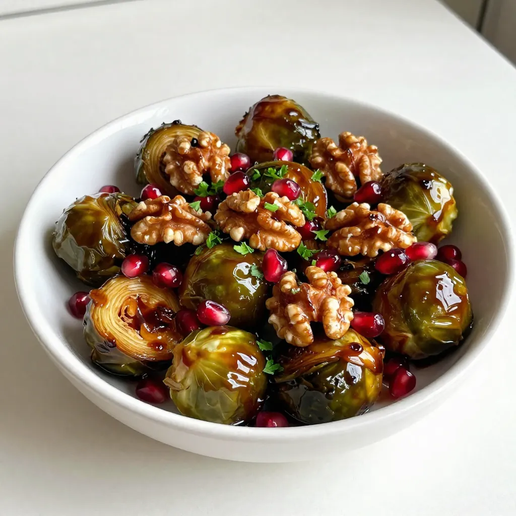 - 1 pound Brussels sprouts, trimmed and halved - 3 tablespoons balsamic vinegar - 2 tablespoons extra virgin olive oil - 1 tablespoon honey - 1/4 teaspoon garlic powder - Salt and freshly ground black pepper, to taste - 1/4 cup walnuts, chopped and roasted - 1/4 cup pomegranate seeds (optional, for garnish) - Fresh parsley, finely chopped for garnish Balsamic Glazed Brussels Sprouts need fresh Brussels sprouts. These little green gems look like mini cabbages. You want them trimmed and halved for perfect cooking. The balsamic vinegar adds a deep, tangy flavor. Olive oil keeps them nice and moist while roasting. Honey gives a touch of sweetness to balance the vinegar. Garlic powder adds a warm, savory note. Don’t forget salt and pepper! They enhance all the flavors. Chopped walnuts add a great crunch. Roasting them brings out their nutty taste. If you like a pop of color, add pomegranate seeds on top. Fresh parsley brightens the dish and makes it look pretty. Make sure to have everything ready. The right ingredients help create the best flavor and texture. Enjoy the process, and get ready for a tasty side dish! {{ingredient_image_2}} First, preheat your oven to 400°F (200°C). This step is key for good roasting. While the oven heats, trim the Brussels sprouts. Cut off the stems and slice them in half. This helps them cook evenly. Make sure to remove any yellow or wilted leaves too. In a large mixing bowl, add the halved Brussels sprouts. Now, pour in 2 tablespoons of extra virgin olive oil and 3 tablespoons of balsamic vinegar. Add 1 tablespoon of honey for sweetness. Sprinkle in 1/4 teaspoon of garlic powder, along with salt and pepper to taste. Toss well until the sprouts are evenly coated. The glaze gives them a tasty flavor. Line a baking sheet with parchment paper. Spread the coated Brussels sprouts in a single layer. Avoid overcrowding them; this allows for better roasting. Place the baking sheet in the preheated oven. Roast for 20-25 minutes until they are tender and caramelized. Stir them halfway through cooking for even browning. Enjoy the wonderful aroma while they roast! To roast Brussels sprouts well, set your oven to 400°F (200°C). This temperature helps them cook evenly and caramelize nicely. Place the sprouts on the baking sheet in a single layer. This step is key. If they are too crowded, they won't roast properly. Stir the sprouts halfway through cooking. This action ensures they brown evenly on all sides. To add a crunchy twist, toast the walnuts before mixing them in. Heat a dry skillet over medium heat. Add the chopped walnuts and stir them for 3-4 minutes. Watch closely to avoid burning. Once golden and fragrant, they will add a nutty flavor. For a colorful presentation, consider garnishing with pomegranate seeds and parsley. The bright red seeds add a pop of color, while the parsley gives a fresh touch. This combination makes your dish look appealing and boosts the flavor profile. Balsamic glazed Brussels sprouts pair well with many dishes. They complement roasted meats, like chicken or pork. You can also serve them alongside hearty grains, such as quinoa or farro. They make a great addition to a holiday meal or any dinner party. These flavorful sprouts will impress your guests! Pro Tips Freshness Matters: Choose Brussels sprouts that are firm and vibrant green for the best flavor and texture. Honey Substitute: If you prefer a vegan option, swap honey with maple syrup for a delicious alternative. Even Roasting: Make sure to spread the Brussels sprouts evenly on the baking sheet to ensure they roast without steaming. Extra Crunch: For an added crunch, consider adding toasted pumpkin seeds along with the walnuts. {{image_4}} You can easily make this dish vegan. Just swap honey for maple syrup. Maple syrup gives a sweet touch. It blends well with balsamic vinegar and olive oil. This switch makes the dish plant-based. You still get that great flavor. You can mix in other veggies for more color and taste. Carrots, parsnips, or bell peppers work well. They roast nicely alongside Brussels sprouts. Adding spices can also change the game. Try red pepper flakes for heat, or smoked paprika for a smoky taste. A hint of cumin can give a warm flavor too. Be creative! Each addition adds a unique twist to your meal. To store leftovers, let the Brussels sprouts cool completely. Place them in an airtight container. Store in the fridge for up to three days. For best taste, eat them within two days. To reheat, use the oven for the best results. Preheat your oven to 350°F (175°C). Spread the Brussels sprouts on a baking sheet. Heat for about 10-15 minutes or until warm. Stir once to avoid drying out. You can also use the microwave if you're in a hurry. Place them in a microwave-safe dish and cover. Heat for 1-2 minutes, checking frequently to avoid overcooking. To make this dish vegan, you can swap honey for maple syrup. Maple syrup adds sweetness just like honey. You can also use agave syrup or any plant-based sweetener you prefer. This change won't affect the flavor much, but it keeps the dish plant-based. Yes, you can prep this dish ahead of time. Trim and halve the Brussels sprouts and store them in the fridge. Mix the glaze and keep it in a separate container. When you're ready to cook, combine the sprouts with the glaze. This makes it easy to enjoy a fresh dish quickly. Brussels sprouts are nutrient-rich. They are low in calories and high in fiber, which helps digestion. They also contain vitamins C and K, which support your immune system and bone health. Plus, they have antioxidants that help fight inflammation. Enjoying Brussels sprouts can be part of a healthy diet! In this post, we explored how to make delicious balsamic glazed Brussels sprouts. We covered ingredients, preparation, and cooking steps. You learned tips for the best flavor and presentation. We also shared vegan options and storage advice. Brussels sprouts can be a tasty addition to any meal. Give this recipe a try. Enjoy the blend of flavors and health benefits!
