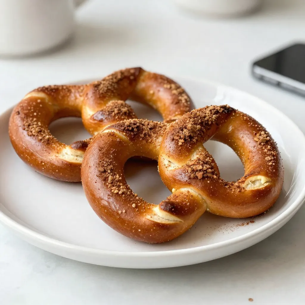To make these tasty pretzel twists, you need the following basic ingredients: - 2 cups warm water (between 110°F and 115°F) - 1 packet (2 ¼ tsp) active dry yeast - 1/4 cup granulated sugar (plus extra for the topping) - 4 1/2 cups all-purpose flour - 1 tsp salt - 1/4 cup baking soda - 1 large egg, beaten (for egg wash) These ingredients create a simple dough that becomes soft and chewy when baked. For that sweet and cinnamon touch, gather these extra ingredients: - 1/2 cup granulated sugar (for cinnamon sugar mixture) - 2 tbsp ground cinnamon - 4 tbsp unsalted butter, melted (for brushing at the end) These toppings add flavor and create a beautiful finish to your pretzels. Using quality ingredients can make a big difference. Here are some tips: - Choose fresh active dry yeast. Check the expiration date. - Use high-quality all-purpose flour for a better texture. - Organic granulated sugar can enhance the flavor. - For cinnamon, use freshly ground for a stronger taste. These choices will help your pretzel twists stand out and taste amazing. Enjoy the process of making these delicious treats! {{ingredient_image_2}} To start, grab a large mixing bowl. Pour in 2 cups of warm water. The water should feel warm but not hot, around 110°F to 115°F. Sprinkle in 1 packet of active dry yeast. Let it sit for about 5 minutes. Look for bubbles or foam forming on the surface. This means the yeast is active and ready to make your pretzels rise. Once the yeast is frothy, add 1/4 cup of granulated sugar and 1 teaspoon of salt to the bowl. Next, slowly mix in 4 1/2 cups of all-purpose flour. Use a spoon or your hands to stir until a dough forms. It should feel sticky at first. Then, turn the dough out onto a floured surface. Knead it for 5-7 minutes until it becomes smooth and elastic. This helps develop the gluten, which gives the pretzels their chewy texture. Place the dough in a greased bowl. Cover it with a clean cloth and let it rise in a warm place for about 1 hour. It should double in size during this time. After the dough has risen, punch it down gently to release any air bubbles. Divide the dough into 8 equal pieces. Roll each piece into a rope about 24 inches long. Twist the rope into a traditional pretzel shape, ensuring the ends are secure. In a large pot, bring 10 cups of water to a rolling boil. Carefully add 1/4 cup of baking soda to the boiling water. Be cautious, as it may bubble up. Drop each pretzel into the boiling water for about 30 seconds. This step adds flavor and a nice texture. Use a slotted spoon to remove them and place them on the prepared baking sheets. Preheat your oven to 425°F (220°C) while the pretzels cool slightly. Brush each pretzel with a beaten large egg. This gives them a lovely golden color. Mix 1/2 cup of granulated sugar with 2 tablespoons of ground cinnamon in a bowl. Sprinkle this mixture generously over the pretzels. Bake them in the preheated oven for 12-15 minutes until they are golden brown. Once they're out of the oven, brush them with 4 tablespoons of melted unsalted butter. For an extra sweet touch, sprinkle any remaining cinnamon sugar on top. Enjoy your warm, tasty pretzel twists! To get great pretzel twists, the dough must be just right. Start with warm water, around 110°F to 115°F. This temperature helps activate the yeast. If the water is too hot, it can kill the yeast. If too cold, the dough may not rise well. Once you knead the dough, it should feel smooth and elastic. This can take about 5 to 7 minutes. If your dough feels sticky, add a little flour. If it’s too dry, a splash of water will help. Watch out for a few common mistakes. First, don’t skip the boiling step. Boiling the pretzels in a baking soda solution gives them their unique flavor and chewy texture. Second, make sure to let the dough rise fully. It should double in size. If you rush this step, your pretzels may turn out dense. Lastly, don’t forget to brush them with the egg wash. This helps the cinnamon sugar stick and gives a nice shine. For the best experience, serve your warm pretzel twists straight from the oven. Arrange them on a rustic wooden board for a nice look. Add a small bowl of warm caramel or chocolate sauce for dipping. This makes them even more fun to eat. Dust with extra cinnamon sugar to add visual appeal. Enjoy them with friends or family for a delightful treat! Pro Tips Check Yeast Freshness: Always check the expiration date on your yeast packet. If it's expired, it may not activate properly, leading to dense pretzels. Perfect Dough Consistency: The dough should be slightly tacky but not overly sticky. Adjust with a little more flour if necessary while kneading. Boiling Technique: Ensure the water is at a rolling boil before adding pretzels. This step is crucial for achieving that classic pretzel texture. Storage Tips: Store any leftover pretzels in an airtight container at room temperature for up to 2 days. Reheat in the oven for the best texture. {{image_4}} You can spice up your cinnamon sugar. Try adding nutmeg for warmth. You can also use vanilla sugar instead of plain sugar. For a fun twist, mix in some cocoa powder. This gives a chocolatey kick to your pretzels. Another great option is to add pumpkin spice. This adds a seasonal flavor that many love. Besides cinnamon sugar, you can get creative. Try a savory cheese topping. Use shredded Parmesan or cheddar for a cheesy bite. Garlic powder mixed with butter also makes a tasty option. For dips, you can't go wrong with melted chocolate or caramel sauce. You could even serve them with a creamy cheese dip. These choices make your pretzel twists even more fun to eat. If you want a savory flavor, go for herbs. You can sprinkle Italian herbs like oregano or thyme on top. This gives a nice herbal touch. Another idea is to use everything bagel seasoning. This mix of seeds and spices adds a crunch. You can also stuff the pretzels with cheese or ham. This makes a hearty snack or meal. These variations let you enjoy your pretzel twists in many ways! To keep your cinnamon sugar pretzel twists fresh, store them in an airtight container. Make sure they cool completely before sealing. This helps prevent moisture build-up, which can make them soggy. I recommend keeping them at room temperature for up to two days. If you want to keep them longer, consider freezing them. When you're ready to enjoy your pretzels again, heat your oven to 350°F. Place the pretzels on a baking sheet and cover them with foil. This keeps them soft. Heat for about 10-15 minutes. If you want a crispy texture, remove the foil for the last few minutes. You can also microwave them for 15 seconds, but the oven gives the best results. To freeze pretzel twists, let them cool completely. Wrap each one in plastic wrap, then place them in a freezer bag. They can stay frozen for up to three months. When you're ready to eat them, thaw overnight in the fridge. Then, reheat as mentioned before. This way, you can enjoy warm, tasty pretzels anytime! Yes, you can use whole wheat flour. It adds a nutty flavor and a bit more fiber. The texture will be denser than with all-purpose flour. Start with half whole wheat and half all-purpose for best results. Pretzels are ready when they turn a deep golden brown. You can also tap them lightly; if they sound hollow, they are done. The baking time is usually between 12-15 minutes, so keep an eye on them. Yes, you can make gluten-free pretzel twists. Use a gluten-free flour blend that works for baking. Follow the same steps as in the recipe, but watch the dough. It may need a little more moisture. Fresh pretzels taste best on the day you make them. They can stay fresh for about 2-3 days if stored in an airtight container. For longer storage, freeze them. Just reheat in the oven to enjoy later. Cinnamon sugar pretzel twists are easy and fun to make. We covered key ingredients, step-by-step instructions, and useful tips. I shared variations and storage info to keep your pretzels fresh. With this knowledge, you can create tasty treats. Enjoy making them for yourself or to share. These twists can bring joy to any occasion. Now, get in the kitchen and start baking your delicious pretzel twists!