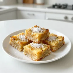 To make Tropical Pineapple Coconut Bars, gather the following items: - 1 cup crushed pineapple, thoroughly drained - 1 cup shredded coconut (sweetened or unsweetened) - 1 cup all-purpose flour - 1/2 cup granulated sugar - 1/2 cup unsweetened coconut milk - 1/4 cup unsalted butter, melted and slightly cooled - 2 large eggs, at room temperature - 1 teaspoon baking powder - 1/2 teaspoon vanilla extract - A pinch of salt You can swap some ingredients if needed: - Use almond flour instead of all-purpose flour for a gluten-free option. - Coconut oil can replace unsalted butter for a dairy-free treat. - If you don’t have coconut milk, regular milk works too. - Try using agave or honey instead of sugar for a healthier sweetener. Fresh ingredients make a big difference in flavor. Here are some tips: - Choose ripe pineapple for a sweet and juicy flavor. Look for a fragrant and firm fruit. - For coconut, check that it is fresh. It should smell sweet, not sour. - When buying eggs, look for ones with a clean shell and check the date. - Use flour that is unbleached for a more natural taste. Always check dates for freshness. By paying attention to the quality of your ingredients, you set the stage for delicious Tropical Pineapple Coconut Bars. {{ingredient_image_2}} Let’s get started on these tasty Tropical Pineapple Coconut Bars! First, gather your ingredients. You will need crushed pineapple, shredded coconut, flour, sugar, coconut milk, butter, eggs, baking powder, vanilla extract, and a pinch of salt. This recipe is simple and fun. 1. Preheat the Oven: Set your oven to 350°F (175°C). This step is important to get even baking. 2. Prepare the Pan: Grease a 9x9 inch baking pan. You can use cooking spray or parchment paper. This ensures easy removal later. 3. Mix Wet Ingredients: In a medium bowl, combine the crushed pineapple, shredded coconut, melted butter, coconut milk, and vanilla. Stir these until they blend well. 4. Mix Dry Ingredients: In another bowl, whisk together flour, sugar, baking powder, and salt. Make sure they are well combined. 5. Combine Mixtures: Slowly add the dry mix into the wet mix. Stir gently. Don’t worry about lumps; this keeps the bars soft. 6. Add Eggs: In a small bowl, beat the eggs until frothy. Fold them into the batter carefully. 7. Pour Batter: Spread the batter evenly in the prepared pan. Make sure it fills all corners. 8. Bake: Place the pan in the oven and bake for 25-30 minutes. The top should turn golden brown. 9. Cool Down: After baking, take the pan out and let it cool for 10 minutes. Then, move the bars to a wire rack to cool completely. 10. Slice and Serve: Once cool, cut the bars into squares. For extra flair, sprinkle more shredded coconut on top. To check if your bars are done, use a toothpick. Insert it into the center of the bars. If it comes out clean, the bars are ready. If it has batter on it, bake for a few more minutes. Remember, every oven is a bit different. Enjoy making these easy and tasty Tropical Pineapple Coconut Bars! To get the best texture in your Tropical Pineapple Coconut Bars, focus on mixing. When you combine wet and dry ingredients, stir gently. Overmixing can make your bars tough. You want them soft and chewy. The crushed pineapple adds moisture, so make sure it’s well-drained. This keeps your bars from being too soggy. A few mistakes can spoil your bars. First, don’t skip the step of draining the pineapple. It’s vital! If you use too much liquid, the bars can become too wet. Second, check your oven temperature. An oven that’s too hot can burn the edges. Lastly, be careful with the baking time. If you bake too long, the bars will dry out. Use a toothpick to check for doneness. Serving these bars can be fun! Try placing them on a colorful platter. Add fresh pineapple slices for a bright touch. You can drizzle coconut milk over the top for extra flavor. For a special treat, add a sprinkle of extra shredded coconut on each bar. These small touches can make your dessert look fancy and inviting! Pro Tips Use Fresh Pineapple: For the best flavor, use fresh pineapple instead of canned. It will enhance the tropical taste of your bars. Check for Doneness: The baking time may vary based on your oven. Always use a toothpick to check if the bars are fully baked; it should come out clean. Cool Before Cutting: Allow the bars to cool completely before slicing to ensure clean cuts and prevent them from falling apart. Storage Tips: Store the bars in an airtight container at room temperature for up to 3 days, or refrigerate for longer freshness. {{image_4}} You can easily add new flavors to your Tropical Pineapple Coconut Bars. Lime juice gives a zesty kick. Just add one tablespoon of fresh lime juice to the wet mix. You can also add lime zest for more flavor. For a warm, spicy taste, add grated ginger. About one teaspoon of fresh ginger works well. These flavors mix perfectly with the pineapple and coconut. If you need a gluten-free option, you can swap out the all-purpose flour. Use a gluten-free flour blend instead. Make sure it has xanthan gum for better texture. This change keeps the bars soft and tasty. Your family and friends will not know they are gluten-free! To make these bars vegan, you can replace the eggs. Use flax eggs instead. Mix one tablespoon of ground flaxseed with three tablespoons of water. Let it sit for five minutes until it thickens. This works well as a binding agent. Also, swap the unsalted butter with coconut oil. This keeps the coconut flavor strong. To keep your Tropical Pineapple Coconut Bars fresh, place them in an airtight container. You can stack the bars with parchment paper between them. This method prevents sticking and keeps the bars moist. Store the container in the fridge. They stay tasty for up to five days. If you want to save some bars for later, freezing is a great option. First, let the bars cool completely. Cut them into squares. Wrap each square in plastic wrap, then place them in a freezer bag. Make sure to remove as much air as possible before sealing. They can last up to three months in the freezer. To enjoy, just thaw them in the fridge overnight. When stored properly, these bars are best within five days in the fridge. If frozen, they taste great for up to three months. However, for the best flavor and texture, try to eat them sooner. The bars may lose some of their freshness over time, especially if not stored well. Enjoy them while they are still delicious! Yes, you can make these bars ahead of time. Bake them a day or two in advance. Once they cool, store them in an airtight container. This keeps them fresh and tasty. You can also freeze them for longer storage. Just wrap them tightly in plastic wrap and then in foil. They will stay good for up to three months in the freezer. You can make these bars healthier with a few simple swaps. Use whole wheat flour instead of all-purpose flour. This adds fiber and nutrients. You can replace granulated sugar with honey or maple syrup. This reduces refined sugar. For a dairy-free version, use plant-based butter and coconut milk. Also, add in some chopped nuts or seeds for extra crunch and nutrition. These bars pair well with many things. Serve them with fresh fruit like sliced strawberries or mango. A scoop of coconut ice cream makes a great treat, too. You can also drizzle some coconut milk on top for extra flavor. For a fun twist, try adding a tropical smoothie on the side. Enjoy your tropical feast! In this post, I shared how to make Tropical Pineapple Coconut Bars. We covered key ingredients, how to pick fresh ones, and offered swaps if you need them. I walked you through the baking steps and shared tips for checking when they're done. I also gave advice on achieving the best texture and common mistakes to avoid. You learned about various flavor options and how to store leftovers. With this guidance, you can enjoy these sweet treats and share them proudly. Happy baking!