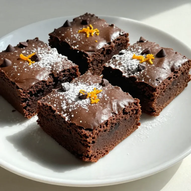 To make Chocolate Orange Brownies, you will need: - 1 cup (200g) dark chocolate, finely chopped - ½ cup (115g) unsalted butter, cut into pieces - 1 cup (200g) granulated sugar - 2 large eggs, at room temperature - 1 teaspoon pure vanilla extract - ½ cup (65g) all-purpose flour - ¼ cup (30g) unsweetened cocoa powder - Zest of 1 large orange (about 2 teaspoons) - ½ teaspoon baking powder - ¼ teaspoon fine sea salt - ½ cup (90g) semi-sweet chocolate chips (optional) - Optional: Powdered sugar for light dusting You can swap ingredients if needed: - Use milk chocolate instead of dark chocolate for a sweeter taste. - Coconut oil can replace unsalted butter for a dairy-free option. - For eggs, try flaxseed meal mixed with water for a vegan choice. - Gluten-free flour can work in place of all-purpose flour. To bake these brownies, gather the following tools: - A 9x9 inch (23x23 cm) baking pan - A medium saucepan for melting chocolate - A large mixing bowl for the egg mixture - A whisk for mixing - A spatula for folding ingredients - Measuring cups and spoons for accuracy - A wire rack for cooling the brownies This simple list makes it easy to gather all you need. Now you’re ready to create these rich, chocolatey, and orange-flavored brownies! {{ingredient_image_2}} First, set your oven to 350°F (175°C). This step gets the oven ready for baking. Next, take a 9x9 inch (23x23 cm) baking pan. Grease the bottom and sides with butter. You can also line the pan with parchment paper. This makes it easy to remove the brownies later. In a medium saucepan, put the chopped dark chocolate and pieces of butter. Use low heat to melt them. Stir constantly until everything is smooth. This should take about 5 minutes. Once melted, take it off the heat and let it cool a bit. Grab a large mixing bowl. Add the granulated sugar, room temperature eggs, and pure vanilla extract. Whisk these ingredients together until they blend well. You want it to look slightly frothy. This adds air and makes the brownies light. Now, slowly pour the cooled chocolate and butter mixture into the egg mixture. Whisk it in as you go. Keep mixing until the mixture looks glossy and rich. This step brings all the flavors together. In another bowl, sift together the all-purpose flour, cocoa powder, baking powder, and fine sea salt. Sifting helps remove lumps and makes for a smooth batter. This mix is key for the brownie texture. Take a spatula and gently fold in the orange zest and chocolate chips. Make sure they are evenly mixed throughout the batter. Be careful not to overmix; a few streaks of flour are fine. This adds a delicious orange flavor. Pour the brownie batter into the prepared pan. Use a spatula to smooth the top. Place the pan in the oven and bake for 25-30 minutes. Check if they are done by inserting a toothpick. It should come out with a few moist crumbs. Once baked, let them cool in the pan for 10 minutes. Then, transfer to a wire rack to cool completely before cutting into squares. To get fudgy brownies, first, use high-quality dark chocolate. This adds rich flavor. Melt the chocolate and butter slowly. Stir them constantly over low heat. This helps create a smooth texture. After mixing, let the chocolate cool slightly before adding it to the eggs. This step keeps the eggs from cooking. Baking time matters too; check them early to avoid dryness. Mixing is key, but too much can ruin your brownies. When you add dry ingredients, fold them gently. Use a spatula to combine until just mixed. A few flour streaks are okay. This keeps your brownies soft and moist. Avoid using a whisk at this stage. It can whip air into the batter, which makes them cakey. For serving, cut the brownies into generous squares. A light dusting of powdered sugar adds a sweet touch. Serve them warm with whipped cream or vanilla ice cream. The cold ice cream pairs well with the rich chocolate. You can also add fresh mint as a garnish. It gives a nice pop of color and flavor. Enjoy these brownies as a dessert or a sweet snack! Pro Tips Use Quality Chocolate: For the best flavor, choose high-quality dark chocolate. The richer the chocolate, the better your brownies will taste. Don’t Overmix: When incorporating the dry ingredients, mix just until combined. Overmixing can lead to dense brownies instead of fudgy ones. Let Them Cool: Allow the brownies to cool completely before cutting. This will help them set and make for cleaner slices. Add a Pinch of Sea Salt: A sprinkle of sea salt on top before baking enhances the chocolate flavor and adds a delightful contrast to the sweetness. {{image_4}} You can switch up the flavors in these brownies. Instead of orange, try raspberry or mint. For raspberry, add about half a cup of fresh or frozen raspberries to the batter. This gives a nice tartness. If you like mint, use a few drops of mint extract instead of vanilla. This adds a cool, refreshing taste. Both options make your brownies unique and fun! You can easily adapt these brownies for different diets. To make them gluten-free, use almond flour or a gluten-free flour blend. Make sure the cocoa powder is also gluten-free. For vegan brownies, replace the eggs with flax eggs. Mix one tablespoon of ground flaxseed with three tablespoons of water. Let it sit for five minutes to thicken. Use coconut oil instead of butter for a rich flavor. These swaps keep the brownies delicious while meeting dietary needs. Want to add more texture? Consider stirring in some nuts or seeds. Walnuts or pecans add crunch and flavor. You can also use sunflower seeds or pumpkin seeds for a nut-free option. Chocolate chips are great, but you can try white chocolate or butterscotch chips too. Each add-in changes the taste and makes the brownies even more exciting to eat! To keep your chocolate orange brownies fresh, store them in an airtight container. This helps prevent them from drying out. You can keep them at room temperature for up to four days. If you want to store them longer, consider refrigerating them. Just remember to let them come to room temperature before serving. You can freeze chocolate orange brownies for up to three months. First, cut them into squares. Wrap each piece tightly in plastic wrap. Then, place the wrapped brownies in a freezer-safe bag. Label the bag with the date. When you’re ready to eat them, simply thaw overnight in the fridge. Reheating brownies can bring back their fudgy texture. Preheat your oven to 350°F (175°C). Place the brownies on a baking sheet. Warm them for about 10 minutes. You can also microwave them for 10 to 15 seconds. Just be careful not to heat them too long. They can become dry or tough. Enjoy your warm, gooey brownies! Yes, you can use milk chocolate instead of dark chocolate. However, your brownies will taste sweeter and less rich. Dark chocolate gives a deeper flavor, which balances well with the orange zest. If you prefer a sweeter treat, milk chocolate works nicely. You can use salted butter if you have no unsalted butter. Just reduce the added salt in your recipe. Coconut oil is another option. It adds a subtle flavor and keeps the brownies moist. For a dairy-free option, try a plant-based butter. To check if your brownies are done, insert a toothpick into the center. It should come out with a few moist crumbs, not wet batter. The edges should look set and slightly pull away from the pan. If the toothpick is clean, your brownies may be overbaked. Using orange juice instead of zest will change the texture and flavor. Zest gives a strong orange flavor and some oils for richness. Juice adds moisture but lacks the zest's intensity. If you only have juice, add a little more for flavor, but keep an eye on the batter's consistency. These brownies are easy to make with the right ingredients and steps. Start by understanding your options for substitutes and equipment. Follow the simple instructions for melting, mixing, and baking to achieve the perfect fudgy texture. Remember to avoid overmixing and consider fun variations for extra flavor. Store your treats properly to keep them fresh for longer. I hope these tips help you enjoy delicious brownies any time you want! Now, get ready to impress your friends and family with your baking skills!