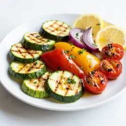 - 2 medium zucchinis, sliced into thick rounds - 1 red bell pepper, cut into bite-sized chunks - 1 yellow bell pepper, cut into bite-sized chunks - 1 medium red onion, cut into thick wedges - 1 cup cherry tomatoes, halved - 4 tablespoons extra virgin olive oil - Juice of 1 large lemon - Zest of 1 lemon - 2 cloves fresh garlic, minced - 1 teaspoon dried oregano - 1 teaspoon dried thyme - Salt - Black pepper - Fresh parsley, finely chopped, for garnish When I make Lemony Herb Grilled Veggies, I start with the freshest vegetables. Zucchini shines with its light taste. The red and yellow bell peppers add sweetness. The red onion brings a nice crunch. Cherry tomatoes burst with flavor. This combo makes my taste buds dance! Next, I whip up the marinade. Olive oil forms the base, giving richness. Fresh lemon juice and zest add a bright zing. Minced garlic gives depth. Dried oregano and thyme bring warmth and earthiness. Salt and black pepper round out the flavors. I love how these ingredients work together. Lastly, I sprinkle fresh parsley on top before serving. This adds a pop of color. It also enhances the fresh taste. These ingredients make each bite enjoyable. Grilling brings out the natural sweetness of the veggies. Together, they create a delicious dish that brightens any meal! {{ingredient_image_2}} To start, gather your veggies. You need two medium zucchinis, one red bell pepper, one yellow bell pepper, one red onion, and one cup of cherry tomatoes. First, slice the zucchinis into thick rounds. Next, cut the bell peppers into bite-sized chunks. For the red onion, cut it into thick wedges. Finally, halve the cherry tomatoes. Make sure all pieces are similar in size. This will help them cook evenly on the grill. If some pieces are too small, they may burn. If they are too big, they may not cook through. Now, it's time to make the marinade. In a separate bowl, whisk together four tablespoons of extra virgin olive oil, the juice of one large lemon, and the zest of that lemon. Add two cloves of minced garlic, one teaspoon of dried oregano, and one teaspoon of dried thyme. Finally, add salt and freshly cracked black pepper to taste. Mix this well. You want all ingredients to blend. This mixture will give your veggies a bright, fresh flavor. Marinating is key to great flavor. Pour the marinade over the veggies in your mixing bowl. Toss them gently to coat. Let them marinate for at least 30 minutes at room temperature. This allows the veggies to soak in those tasty flavors. If you have more time, you can let them marinate longer. Just remember, the longer they sit, the more flavor they will absorb. Before grilling, preheat your grill to medium-high heat. This ensures your veggies get nice grill marks and cook properly. Once the grill is hot, arrange the marinated veggies in a single layer on the grill. Do not overcrowd them. You want to give each piece space to cook evenly. Grill them for about 5-7 minutes on each side. Keep an eye on them so they do not overcook. Look for tender veggies with nice grill marks. After grilling, use tongs to remove the veggies from the grill. Place them on a serving platter. Let any excess juices drip off before serving. Enjoy the bright flavors of your lemony herb grilled veggies! - Avoiding Overcrowding on the Grill: Always give your veggies room on the grill. When you pack them too tight, they steam instead of grill. This limits those nice grill marks and can make them mushy. Spread them out in a single layer. - Checking for Grill Marks and Tenderness: Look for those beautiful grill marks. They show your veggies are cooking well. Use tongs to give them a gentle squeeze. If they feel soft but not mushy, they're ready to come off. - Additional Herbs to Consider: While oregano and thyme bring great flavor, consider adding fresh basil or rosemary for a twist. These herbs add a different layer of taste that can surprise and delight your palate. - Using Different Citrus Fruits: Lemon isn't the only option. Try lime or orange juice to change up the flavor. Each citrus brings a unique zing, making every batch exciting and fresh. - Presentation Ideas for Serving: Place the grilled veggies on a big platter. Drizzle any leftover marinade on top for extra flavor. Add lemon slices and herb sprigs for a colorful touch. - Pairing Suggestions with Main Dishes: These grilled veggies pair well with grilled chicken or fish. They also work great with a hearty grain dish like quinoa or rice. Add them as a colorful side to any meal for a healthy boost. Pro Tips Choose Fresh Veggies: Always opt for fresh, seasonal vegetables for the best flavor and texture. Look for vibrant colors and firm textures when selecting your produce. Marinate Longer: For even more intense flavor, consider marinating the veggies for up to 2 hours in the refrigerator. This allows the herbs and lemon to penetrate deeper. Experiment with Herbs: Don’t hesitate to mix and match herbs according to your taste preferences. Fresh basil, rosemary, or even dill can add a unique twist to your dish. Use a Grill Basket: If you’re worried about smaller veggies falling through the grill grates, a grill basket can be a great tool to keep everything contained while grilling evenly. {{image_4}} You can switch up the veggies in this dish. Use seasonal vegetables for the best flavor. Here are some great options: - Eggplant - Asparagus - Carrots - Mushrooms - Broccoli These veggies add unique tastes and textures. You can also substitute ingredients if you cannot find certain ones. If you lack red or yellow bell peppers, try green ones. They will still taste good. Marinades can change the whole dish! You can add spices if you like heat. Here are some ideas: - Red pepper flakes for a kick - Smoked paprika for a smoky flavor - Cumin for an earthy touch You can also play with oils. While olive oil is classic, try avocado oil for a different taste. It has a higher smoke point and works well on the grill. This recipe is flexible for different diets. If you want it vegan, it already is! Just ensure your marinade uses plant-based ingredients. For gluten-free eaters, this dish is perfect as is. Just double-check the spices and check for gluten. If you want low-sodium options, skip the added salt. The marinade still tastes great without it. You can also use low-sodium soy sauce for more flavor without the salt. To keep your grilled veggies fresh, choose the right storage containers. Use airtight containers or resealable plastic bags. This helps keep the flavors locked in and prevents spoilage. Store the veggies in the fridge if you have leftovers. They will stay good for up to four days. Be sure to let them cool down before sealing them up. This prevents moisture buildup inside the container. When it’s time to eat your grilled veggies again, reheating is key. The best way to reheat them is in a skillet. Heat a little olive oil over medium heat. Add the veggies and stir until they warm through. This method keeps them tender and tasty. You can also use a microwave for quick reheating. Place the veggies in a microwave-safe dish. Cover them with a damp paper towel to retain moisture. Heat for about one minute, then check. If they need more time, heat in 15-second bursts. This way, they won’t dry out. For grilling vegetables, both gas and charcoal grills work well. Gas grills heat up fast and allow for easy temperature control. You can cook with direct heat or indirect heat, which is great for softer veggies. Charcoal grills add a nice smoky flavor but take longer to heat. Tips for Indoor Grilling: - Use a grill pan on your stovetop. - Make sure to preheat the pan well. - Keep a window open for ventilation. Yes, you can prepare this recipe ahead of time. It saves you time when you are ready to grill. Preparing Vegetables in Advance: - Cut the veggies and keep them in the fridge. - Store them in an airtight container. Marination Tips: - Marinate your veggies for at least 30 minutes. - You can marinate them overnight for more flavor. Preventing vegetables from sticking is easy with a few tips. Use of Oil on the Grill Grate: - Brush the grill grate with oil before heating. - Use a paper towel with oil to coat the grate. Vegetable Preparation Tips before Grilling: - Toss the veggies in olive oil before grilling. - Make sure they are dry to get good grill marks. Grilling vegetables is simple and rewarding. You learned which veggies to choose and how to prepare them. A tasty marinade enhances their flavor. Proper grilling techniques ensure perfect tenderness. Remember to keep it fun by trying new veggies and flavors. Store leftovers wisely, and they’ll remain delicious. Each step makes a difference in your final dish. Enjoy your tasty creations and share them with friends and family. Grilled vegetables can be a highlight of any meal!