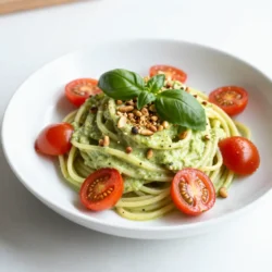 - 2 ripe avocados, pitted and peeled - 2 cloves garlic, minced - 1/4 cup fresh basil leaves - 2 tablespoons freshly squeezed lemon juice - 1/2 teaspoon sea salt (adjust to taste) - 1/4 teaspoon freshly cracked black pepper (adjust to taste) - 1/4 cup extra virgin olive oil - 12 oz spaghetti or your favorite pasta - 1/4 cup cherry tomatoes, halved (for garnish) - 2 tablespoons pine nuts, toasted (for garnish) - Extra fresh basil leaves (for garnish) Gather these ingredients before you start. Fresh avocados are key. They give the dish its creamy base. Garlic adds a nice kick. Fresh basil brings a burst of flavor. Lemon juice keeps everything bright. Sea salt and black pepper balance the taste. Extra virgin olive oil adds richness. Choose spaghetti or your favorite pasta for the base. Cherry tomatoes and pine nuts are perfect garnishes. They add color and texture. With these ingredients, you'll create a delicious meal. {{ingredient_image_2}} To start, fill a large pot with water. Add a generous amount of salt. Bring the water to a rolling boil. This step adds flavor to the pasta. Next, add your spaghetti or favorite pasta into the boiling water. Cook it according to the package instructions. Aim for al dente, which means it should be firm but not hard. This usually takes about 8 to 10 minutes. Once it's done, drain the pasta. Be sure to save a cup of the pasta water for later. Now, we’ll make the creamy avocado sauce. Take your ripe avocados and place them in a food processor. Add in the minced garlic, fresh basil leaves, and lemon juice. Sprinkle in the sea salt and black pepper. Pulse the mixture until it blends well. While blending, slowly pour in the olive oil. Keep blending until the sauce is smooth and creamy. If you want a lighter texture, you can add a bit of pasta water. Taste the sauce and adjust the seasoning if needed. Add more salt or lemon juice to suit your taste. Next, it’s time to combine everything. In a large mixing bowl, add your hot pasta. Pour the creamy avocado sauce over the pasta. Mix them together well. If the sauce seems too thick, use the reserved pasta water to thin it out. Add it a tablespoon at a time until you reach the desired creaminess. Finally, taste the pasta and make any last adjustments. You may want to add a pinch more salt or a squeeze of lemon juice. Enjoy the rich, creamy flavor of your avocado pasta! - Ensuring ripeness of avocados: Use ripe avocados for the best creaminess. A ripe avocado feels soft but not mushy. You can test it by gently pressing the skin. If it gives slightly, it's ready to use. Avoid hard avocados; they won't blend well. - Importance of using fresh ingredients: Fresh ingredients make a big difference. Fresh basil adds a bright taste. Using fresh garlic over powdered garlic helps enhance the flavor. Always choose the best ingredients you can find. - Suggestions for additional spices or herbs: You can boost the flavor with herbs like parsley or cilantro. A pinch of red pepper flakes adds heat. You could also try nutritional yeast for a cheesy flavor without dairy. - Lemon juice vs. lime juice: Which is better?: Lemon juice brightens the dish, but lime juice offers a unique twist. Both are great, so use whichever you prefer. You can even mix them for a tangy kick. - Serving dishes and garnish techniques: Serve this pasta in wide, shallow bowls. This makes it look inviting. Use a large spoon to twirl the pasta into a nest. It adds height and makes it appealing. - Tips for a stunning visual presentation: Garnish with cherry tomatoes and toasted pine nuts. The bright colors pop against the green pasta. A drizzle of olive oil and a sprinkle of black pepper complete the look. It’s all about making your dish as beautiful as it is tasty. Pro Tips Use Ripe Avocados: Ensure your avocados are perfectly ripe for the creamiest texture. They should yield slightly to pressure when gently squeezed. Customize the Herbs: Experiment with different herbs beyond basil, such as cilantro or parsley, for a unique flavor twist that suits your taste. Serve Immediately: This dish is best enjoyed fresh. The avocado sauce can brown quickly, so serve it right after mixing with the pasta. Make it Nut-Free: If you have nut allergies, simply skip the pine nuts or substitute them with sunflower seeds for a similar crunch without the allergens. {{image_4}} For a vegan version, you can easily swap out a few ingredients. Use nutritional yeast instead of cheese. You can also replace the olive oil with avocado oil for a rich flavor. To keep it creamy without dairy, use a little coconut milk or cashew cream. Both options give a nice, smooth texture. If you want a gluten-free dish, choose pasta made from rice, quinoa, or chickpeas. These alternatives taste great and hold the creamy sauce well. When cooking gluten-free pasta, check the package for timing. It usually cooks faster than regular pasta. You can make this dish even better by adding seasonal vegetables. In summer, throw in some fresh zucchini or bell peppers. In winter, roasted butternut squash adds a sweet flavor. Also, try different herbs based on what's fresh. In spring, use mint for a bright taste. In fall, add sage for warmth. This keeps your avocado pasta exciting year-round! To store leftovers, use airtight containers. Glass or plastic containers work well. The creamy avocado pasta lasts up to three days in the fridge. Make sure to seal the container tightly to keep the pasta fresh. When it's time to reheat, use the microwave or a stovetop pan. If using the microwave, heat in short bursts. Stir between intervals to prevent hot spots. On the stovetop, add a splash of water or olive oil to keep it moist. This helps maintain the sauce's creaminess. Yes, you can freeze avocado sauce! However, it may change texture a bit after thawing. Scoop the sauce into ice cube trays for easy portions. To thaw, leave it in the fridge overnight or place it in warm water. Once thawed, stir well before serving. To make creamy avocado pasta, start by cooking your pasta. Use a large pot and bring salted water to a boil. Cook the pasta until it is al dente according to the package instructions. Drain the pasta but save some pasta water. Next, make the avocado sauce. In a food processor, blend two ripe avocados, two cloves of minced garlic, fresh basil, lemon juice, sea salt, and black pepper. While blending, slowly add extra virgin olive oil until smooth. Combine the hot pasta with the sauce, adding reserved pasta water if needed. Finally, serve with cherry tomatoes and pine nuts. If you need a substitute for avocado, try using silken tofu or cashew cream. Both options provide a creamy texture without the avocado flavor. For a nut-free option, you can blend cooked and cooled cauliflower for a smooth sauce. Each substitute will change the taste a bit, but they can still make a tasty dish. Yes, you can make parts of this recipe ahead of time. You can prepare the avocado sauce a few hours before serving. Store it in an airtight container to keep it fresh. However, I recommend cooking the pasta just before serving. This way, the pasta stays warm and the sauce remains creamy. Creamy avocado pasta is quite healthy. Avocados are rich in healthy fats and fiber. They also provide vitamins and minerals. Using whole grain pasta can boost the fiber content further. This dish is a great choice for a light yet filling meal. Just be mindful of portion sizes if you're watching calories. To adjust flavors, taste the sauce and add more salt or lemon juice if needed. You can also add spices like red pepper flakes for heat or more garlic for a stronger flavor. Fresh herbs like cilantro or parsley can add a nice twist. Don't be afraid to experiment until you find your favorite mix! This blog post covered how to make creamy avocado pasta, step by step. We discussed the key ingredients, from ripe avocados to extra virgin olive oil. I shared tips for cooking pasta perfectly and making a smooth, delicious sauce. You learned about variations for vegan and gluten-free options too. Remember, fresh ingredients and ripeness make a huge difference. Experiment with flavors and garnishes for a stunning dish. Enjoy creating your version of this healthy pasta!
