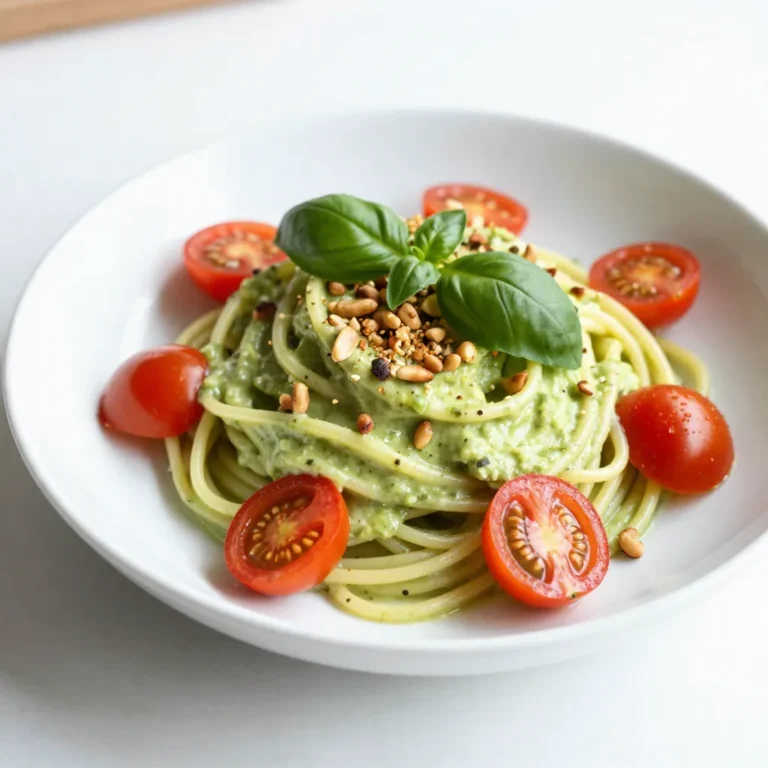 - 2 ripe avocados, pitted and peeled - 2 cloves garlic, minced - 1/4 cup fresh basil leaves - 2 tablespoons freshly squeezed lemon juice - 1/2 teaspoon sea salt (adjust to taste) - 1/4 teaspoon freshly cracked black pepper (adjust to taste) - 1/4 cup extra virgin olive oil - 12 oz spaghetti or your favorite pasta - 1/4 cup cherry tomatoes, halved (for garnish) - 2 tablespoons pine nuts, toasted (for garnish) - Extra fresh basil leaves (for garnish) Gather these ingredients before you start. Fresh avocados are key. They give the dish its creamy base. Garlic adds a nice kick. Fresh basil brings a burst of flavor. Lemon juice keeps everything bright. Sea salt and black pepper balance the taste. Extra virgin olive oil adds richness. Choose spaghetti or your favorite pasta for the base. Cherry tomatoes and pine nuts are perfect garnishes. They add color and texture. With these ingredients, you'll create a delicious meal. {{ingredient_image_2}} To start, fill a large pot with water. Add a generous amount of salt. Bring the water to a rolling boil. This step adds flavor to the pasta. Next, add your spaghetti or favorite pasta into the boiling water. Cook it according to the package instructions. Aim for al dente, which means it should be firm but not hard. This usually takes about 8 to 10 minutes. Once it's done, drain the pasta. Be sure to save a cup of the pasta water for later. Now, we’ll make the creamy avocado sauce. Take your ripe avocados and place them in a food processor. Add in the minced garlic, fresh basil leaves, and lemon juice. Sprinkle in the sea salt and black pepper. Pulse the mixture until it blends well. While blending, slowly pour in the olive oil. Keep blending until the sauce is smooth and creamy. If you want a lighter texture, you can add a bit of pasta water. Taste the sauce and adjust the seasoning if needed. Add more salt or lemon juice to suit your taste. Next, it’s time to combine everything. In a large mixing bowl, add your hot pasta. Pour the creamy avocado sauce over the pasta. Mix them together well. If the sauce seems too thick, use the reserved pasta water to thin it out. Add it a tablespoon at a time until you reach the desired creaminess. Finally, taste the pasta and make any last adjustments. You may want to add a pinch more salt or a squeeze of lemon juice. Enjoy the rich, creamy flavor of your avocado pasta! - Ensuring ripeness of avocados: Use ripe avocados for the best creaminess. A ripe avocado feels soft but not mushy. You can test it by gently pressing the skin. If it gives slightly, it's ready to use. Avoid hard avocados; they won't blend well. - Importance of using fresh ingredients: Fresh ingredients make a big difference. Fresh basil adds a bright taste. Using fresh garlic over powdered garlic helps enhance the flavor. Always choose the best ingredients you can find. - Suggestions for additional spices or herbs: You can boost the flavor with herbs like parsley or cilantro. A pinch of red pepper flakes adds heat. You could also try nutritional yeast for a cheesy flavor without dairy. - Lemon juice vs. lime juice: Which is better?: Lemon juice brightens the dish, but lime juice offers a unique twist. Both are great, so use whichever you prefer. You can even mix them for a tangy kick. - Serving dishes and garnish techniques: Serve this pasta in wide, shallow bowls. This makes it look inviting. Use a large spoon to twirl the pasta into a nest. It adds height and makes it appealing. - Tips for a stunning visual presentation: Garnish with cherry tomatoes and toasted pine nuts. The bright colors pop against the green pasta. A drizzle of olive oil and a sprinkle of black pepper complete the look. It’s all about making your dish as beautiful as it is tasty. Pro Tips Use Ripe Avocados: Ensure your avocados are perfectly ripe for the creamiest texture. They should yield slightly to pressure when gently squeezed. Customize the Herbs: Experiment with different herbs beyond basil, such as cilantro or parsley, for a unique flavor twist that suits your taste. Serve Immediately: This dish is best enjoyed fresh. The avocado sauce can brown quickly, so serve it right after mixing with the pasta. Make it Nut-Free: If you have nut allergies, simply skip the pine nuts or substitute them with sunflower seeds for a similar crunch without the allergens. {{image_4}} For a vegan version, you can easily swap out a few ingredients. Use nutritional yeast instead of cheese. You can also replace the olive oil with avocado oil for a rich flavor. To keep it creamy without dairy, use a little coconut milk or cashew cream. Both options give a nice, smooth texture. If you want a gluten-free dish, choose pasta made from rice, quinoa, or chickpeas. These alternatives taste great and hold the creamy sauce well. When cooking gluten-free pasta, check the package for timing. It usually cooks faster than regular pasta. You can make this dish even better by adding seasonal vegetables. In summer, throw in some fresh zucchini or bell peppers. In winter, roasted butternut squash adds a sweet flavor. Also, try different herbs based on what's fresh. In spring, use mint for a bright taste. In fall, add sage for warmth. This keeps your avocado pasta exciting year-round! To store leftovers, use airtight containers. Glass or plastic containers work well. The creamy avocado pasta lasts up to three days in the fridge. Make sure to seal the container tightly to keep the pasta fresh. When it's time to reheat, use the microwave or a stovetop pan. If using the microwave, heat in short bursts. Stir between intervals to prevent hot spots. On the stovetop, add a splash of water or olive oil to keep it moist. This helps maintain the sauce's creaminess. Yes, you can freeze avocado sauce! However, it may change texture a bit after thawing. Scoop the sauce into ice cube trays for easy portions. To thaw, leave it in the fridge overnight or place it in warm water. Once thawed, stir well before serving. To make creamy avocado pasta, start by cooking your pasta. Use a large pot and bring salted water to a boil. Cook the pasta until it is al dente according to the package instructions. Drain the pasta but save some pasta water. Next, make the avocado sauce. In a food processor, blend two ripe avocados, two cloves of minced garlic, fresh basil, lemon juice, sea salt, and black pepper. While blending, slowly add extra virgin olive oil until smooth. Combine the hot pasta with the sauce, adding reserved pasta water if needed. Finally, serve with cherry tomatoes and pine nuts. If you need a substitute for avocado, try using silken tofu or cashew cream. Both options provide a creamy texture without the avocado flavor. For a nut-free option, you can blend cooked and cooled cauliflower for a smooth sauce. Each substitute will change the taste a bit, but they can still make a tasty dish. Yes, you can make parts of this recipe ahead of time. You can prepare the avocado sauce a few hours before serving. Store it in an airtight container to keep it fresh. However, I recommend cooking the pasta just before serving. This way, the pasta stays warm and the sauce remains creamy. Creamy avocado pasta is quite healthy. Avocados are rich in healthy fats and fiber. They also provide vitamins and minerals. Using whole grain pasta can boost the fiber content further. This dish is a great choice for a light yet filling meal. Just be mindful of portion sizes if you're watching calories. To adjust flavors, taste the sauce and add more salt or lemon juice if needed. You can also add spices like red pepper flakes for heat or more garlic for a stronger flavor. Fresh herbs like cilantro or parsley can add a nice twist. Don't be afraid to experiment until you find your favorite mix! This blog post covered how to make creamy avocado pasta, step by step. We discussed the key ingredients, from ripe avocados to extra virgin olive oil. I shared tips for cooking pasta perfectly and making a smooth, delicious sauce. You learned about variations for vegan and gluten-free options too. Remember, fresh ingredients and ripeness make a huge difference. Experiment with flavors and garnishes for a stunning dish. Enjoy creating your version of this healthy pasta!
