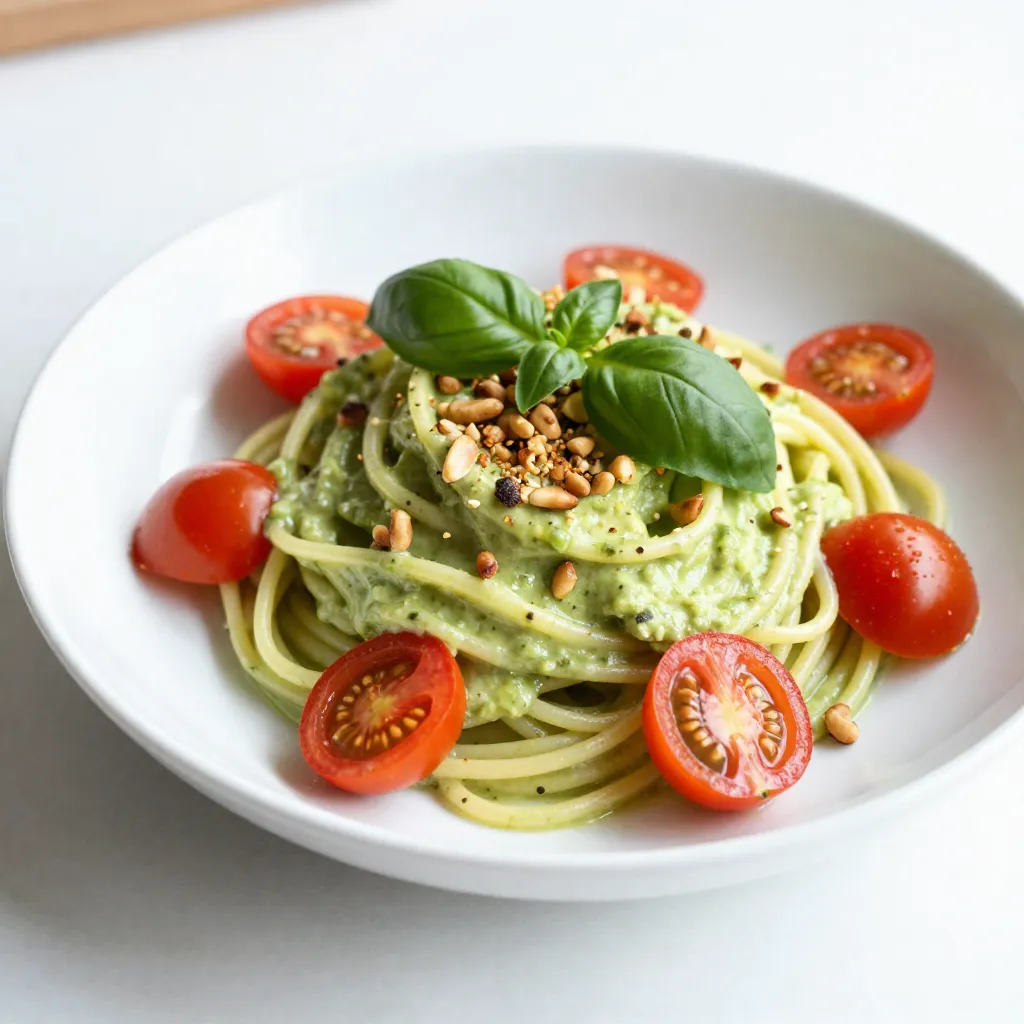 - 2 ripe avocados, pitted and peeled - 2 cloves garlic, minced - 1/4 cup fresh basil leaves - 2 tablespoons freshly squeezed lemon juice - 1/2 teaspoon sea salt (adjust to taste) - 1/4 teaspoon freshly cracked black pepper (adjust to taste) - 1/4 cup extra virgin olive oil - 12 oz spaghetti or your favorite pasta - 1/4 cup cherry tomatoes, halved (for garnish) - 2 tablespoons pine nuts, toasted (for garnish) - Extra fresh basil leaves (for garnish) Gather these ingredients before you start. Fresh avocados are key. They give the dish its creamy base. Garlic adds a nice kick. Fresh basil brings a burst of flavor. Lemon juice keeps everything bright. Sea salt and black pepper balance the taste. Extra virgin olive oil adds richness. Choose spaghetti or your favorite pasta for the base. Cherry tomatoes and pine nuts are perfect garnishes. They add color and texture. With these ingredients, you'll create a delicious meal. {{ingredient_image_2}} To start, fill a large pot with water. Add a generous amount of salt. Bring the water to a rolling boil. This step adds flavor to the pasta. Next, add your spaghetti or favorite pasta into the boiling water. Cook it according to the package instructions. Aim for al dente, which means it should be firm but not hard. This usually takes about 8 to 10 minutes. Once it's done, drain the pasta. Be sure to save a cup of the pasta water for later. Now, we’ll make the creamy avocado sauce. Take your ripe avocados and place them in a food processor. Add in the minced garlic, fresh basil leaves, and lemon juice. Sprinkle in the sea salt and black pepper. Pulse the mixture until it blends well. While blending, slowly pour in the olive oil. Keep blending until the sauce is smooth and creamy. If you want a lighter texture, you can add a bit of pasta water. Taste the sauce and adjust the seasoning if needed. Add more salt or lemon juice to suit your taste. Next, it’s time to combine everything. In a large mixing bowl, add your hot pasta. Pour the creamy avocado sauce over the pasta. Mix them together well. If the sauce seems too thick, use the reserved pasta water to thin it out. Add it a tablespoon at a time until you reach the desired creaminess. Finally, taste the pasta and make any last adjustments. You may want to add a pinch more salt or a squeeze of lemon juice. Enjoy the rich, creamy flavor of your avocado pasta! - Ensuring ripeness of avocados: Use ripe avocados for the best creaminess. A ripe avocado feels soft but not mushy. You can test it by gently pressing the skin. If it gives slightly, it's ready to use. Avoid hard avocados; they won't blend well. - Importance of using fresh ingredients: Fresh ingredients make a big difference. Fresh basil adds a bright taste. Using fresh garlic over powdered garlic helps enhance the flavor. Always choose the best ingredients you can find. - Suggestions for additional spices or herbs: You can boost the flavor with herbs like parsley or cilantro. A pinch of red pepper flakes adds heat. You could also try nutritional yeast for a cheesy flavor without dairy. - Lemon juice vs. lime juice: Which is better?: Lemon juice brightens the dish, but lime juice offers a unique twist. Both are great, so use whichever you prefer. You can even mix them for a tangy kick. - Serving dishes and garnish techniques: Serve this pasta in wide, shallow bowls. This makes it look inviting. Use a large spoon to twirl the pasta into a nest. It adds height and makes it appealing. - Tips for a stunning visual presentation: Garnish with cherry tomatoes and toasted pine nuts. The bright colors pop against the green pasta. A drizzle of olive oil and a sprinkle of black pepper complete the look. It’s all about making your dish as beautiful as it is tasty. Pro Tips Use Ripe Avocados: Ensure your avocados are perfectly ripe for the creamiest texture. They should yield slightly to pressure when gently squeezed. Customize the Herbs: Experiment with different herbs beyond basil, such as cilantro or parsley, for a unique flavor twist that suits your taste. Serve Immediately: This dish is best enjoyed fresh. The avocado sauce can brown quickly, so serve it right after mixing with the pasta. Make it Nut-Free: If you have nut allergies, simply skip the pine nuts or substitute them with sunflower seeds for a similar crunch without the allergens. {{image_4}} For a vegan version, you can easily swap out a few ingredients. Use nutritional yeast instead of cheese. You can also replace the olive oil with avocado oil for a rich flavor. To keep it creamy without dairy, use a little coconut milk or cashew cream. Both options give a nice, smooth texture. If you want a gluten-free dish, choose pasta made from rice, quinoa, or chickpeas. These alternatives taste great and hold the creamy sauce well. When cooking gluten-free pasta, check the package for timing. It usually cooks faster than regular pasta. You can make this dish even better by adding seasonal vegetables. In summer, throw in some fresh zucchini or bell peppers. In winter, roasted butternut squash adds a sweet flavor. Also, try different herbs based on what's fresh. In spring, use mint for a bright taste. In fall, add sage for warmth. This keeps your avocado pasta exciting year-round! To store leftovers, use airtight containers. Glass or plastic containers work well. The creamy avocado pasta lasts up to three days in the fridge. Make sure to seal the container tightly to keep the pasta fresh. When it's time to reheat, use the microwave or a stovetop pan. If using the microwave, heat in short bursts. Stir between intervals to prevent hot spots. On the stovetop, add a splash of water or olive oil to keep it moist. This helps maintain the sauce's creaminess. Yes, you can freeze avocado sauce! However, it may change texture a bit after thawing. Scoop the sauce into ice cube trays for easy portions. To thaw, leave it in the fridge overnight or place it in warm water. Once thawed, stir well before serving. To make creamy avocado pasta, start by cooking your pasta. Use a large pot and bring salted water to a boil. Cook the pasta until it is al dente according to the package instructions. Drain the pasta but save some pasta water. Next, make the avocado sauce. In a food processor, blend two ripe avocados, two cloves of minced garlic, fresh basil, lemon juice, sea salt, and black pepper. While blending, slowly add extra virgin olive oil until smooth. Combine the hot pasta with the sauce, adding reserved pasta water if needed. Finally, serve with cherry tomatoes and pine nuts. If you need a substitute for avocado, try using silken tofu or cashew cream. Both options provide a creamy texture without the avocado flavor. For a nut-free option, you can blend cooked and cooled cauliflower for a smooth sauce. Each substitute will change the taste a bit, but they can still make a tasty dish. Yes, you can make parts of this recipe ahead of time. You can prepare the avocado sauce a few hours before serving. Store it in an airtight container to keep it fresh. However, I recommend cooking the pasta just before serving. This way, the pasta stays warm and the sauce remains creamy. Creamy avocado pasta is quite healthy. Avocados are rich in healthy fats and fiber. They also provide vitamins and minerals. Using whole grain pasta can boost the fiber content further. This dish is a great choice for a light yet filling meal. Just be mindful of portion sizes if you're watching calories. To adjust flavors, taste the sauce and add more salt or lemon juice if needed. You can also add spices like red pepper flakes for heat or more garlic for a stronger flavor. Fresh herbs like cilantro or parsley can add a nice twist. Don't be afraid to experiment until you find your favorite mix! This blog post covered how to make creamy avocado pasta, step by step. We discussed the key ingredients, from ripe avocados to extra virgin olive oil. I shared tips for cooking pasta perfectly and making a smooth, delicious sauce. You learned about variations for vegan and gluten-free options too. Remember, fresh ingredients and ripeness make a huge difference. Experiment with flavors and garnishes for a stunning dish. Enjoy creating your version of this healthy pasta!