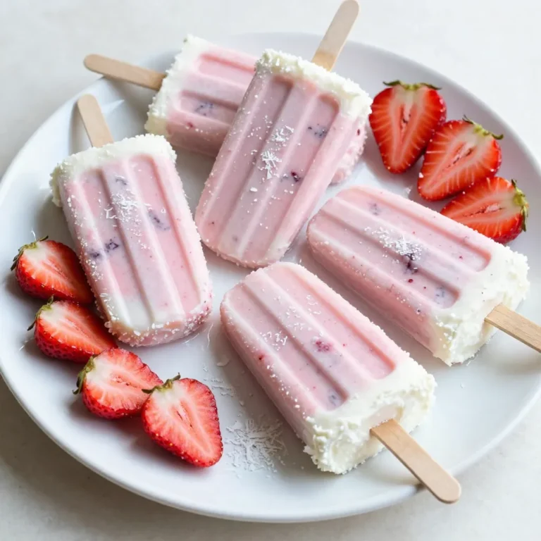 - 2 cups fresh strawberries, hulled and sliced - 1 cup coconut milk (preferably canned for added creaminess) - 1 tablespoon honey or maple syrup (adjust according to your sweetness preference) - 1 teaspoon vanilla extract - 1/2 cup unsweetened shredded coconut - Pinch of salt The ingredients for strawberry coconut popsicles are simple yet delicious. Fresh strawberries bring a bright flavor and a vibrant color. The coconut milk adds creaminess and a tropical twist. You can use honey or maple syrup to sweeten the mix, depending on your taste. Vanilla extract enhances the overall flavor. Shredded coconut gives a nice texture. The pinch of salt rounds out the taste. When selecting strawberries, look for ripe, juicy ones. They should be bright red with no green spots. For coconut milk, choose canned versions for a richer taste. If you prefer a sweeter popsicle, adjust the honey or maple syrup to your liking. This mix creates a fun and tasty summer treat. It’s perfect for hot days. Enjoy making these popsicles with your family! {{ingredient_image_2}} Start by placing the sliced strawberries, coconut milk, honey or maple syrup, vanilla extract, and a pinch of salt into a blender. Blend on high speed until you achieve a smooth, creamy consistency. This step is crucial. The goal is to mix everything well so that each bite tastes great. After blending, take a moment to taste the mixture. If it needs more sweetness, add more honey or maple syrup. Blend again briefly to incorporate any added sweetness. This simple step ensures the popsicles match your taste preference. It’s all about making them just right for you! Now, stir in the shredded coconut using a spoon. You can also pulse a couple of times in the blender. This keeps some texture for a delightful bite in each popsicle. Carefully pour the strawberry-coconut mixture into popsicle molds, leaving a small gap at the top of each mold. This gap allows for expansion during freezing. Once filled, insert the popsicle sticks straight into the center of each mold. Transfer the molds to the freezer. Allow them to freeze for at least 4 to 6 hours, or until they are completely solid. Waiting can be tough, but it’s worth it for that refreshing treat! When it's time to enjoy your popsicles, run warm water over the outside of the molds for a few seconds. This helps loosen the popsicles, making it easier to gently pull them out. If you find any resistance, just keep the warm water running a little longer. Enjoy your delicious creations! To make your popsicles taste great, adjust the sweetness. Start with one tablespoon of honey or maple syrup. After blending, taste your mix. If you want it sweeter, add more syrup. Blend again to mix it in. Using ripe strawberries is key too. They are naturally sweet and juicy. Look for bright red berries without any white spots. This will boost the popsicle's flavor. Shredded coconut gives a nice bite. Use unsweetened shredded coconut for a balanced taste. Add it after blending so it stays chunky. This way, you get that wonderful texture in each bite. When blending, speed matters. Blend on high until smooth, but don’t overdo it. You want creaminess but still some texture left. Presentation makes a big difference. Arrange your popsicles on a colorful plate. Add fresh strawberries on the side. A sprinkle of shredded coconut on top looks great too. For more fun, pair these popsicles with a scoop of vanilla ice cream. This mix of flavors and colors makes your dessert stand out. Pro Tips Use Ripe Strawberries: The sweeter and riper your strawberries are, the better your popsicles will taste. Look for bright red strawberries with a fragrant aroma for optimal flavor. Experiment with Sweeteners: If you prefer a healthier option, try using agave syrup or stevia as an alternative to honey or maple syrup, adjusting to your taste. Freeze in Layers: For a fun visual effect, freeze the mixture in layers. Pour a little of the strawberry-coconut mixture, freeze for 30 minutes, then add more mixture on top and freeze again. Get Creative with Add-ins: Consider adding a handful of spinach or kale for a nutritious boost or a splash of lime juice for a refreshing twist to your popsicles. {{image_4}} You can add other fruits to your popsicles for fun flavors. Try using mango, banana, or pineapple. These fruits mix well with strawberries and coconut. For example, blend two cups of fresh mango with the other ingredients. This gives your popsicles a tropical twist. Another great option is ripe bananas. They add creaminess and natural sweetness. Just one banana will do. Experiment to find your favorite mix! If you're not a fan of coconut milk, there are other options. Almond milk or oat milk can work well. You might want to use full-fat versions for creaminess. Alternatively, cashew milk is another rich choice. Each milk will change the flavor a bit. Keep in mind that coconut milk gives a unique taste. So, try different milks to find the one you like best. You can switch up your sweetener too. Honey or maple syrup is great, but you have more choices. Agave nectar is a nice alternative, as it blends easily. If you want a lower-calorie option, try stevia or monk fruit. These natural sweeteners work well in the recipe. Just remember to taste your mix before freezing. This way, you can adjust the sweetness to your liking. To keep your strawberry coconut popsicles fresh, store them properly. First, ensure they are fully frozen. Use airtight containers or freezer bags. This prevents freezer burn and keeps flavors intact. Label your containers with the date to track freshness. Avoid stacking items on top of them until they are solid. This helps maintain their shape. These popsicles will last in the freezer for about two months. After that, they may lose some flavor and texture. For best taste, enjoy them within this time frame. If you notice any ice crystals forming, it’s a sign they may be past their prime. When you’re ready to enjoy your popsicles, thaw them safely. Remove them from the freezer and let them sit at room temperature for about 5 minutes. This softens them just enough for easy eating. If you're in a hurry, run warm water over the molds for a few seconds. This helps loosen the popsicles quickly, making them easier to pull out. Enjoy your refreshing treat! Making these popsicles is quick and fun. The prep time is just 20 minutes. After that, you need to freeze them for 4 to 6 hours. So, the total time from start to finish is about 6 hours and 20 minutes. Yes, you can use frozen strawberries! They will work well in this recipe. Just make sure to let them thaw a bit before blending. This helps to get a nice, smooth mixture. Frozen strawberries can give you a great flavor too. If you don't have coconut milk, you can try almond milk or oat milk. These are great dairy-free options. They will change the flavor a little but will still taste good. You can also use regular milk if you are not avoiding dairy. To keep these popsicles vegan, just use maple syrup instead of honey. Maple syrup is a perfect choice. It adds sweetness without any animal products. Always check your coconut milk to ensure it’s vegan-friendly too. You now know how to make delicious Strawberry Coconut Popsicles. We covered fresh ingredients, blending steps, and freezing tips. You can also customize the recipe with different fruits and sweeteners. Remember the best ways to store these treats for freshness. Making these popsicles is easy and fun. I hope you enjoy the process and share your creations with others. Try these tips to elevate your popsicle game! Enjoy your tasty, refreshing snack!