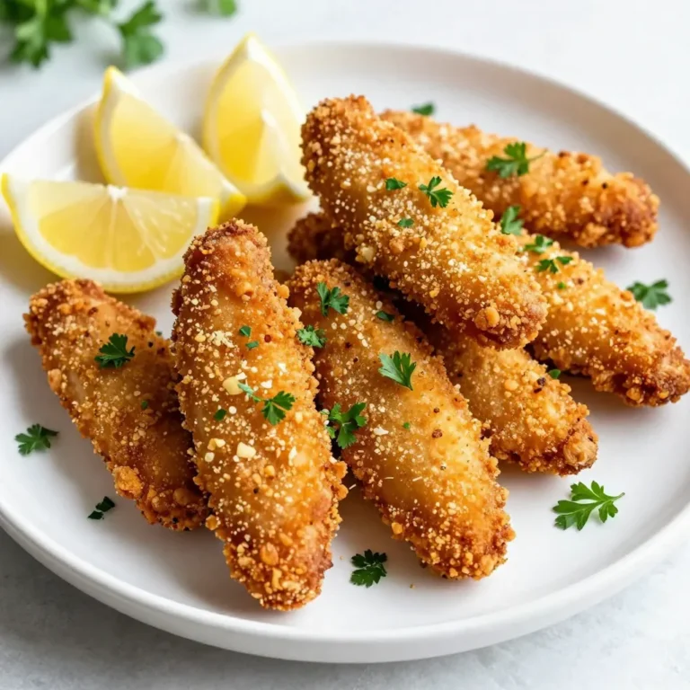 The key to making Garlic Parmesan Chicken Tenders lies in using fresh, quality ingredients. Here’s what you need: - 1 lb chicken tenders - 1 cup all-purpose flour - 1 teaspoon garlic powder - 1 teaspoon onion powder - 1 teaspoon paprika - 1 teaspoon salt - 1/2 teaspoon black pepper - 2 large eggs - 1 cup Italian-seasoned breadcrumbs - 1/2 cup grated Parmesan cheese - 1/4 cup fresh parsley, finely chopped - 3 tablespoons olive oil (for frying) - Lemon wedges (for serving) Each ingredient plays a role. The chicken tenders offer a tender base. The flour mixture adds flavor and crunch. Garlic and onion powders bring depth to each bite. Paprika adds a hint of smokiness. Salt and pepper enhance the taste. Eggs help the crumbs stick. The breadcrumbs give a crispy coating, while Parmesan adds a savory kick. Fresh parsley brightens the dish. Finally, lemon wedges provide a zesty finish that balances the rich flavors. Make sure to gather everything before you start cooking. This way, you’ll stay organized and enjoy the process. {{ingredient_image_2}} - Preparing the flour mixture: In a shallow dish, mix 1 cup flour, 1 teaspoon garlic powder, 1 teaspoon onion powder, 1 teaspoon paprika, 1 teaspoon salt, and 1/2 teaspoon black pepper. This blend adds a great flavor base. - Beating the eggs: In another shallow dish, beat 2 large eggs well. You want the yolks and whites mixed nicely. - Combining breadcrumbs and Parmesan: In a third dish, mix 1 cup Italian-seasoned breadcrumbs with 1/2 cup grated Parmesan cheese. This creates a tasty coating that makes the tenders crispy. - Dredging in flour: Take one chicken tender and coat it in the flour mixture. Shake off any extra flour to avoid clumps. - Dipping in eggs: Next, dip the flour-coated tender into the beaten eggs. Let any extra egg drip back into the dish. - Coating with breadcrumb mixture: Finally, press the tender into the breadcrumb and Parmesan mix. Ensure it’s fully covered for the best crunch. - Heating the olive oil: In a large skillet, heat 3 tablespoons of olive oil over medium heat. Wait until the oil shimmers, but don’t let it smoke. - Frying instructions: Carefully place the coated chicken tenders in the skillet. Fry them in a single layer. If needed, do this in batches to keep them from steaming. - Checking for doneness: Cook each tender for 4-5 minutes on one side. When golden brown, flip it over. Cook for another 4-5 minutes until the chicken reaches 165°F (74°C). This ensures they are fully cooked and safe to eat. To get a nice coat on your chicken tenders, you need three steps. First, dredge the chicken in the flour mix. Shake off any extra flour. Next, dip it in the eggs. Let the excess egg drip off. Finally, coat it with the breadcrumb mix. Press firmly to stick well. This method helps create a tasty crust. Temperature matters when frying. Heat the oil until it shimmers but does not smoke. If the oil is too cool, the chicken will absorb too much oil. If it’s too hot, the outside will burn before the inside cooks. Avoid overcrowding the pan. If you add too many tenders at once, they will steam rather than fry. This can make them soggy instead of crispy. Fry in batches if needed. Oil temperature is key for crispiness. Use a cooking thermometer if you have one. Aim for around 350°F (175°C). This ensures the chicken cooks evenly and gets that perfect crunch. You can make these tenders your own with spices. Try adding cayenne for heat or Italian herbs for more flavor. Personalize it based on what you like. Marinating the chicken is also an option. You can use lemon juice or yogurt for extra tenderness. Just remember to adjust your seasoning based on the marinade. A little extra garlic or salt can enhance the taste. Pro Tips Choose the Right Oil: For frying, use an oil with a high smoke point like canola or vegetable oil. This will help achieve a perfect crispy texture without burning the oil. Get Your Coating Right: Press the chicken tenders firmly into the breadcrumb mixture to ensure a thick, even coating that will hold up during frying. Check for Doneness: Use a meat thermometer to check that the internal temperature of the chicken reaches 165°F (74°C) for safe consumption. Let Them Rest: Allow the cooked chicken tenders to rest for a few minutes after frying. This helps the juices redistribute, keeping them moist and flavorful. {{image_4}} You can make baked Garlic Parmesan chicken tenders for a lighter option. Instead of frying, coat the tenders and place them on a baking sheet. Bake them at 400°F for about 20-25 minutes. This method keeps them crispy while cutting down on oil. If you need a gluten-free option, use gluten-free breadcrumbs instead of regular ones. Also, ensure the flour is gluten-free. This way, everyone can enjoy this tasty dish without worry. You can add fun flavors to your chicken tenders by trying different cheeses. Mozzarella or cheddar can add a creamy twist. Mix in some cheese with the breadcrumbs for a unique flavor. Seasonings can also change the taste. Try adding paprika, cayenne pepper, or even herbs like oregano or thyme. Experimenting helps you find your perfect flavor. Pair your chicken tenders with tasty sauces. A simple garlic aioli or ranch dressing works great. You could also try honey mustard or BBQ sauce for dipping. For side dishes, think about fresh veggies or a light salad. Roasted potatoes or sweet potato fries add a nice touch. These sides complement the chicken well and make for a complete meal. You can store leftovers in the fridge for up to three days. Keep them in an airtight container. This helps lock in flavor and keeps them fresh. The best way to reheat these chicken tenders is in the oven. Preheat it to 350°F. Place the tenders on a baking sheet for about 10 minutes. This keeps them crispy. You can also use a microwave, but it may make them a bit soft. If you choose the microwave, heat them in short bursts to avoid overcooking. You can freeze both uncooked and cooked chicken tenders. To freeze uncooked tenders, place them on a baking sheet first. Once frozen, transfer them to a freezer bag. For cooked tenders, let them cool before freezing. Store them in a freezer-safe container or bag. To defrost, place them in the fridge overnight. You can also use the microwave for quick defrosting, but be careful not to start cooking them. You can use chicken breasts cut into strips. Thigh meat is a great choice too. Both options work well. Just make sure to adjust the cooking time if the pieces are thicker. Yes, you can skip the breadcrumbs. Try using crushed cornflakes or panko for a crunch. Alternatively, you could coat the chicken in flour and cheese for a different texture. Check the internal temperature with a meat thermometer. It should reach 165°F (74°C). You can also cut into the thickest part; the meat should be white, not pink. Ranch dressing is a classic choice. Honey mustard adds a nice sweetness. You could also try BBQ sauce or a zesty lemon aioli. Each dip brings out different flavors. Yes, you can prepare the chicken tenders and bread them ahead of time. Store them in the fridge for a few hours before cooking. Just remember to cook them fresh for the best crunch. You can now create delicious Garlic Parmesan Chicken Tenders with confidence. We covered the main ingredients, step-by-step instructions, and helpful tips to ensure crispiness. You learned about variations for healthier options and ways to store your tenders properly. Remember, cooking is all about experimenting. Have fun with flavors and find what you love. Enjoy these tenders with your favorite dipping sauces or sides. Happy cooking!