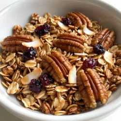 - 2 cups rolled oats - 1 cup coarsely chopped pecans - 1/2 cup pure maple syrup - 1/4 cup melted coconut oil - 1/2 teaspoon vanilla extract - 1/2 teaspoon ground cinnamon - 1/4 teaspoon sea salt - Optional mix-ins: 1/2 cup dried cranberries or raisins, 1/4 cup unsweetened coconut flakes Gathering these simple ingredients is key to making a tasty granola. Rolled oats form the base. They add crunch and fiber. Pecan nuts bring a rich, nutty flavor. Pure maple syrup adds sweetness and a hint of caramel. Melted coconut oil helps bind the granola and adds a mild flavor. Vanilla extract gives it a warm scent. Ground cinnamon adds a lovely spice note. Sea salt enhances all the flavors. Optional ingredients like dried cranberries or raisins add a sweet chewiness. Unsweetened coconut flakes provide texture and a tropical twist. Feel free to mix and match with what you love. You can use different nuts or seeds. This granola is about your taste! {{ingredient_image_2}} - Preheat your oven to 325°F (160°C). - Line a baking sheet with parchment paper for easy cleanup. - In a large bowl, mix together 2 cups of rolled oats, 1 cup of coarsely chopped pecans, 1/2 teaspoon of ground cinnamon, and 1/4 teaspoon of sea salt. Stir well until everything is combined. - In a separate bowl, whisk together 1/4 cup of melted coconut oil, 1/2 cup of pure maple syrup, and 1/2 teaspoon of vanilla extract. This mix adds sweetness and flavor. - Pour the wet mixture over the dry ingredients. Use a spatula to mix until every oat and pecan gets coated. - Transfer the mixture to your prepared baking sheet. Spread it out evenly. For clumpy granola, press it down lightly. - Bake for 20-25 minutes. Stir halfway through to ensure even baking and prevent burning. Look for a golden brown color and a nice aroma. - After baking, let it cool completely on the baking sheet. This is when it will harden into clusters. - If you want, mix in 1/2 cup of dried cranberries or raisins and 1/4 cup of unsweetened coconut flakes after cooling. - Store the granola in an airtight container. It lasts up to 2 weeks. Enjoy it as a snack or a breakfast topping! To avoid burning granola, keep an eye on the oven. Bake it at 325°F for 20 to 25 minutes. Stir it halfway through to get an even color. Watch the edges; they should turn golden brown. If you smell a nutty aroma, it’s almost ready! For clusters, press the mixture down on the baking sheet. Use a spatula to compact the granola a bit. This helps the oats and nuts stick together. Once baked and cool, it will form those lovely crunchy clusters we all love. If you want healthier options, swap maple syrup for agave nectar or honey. You can also use light olive oil instead of coconut oil. These choices keep your granola tasty and light. For nuts and seeds, feel free to mix it up! Almonds, walnuts, or sunflower seeds work great too. Each adds its own flavor and crunch. You can play with different dried fruits, like apricots or figs, to add more sweetness. Pro Tips Use Fresh Ingredients: Always opt for fresh, high-quality nuts and oats for the best flavor and texture in your granola. Experiment with Flavors: Feel free to add spices like nutmeg or ginger, or even a pinch of sea salt to enhance the flavors of your granola. Customize Your Mix-ins: Incorporate your favorite dried fruits, seeds, or chocolate chips to create a granola that suits your taste. Store Properly: Keep your granola in an airtight container at room temperature to maintain its crunchiness and freshness for longer. {{image_4}} You can easily change the taste of your granola. Adding spices can create a warm flavor. Try mixing in nutmeg or ginger for a twist. These spices give your granola a cozy feel. You can also mix in different fruits. Chopped apples or sliced bananas work well. Fresh fruit adds a juicy texture and flavor. You can turn your granola into tasty bars. To do this, you need to adapt the recipe. First, use a binding agent. Some good options are nut butter or honey. These help hold the granola together. Press your mixture firmly into a baking dish. Then, chill it in the fridge for a few hours. When it's set, cut it into bars. Now you have a healthy snack that is easy to grab! To keep your maple pecan granola fresh, use airtight containers. These containers prevent air from making your granola stale. You can choose glass jars or plastic bins. Store them in a cool, dark place like a pantry or cupboard. This will help maintain the crunch and flavor. Homemade maple pecan granola lasts about two weeks. Factors like humidity and temperature can affect its freshness. If you keep it in a warm area, it might spoil faster. To ensure the best taste, enjoy it within this time frame. Remember, the sooner you eat it, the better it will taste! You can easily make Maple Pecan Granola vegan. Here are some swaps: - Replace the coconut oil with any plant-based oil. - Use maple syrup as your sweetener; it’s already vegan. - If you want, skip the honey or any other animal-based sweeteners. - Make sure to use vegan-friendly add-ins like dried fruits. These simple swaps keep the flavor but make it vegan. Yes, you can freeze Maple Pecan Granola! Here’s how: - First, let it cool completely. If you skip this step, it may clump together. - Use an airtight container or a freezer bag. - Label it with the date for your reference. - Granola can last up to three months in the freezer. When ready to eat, just thaw it at room temperature. Maple syrup and pecans offer great health perks. Here’s a look: - Maple Syrup: It has antioxidants and minerals like manganese and zinc. - Pecans: They are rich in healthy fats, fiber, and protein. Both ingredients may help boost heart health. They also provide energy for your day. Enjoying this granola gives you a tasty and nutritious snack! In this post, we explored how to make delicious Maple Pecan Granola. You learned about the perfect blend of oats, pecans, and maple syrup. We covered step-by-step instructions for mixing and baking your granola. Plus, you got tips for storage and variations, like making bars. Granola is great for quick snacks or breakfast. Enjoy experimenting with flavors and ingredients. Your homemade granola will surely impress everyone!