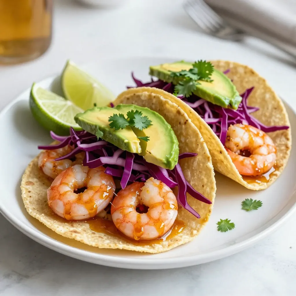 - 1 lb large shrimp, peeled and deveined - 3 tablespoons honey - 3 cloves garlic, finely minced - 1 tablespoon soy sauce - 1 tablespoon freshly squeezed lime juice - 1 teaspoon chili powder - 1/2 teaspoon smoked paprika - 1 tablespoon extra virgin olive oil - 8 small corn or flour tortillas These main ingredients create a sweet and savory flavor. The honey and garlic pair well with shrimp. They form a tasty marinade that infuses flavor into each bite. - 1 cup shredded red cabbage - 1 ripe avocado, sliced into thin wedges Adding red cabbage gives crunch and freshness. Avocado adds creaminess and richness. Both ingredients balance the shrimp's flavor nicely. - Fresh cilantro leaves, for garnish - Lime wedges, for serving Cilantro adds a bright, herbal flavor. Lime wedges allow you to add a zesty kick. These toppings make your tacos even better! Feel free to mix and match to find your favorite flavors. {{ingredient_image_2}} Start by mixing the marinade. In a bowl, whisk together three tablespoons of honey, three minced garlic cloves, one tablespoon of soy sauce, and one tablespoon of lime juice. Add one teaspoon of chili powder and half a teaspoon of smoked paprika for depth. This blend creates a sweet and savory mix that enhances the shrimp’s flavor. Once mixed, add one pound of peeled and deveined shrimp to the bowl. Toss them gently, making sure each shrimp gets coated in that tasty marinade. Cover the bowl and let it chill in the fridge for about 15 minutes. This time allows the shrimp to soak up the flavors better. Now, let’s cook the shrimp. Heat one tablespoon of extra virgin olive oil in a large skillet over medium-high heat. Wait until the oil shimmers before adding the shrimp. Be sure to place them in a single layer. If the pan is crowded, the shrimp won’t cook evenly. Cook each shrimp for 2-3 minutes on one side. Look for them to turn opaque and slightly charred before flipping them. Cook the other side for the same time. Once done, the shrimp should be juicy and full of flavor. While the shrimp cooks, it’s time to warm the tortillas. You can choose small corn or flour tortillas based on your taste. To warm them, place them on a dry skillet over low heat. Heat for 30 seconds on each side until soft. Alternatively, you can wrap them in a damp paper towel and microwave for about 30 seconds. This method makes them nice and pliable. Warm tortillas make a big difference in enjoying your tacos. Now comes the fun part—assembling the tacos! Start with a warm tortilla on your plate. Add a handful of shredded red cabbage for crunch and color. Next, place a few cooked shrimp on top. Slice one ripe avocado into thin wedges and layer several on the shrimp. This adds creaminess and balances the flavors. Finally, sprinkle fresh cilantro leaves over the tacos for a pop of freshness. Serve the tacos immediately with lime wedges on the side. Squeezing fresh lime juice over them adds a zesty finish that everyone will love. Enjoy your delicious honey garlic shrimp tacos! For the best flavor, marinate the shrimp for at least 15 minutes. This time allows the shrimp to soak up the honey, garlic, and spices. Always mix the marinade well. This ensures each shrimp gets a good coating. You want to use fresh shrimp if possible. Fresh shrimp tastes better and has a better texture. If you use frozen shrimp, make sure to thaw them completely before marinating. Cook the shrimp over medium-high heat. This heat gives the shrimp a nice char while keeping them juicy. Make sure not to crowd the pan. Cook them in a single layer for even cooking. Each side needs only about 2-3 minutes. Look for the shrimp to turn opaque and slightly pink. This color change shows that they are done. Remove them from heat right away. Overcooked shrimp become rubbery and tough. Warming tortillas is easy. Use a dry skillet over low heat. Heat each tortilla for about 30 seconds on each side. This method keeps them soft and pliable. You can also wrap them in a damp paper towel. Then microwave for about 30 seconds. This method works well too. Just be careful not to heat them too long. Otherwise, they can dry out and crack. Use these tips for perfect tortillas every time! Pro Tips Perfect Shrimp Timing: Cook the shrimp just until they turn opaque and slightly charred. Overcooked shrimp become rubbery, so watch closely! Marinating Magic: For an even deeper flavor, marinate the shrimp for up to 30 minutes. Just be careful not to exceed this time as the acid in lime juice can start to "cook" the shrimp. Tortilla Tips: Warm tortillas over low heat or in the microwave to keep them soft and pliable. This makes them easier to fold without tearing. Fresh Garnish: Always use fresh cilantro and lime wedges for serving. They add a burst of flavor that elevates your tacos to the next level! {{image_4}} If you want to switch things up, try using chicken or tofu. Chicken thighs are juicy and flavorful. Just cut them into bite-sized pieces. Tofu works well for a meat-free option too. Use firm tofu and press it to remove moisture. Both options will soak up the marinade nicely, giving you a tasty taco. You can play with the marinade to fit your taste. For a spicy kick, add more chili powder or a dash of hot sauce. If you love citrus, try orange juice instead of lime juice. You could even add ginger for an extra zing. Just mix and match to find your perfect flavor blend. Toppings can change your taco game. Instead of red cabbage, use shredded carrots or even a mix of both. Try adding pickled onions for a tangy crunch. You can also include a dollop of sour cream or Greek yogurt for creaminess. Fresh jalapeños add heat, while pineapple chunks bring sweetness. The options are endless and fun to explore! To store leftover tacos, place them in an airtight container. Keep the shrimp and toppings separate. This helps maintain freshness. You can store them in the fridge for up to two days. If you leave the toppings mixed with the shrimp, they may get soggy. When you reheat the shrimp, do it gently. Use a skillet over low heat. Add a splash of water or broth to keep them moist. Stir them often until they are warmed through. Avoid the microwave as it can overcook the shrimp, making them tough. For toppings, like avocado and cabbage, store them in separate containers. Use lemon or lime juice on avocado to prevent browning. Keep the tortillas in a sealed bag or container to avoid drying out. This way, all your ingredients stay fresh and ready for a quick meal. Yes, you can use frozen shrimp. Just make sure to thaw them first. Place the shrimp in the fridge overnight or run them under cold water for quick thawing. This method keeps the shrimp tender and tasty. I recommend using small corn or flour tortillas. Corn tortillas add a nice flavor and texture. Flour tortillas are soft and easy to fold. Both types work well, so choose what you like best. To spice things up, add more chili powder to the marinade. You can also include diced jalapeños or hot sauce when serving. These additions will give your tacos an extra kick. Yes, you can prepare the shrimp in advance. Marinate them up to 2 hours ahead of time. Just keep the shrimp in the fridge until you are ready to cook. This saves time and lets the flavors soak in. You’ve learned how to make honey garlic shrimp tacos from scratch. We covered key ingredients, marination, and cooking steps. Remember to experiment with toppings and try different proteins for variety. Storing leftovers properly will keep your tacos fresh for later. Keep these tips in mind for the best tacos each time. Enjoy making this dish, and don't hesitate to put your twist on it. Your kitchen will soon be the place for delicious flavors!