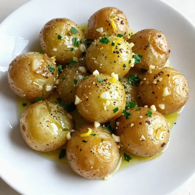 These Greek Lemon Garlic Potatoes get their bright flavor from simple, fresh ingredients. Here’s what you need: - 2 pounds baby potatoes, halved - 4 cloves garlic, finely minced - 1/4 cup extra virgin olive oil - 1/4 cup freshly squeezed lemon juice - Zest of 1 lemon (about 1 tablespoon) - 1 tablespoon dried oregano - 1 teaspoon sea salt - 1/2 teaspoon freshly ground black pepper - Fresh parsley, finely chopped (for garnish) Each ingredient plays a key role. The baby potatoes are tender and creamy when cooked. Garlic brings a strong, savory taste. Olive oil adds richness, while lemon juice and zest give a bright, zesty kick. Dried oregano adds a hint of earthiness. Sea salt and black pepper enhance all the flavors. Finally, fresh parsley makes the dish look bright and inviting. When you gather these ingredients, think about how they work together. The garlic and lemon create a lovely aroma. The olive oil helps the potatoes crisp up. Overall, these ingredients will turn simple potatoes into a flavorful side dish. {{ingredient_image_2}} 1. Start by preheating your oven to 400°F (200°C). This step is key for crispy potatoes. 2. In a large mixing bowl, add the halved baby potatoes, minced garlic, olive oil, lemon juice, lemon zest, dried oregano, sea salt, and black pepper. 3. Toss all the ingredients together using your hands or a spatula. Make sure every potato gets a good coat of the mix. 4. Carefully transfer the seasoned potatoes to a large baking sheet. Spread them out in a single layer. This helps them cook evenly. 1. Roast the potatoes in your preheated oven for 30 to 35 minutes. The heat works magic here! 2. Remember to stir the potatoes halfway through cooking. This helps them brown nicely on all sides. 3. Check for doneness by poking a potato with a fork. It should feel tender. A crispy outside is what you want! 1. After baking, take the baking sheet out of the oven. Let the potatoes cool for about 5 minutes. 2. Just before serving, garnish your potatoes with finely chopped parsley. This adds a nice burst of color and freshness. These steps will guide you to make delicious Greek Lemon Garlic Potatoes. Enjoy the flavor! To get the best texture, you need an even coating. This helps every potato get the same great flavor. When you mix your ingredients, be sure to use your hands or a spatula. Toss the potatoes well, so they soak up the garlic, lemon, and olive oil. Cooking time matters too. If your baby potatoes are larger, you may need more time. Smaller potatoes may cook faster. Always check them with a fork. They should be tender all the way through. Want to boost the taste? You can add more herbs and spices. Try fresh thyme or rosemary for a new twist. They pair well with lemon and garlic. When using oregano, fresh oregano packs a bigger punch than dried. If you have fresh on hand, chop it finely and use it in your mix. It can make a big difference in flavor and aroma. For serving, a large bowl or platter works best. Spread the potatoes out nicely. Drizzle any leftover pan juices on top for more flavor. To make your dish look nice, add lemon wedges on the side. They add color and can be squeezed over potatoes for extra zest. A sprinkle of fresh parsley also brightens up the look. Pro Tips Choose the Right Potatoes: Opt for waxy baby potatoes, such as red or fingerling, as they hold their shape well when roasted and provide a creamy texture inside. Enhance the Flavor: For an extra kick, add a pinch of red pepper flakes to the seasoning mix for a zesty, spicy twist. Utilize Leftovers: These roasted potatoes make a delicious addition to salads or can be reheated as a side dish for breakfast with eggs. Perfectly Crisp Potatoes: Ensure the potatoes are spread out in a single layer on the baking sheet to promote even browning and crispiness. {{image_4}} You can choose different types of potatoes for this dish. Yukon Gold and red potatoes work great. They add a rich flavor and creamy texture. You can also try other small potatoes. Just make sure they are similar in size for even cooking. You can boil the potatoes first if you want a softer inside. Boiling makes them tender before roasting. After boiling, you should roast them to get a crispy outside. This method takes a bit more time, but the result is worth it. Adding cheese can take these potatoes up a notch. Feta cheese crumbles add a nice salty touch. You can also sprinkle chili flakes for some heat. This gives your potatoes a spicy kick that many will love. Think about adding other aromatics too. Onions or bell peppers can enhance the flavors. Just chop them and toss them in with the potatoes. They will caramelize beautifully as they bake. If you want a vegan option, skip the cheese. The potatoes are already full of flavor from lemon and garlic. You can also use low-sodium salt if you watch your salt intake. This keeps the dish tasty but healthier. These variations can make the dish fit your needs. Feel free to experiment until you find your perfect version of Greek Lemon Garlic Potatoes! To keep your Greek Lemon Garlic Potatoes fresh, follow these steps. First, allow them to cool completely. Then, place them in an airtight container. You can store them in the fridge for up to four days. If you notice any off smells or changes in color, it's best to toss them. When reheating, you want to keep those tasty flavors and textures. The best way is to use the oven. Preheat it to 375°F (190°C). Spread the potatoes on a baking sheet. Heat for about 10 to 15 minutes. This method keeps them crispy. If you're in a hurry, use the microwave, but know they may lose some crispness. Freezing these potatoes is easy. First, let the cooked potatoes cool. Then, place them in a freezer-safe bag. Remove as much air as possible before sealing. They can last for up to three months in the freezer. When you're ready to eat, thaw them overnight in the fridge. Reheat in the oven for that crispy finish. Greek Lemon Garlic Potatoes are a tasty side dish. They use baby potatoes, garlic, lemon, and herbs. This dish has a zesty flavor with a crispy texture. The fresh lemon juice and zest give it a bright taste. The garlic adds depth and warmth. You roast the potatoes, making them soft inside and crispy outside. It's a dish that brings the flavors of Greece to your table. Yes, you can prepare Greek Lemon Garlic Potatoes ahead of time. You can mix the potatoes with garlic, oil, and spices. Then, store them in the fridge for up to 24 hours. Just remember to cover the bowl with plastic wrap. When you are ready, roast them as directed. This way, you save time when cooking for guests. These potatoes pair well with many dishes. They go great with grilled chicken or lamb. You can also serve them with fish. A fresh salad or roasted vegetables adds a nice touch. For a full Greek meal, try serving them with tzatziki sauce. The creamy dip balances the zesty potatoes perfectly. Absolutely! You can enhance Greek Lemon Garlic Potatoes with extra flavors. Try adding red onion for sweetness. Fresh herbs like thyme or rosemary can add depth. For a spicy kick, sprinkle in some chili flakes. You can even toss in olives or feta cheese for a Mediterranean twist. Get creative and make it your own! This blog post covered making Greek Lemon Garlic Potatoes, from ingredients to storage. You learned how to prepare and bake them for a crispy, flavorful dish. I shared tips for enhancing flavors and variations to suit your taste. Remember, small changes can bring big flavor. Enjoy these delicious potatoes with your favorite meals. Try exploring new herbs or toppings to keep it exciting. With these ideas, you'll make a tasty side every time. Cooking should be fun and rewarding. Happy cooking!