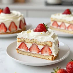 For this Strawberry Shortcake Icebox Cake, you need 2 cups of fresh strawberries. Start by hulling and slicing them. This brings out their juicy sweetness. I suggest letting the strawberries sit with 1 tablespoon of powdered sugar. This process is called maceration. It helps to release their delicious juices and makes them even tastier. You will also need 1 ½ cups of heavy whipping cream. This cream gives the cake its rich and fluffy texture. Mix this with ½ cup of powdered sugar and 1 teaspoon of pure vanilla extract. These sweeteners enhance the cream's flavor and make it delightful. Beat the mixture until soft peaks form. This will create a light and airy whipped cream. Next, use 1 cup of cream cheese that is softened to room temperature. Mix it with 1 tablespoon of fresh lemon juice and the zest of 1 lemon. This combination adds a tangy flavor that brightens the cake. Make sure the mixture is smooth and creamy. Fold in 1 cup of the whipped cream gently. This keeps the fluffiness intact while combining flavors. {{ingredient_image_2}} Start by hulling and slicing the fresh strawberries. You need about 2 cups. Place them in a medium bowl. Add 1 tablespoon of powdered sugar to the strawberries. Gently toss them to coat. Let them sit for 10-15 minutes. This helps the strawberries release their juices. You want them sweet and juicy for the cake. Next, grab a large mixing bowl. Pour in 1 ½ cups of heavy whipping cream. Add the remaining ½ cup of powdered sugar and 1 teaspoon of pure vanilla extract. Use an electric mixer to beat the mixture. Keep mixing until you see soft peaks form. This will make your cream light and fluffy. In a separate bowl, add 1 cup of softened cream cheese. Pour in 1 tablespoon of fresh lemon juice and the zest of 1 lemon. Mix these ingredients with your electric mixer until smooth. Make sure there are no lumps. Now, gently fold in 1 cup of the whipped cream. Do this carefully to keep the cream light and airy. To start assembling, take an 8x8 inch dish. Spoon a thin layer of the cream cheese mixture into the bottom. Spread it evenly across the base. Next, arrange a layer of graham crackers over this mixture. Break them if needed to fit. Spread another layer of the cream cheese mixture over the crackers. Then, add a generous layer of the macerated strawberries on top. Be sure to include some juice for flavor. Repeat this layering until you run out of ingredients. Finish with a final layer of whipped cream on top. Cover the assembled cake tightly with plastic wrap. Place it in the refrigerator. Chill for at least 4 hours, or better yet, overnight. This helps the flavors mix and the cake set up nicely. Right before serving, add more fresh strawberries and a sprinkle of lemon zest on top. Enjoy this delicious treat! To make perfect whipped cream, start with cold heavy cream. Place your bowl and beaters in the fridge for a few minutes. Use an electric mixer on medium speed. Add the powdered sugar and vanilla extract. Mix until soft peaks form. This means the cream holds its shape but still has a soft texture. Avoid over-mixing, as it can turn into butter. Macerating strawberries is easy. Slice the fresh strawberries and place them in a bowl. Add a tablespoon of powdered sugar and mix gently. Let them sit for 10-15 minutes. This helps the strawberries release their juices. The sugar draws out the sweetness, making them even more delicious. Use these juicy strawberries in your cake for added flavor. Presentation makes a big impact. Serve chilled slices on elegant dessert plates. Garnish with fresh mint leaves for color. Add a sprinkle of lemon zest for brightness. You can also drizzle some strawberry juice on the plate for extra flair. These small touches will impress your guests and make your dessert shine! Pro Tips Choose Ripe Strawberries: Opt for fresh, ripe strawberries for the best flavor. Look for berries that are bright red, plump, and fragrant. Chill Your Ingredients: For a fluffier whipped cream, chill your mixing bowl and beaters before whipping the heavy cream. Layering Technique: When layering, ensure you spread the cream cheese mixture evenly to create a uniform texture throughout the cake. Make Ahead: This dessert tastes even better the next day! Prepare it a day in advance to allow the flavors to develop fully. {{image_4}} You can change the fruit in this icebox cake. Try blueberries, raspberries, or peaches. Each fruit brings its own flavor. For example, peaches add a sweet, juicy taste. Blueberries offer a burst of tanginess. You can even mix fruits for a colorful look. Just make sure to use fresh fruit for the best taste. If you want a different sweet taste, use honey or maple syrup. They add a unique flavor. For a low-calorie option, consider using stevia or erythritol. Each sweetener changes the cake's taste a little, so choose what you like. Just adjust the amount based on the sweetness level you prefer. Make this cake gluten-free easily! Use gluten-free graham crackers. Many brands offer great options that taste just as good. You can also use almond flour cookies or crushed oats. Just make sure all your ingredients are gluten-free. This way, everyone can enjoy this tasty treat! To keep your Strawberry Shortcake Icebox Cake fresh, cover it tightly. Use plastic wrap or a lid. Store it in the fridge for up to three days. The flavors will blend even more, making it taste great! Just make sure to keep it chilled, as it is best served cold. If you want to save some for later, you can freeze the icebox cake. Slice it into pieces first. Wrap each slice in plastic wrap, then place them in an airtight container. It will stay good in the freezer for about one month. When you’re ready to enjoy it again, thaw it in the fridge overnight. For the best taste, serve the cake cold. Take it out of the fridge just before serving. If you have frozen slices, let them thaw completely. Add fresh strawberries and a sprinkle of lemon zest on top for a pretty touch. This makes each slice look fancy and taste fresh! Yes, you can use frozen strawberries. Just thaw them first. Pat them dry to remove extra moisture. This helps keep the cake from getting soggy. Frozen strawberries may not be as firm as fresh ones, but they still taste great. You can store the cake in the fridge for up to 3 days. Keep it covered tightly to prevent it from drying out. The flavors will develop more over time, making it even tastier. You can use Greek yogurt or mascarpone cheese. Both options will give a creamy texture. They also add a unique flavor to the cake. Just make sure they are smooth before mixing. Absolutely! This cake is great to make a day ahead. It needs time to chill and set. Preparing it in advance helps the layers blend well together, enhancing the taste. Yes, you can add more layers if you want. Just keep adding layers of cream and strawberries. This makes for a taller, more impressive cake. Just ensure you have enough ingredients to make it work! In this post, we covered how to make a delightful icebox cake with fresh strawberries, cream, and more. You learned about each ingredient, from preparing the strawberries to chilling the cake. We explored tips for perfect whipped cream and variations with other fruits. Remember, you can easily store leftovers and re-serve them later. Experiment with flavors and make this cake your own. Enjoy creating your tasty dessert!