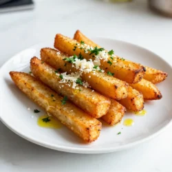 - 4 large carrots - 3 tablespoons extra virgin olive oil - 4 cloves fresh garlic - 1/2 cup freshly grated Parmesan cheese - 1 teaspoon dried oregano - 1/2 teaspoon smoked paprika - Sea salt and freshly cracked black pepper - Fresh parsley for garnish Gathering the right ingredients is key to making Garlic Parmesan Carrot Fries. Start with fresh, large carrots. They provide the best texture and flavor. Use extra virgin olive oil for a rich taste. Fresh garlic adds a strong aroma that makes the fries special. Grated Parmesan cheese gives that creamy, salty touch. Dried oregano and smoked paprika add a warm, earthy flavor. Seasoning with sea salt and freshly cracked black pepper enhances every bite. Finally, fresh parsley not only looks great but also brightens the dish. Each ingredient plays a role in creating a crunchy, tasty snack that you can't resist. Make sure to prepare all these items before you start cooking. This way, you can enjoy a smooth cooking process. {{ingredient_image_2}} First, set your oven to 425°F (220°C). This high heat helps the fries become crispy. Next, line a large baking sheet with parchment paper. This step makes cleaning easy and prevents the fries from sticking. Now, take four large carrots and peel them. Cut the carrots into fry shapes. Aim for uniform sizes to ensure even cooking. Place the cut fries in a large bowl. Drizzle three tablespoons of extra virgin olive oil over them. Toss gently until each fry is coated well. This oil helps achieve that perfect crispy texture. Next, add four cloves of finely minced garlic to the bowl. Sprinkle in half a cup of freshly grated Parmesan cheese. Also, add one teaspoon of dried oregano and half a teaspoon of smoked paprika. Season with sea salt and freshly cracked black pepper to taste. Toss the mixture again, ensuring every fry gets a good coat of flavor. Spread the seasoned carrot fries in a single layer on your baking sheet. Make sure they are not too close together. This spacing is key for even cooking and crispiness. If the fries are too crowded, they may steam instead of bake. Put the baking sheet in the preheated oven. Bake the fries for 20 to 25 minutes. At the halfway point, flip the fries over. This flip helps them brown evenly. You want them to be golden brown and crispy around the edges. Once the fries are done, take them out of the oven. Immediately sprinkle some extra grated Parmesan cheese on top. Add freshly chopped parsley for color and flavor. Serve warm and enjoy these tasty carrot fries as a snack or side dish! To get that great crispiness, oil is key. When you coat the carrot fries, make sure they are all covered well with olive oil. This helps them brown nicely. I recommend baking at 425°F (220°C) for 20 to 25 minutes. This high heat makes the fries crispy outside while keeping them tender inside. One big mistake is overcrowding the baking sheet. If the fries are too close together, they can steam instead of bake. This makes them soggy, and nobody wants that! It’s also important to flip the fries halfway through cooking. This ensures they brown evenly, giving you that perfect crunch. Using fresh garlic and Parmesan makes a huge difference. Fresh garlic adds a bold flavor that dried garlic can’t match. The same goes for Parmesan; freshly grated cheese melts better and gives a rich taste. These fresh ingredients enhance both the flavor and texture of your fries, making each bite a delight. Pro Tips Cut Evenly: Ensure all carrot fries are cut to similar sizes for uniform cooking, which will help them crisp up nicely. Don’t Skip the Parchment: Using parchment paper not only prevents sticking but also aids in achieving a golden brown finish on the fries. Experiment with Spices: Feel free to add other spices like cayenne pepper or garlic powder for an extra kick of flavor. Serve Immediately: For the best texture and taste, enjoy the fries fresh out of the oven while they’re still warm and crispy. {{image_4}} You can swap carrots for other veggies. Sweet potatoes make a great choice. Their sweetness adds a nice twist. Zucchini is another option. Just cut it into fries like the carrots. When using different veggies, adjust the cook time. For softer veggies like zucchini, bake for less time. Aim for 15-20 minutes instead of 20-25. Keep an eye on them. You want them tender and slightly crisp. Get creative with spices! Try adding cumin or chili powder for a kick. You can also use smoked salt for a deeper flavor. Each spice gives a unique taste. Cheese options are fun too. Instead of Parmesan, use cheddar or feta. They each change the flavor profile, making it exciting. Just remember to adjust the amount based on the cheese's saltiness. Dipping sauces can enhance your fries. Try a simple garlic aioli for a creamy touch. Mix mayonnaise, minced garlic, and lemon juice for a fresh flavor. If you prefer something tangy, go for a ranch dip. You can buy it or make your own with buttermilk, herbs, and spices. For store-bought options, look for spicy ketchup or BBQ sauce. They both pair well with the fries and add extra flavor. Enjoy exploring different combinations! To keep your Garlic Parmesan Carrot Fries fresh, follow these best practices: - Refrigeration: Place the fries in an airtight container. This helps keep them crunchy. - Containers: Use glass or plastic containers with tight lids. This prevents moisture from making them soggy. To enjoy your fries again with that perfect crisp, you have a couple of options: - Stovetop: Heat a non-stick skillet over medium heat. Add a little olive oil and warm the fries for about 5-7 minutes, flipping often. - Microwave: This is quicker but may not keep them crispy. Heat on medium power for about 1-2 minutes. Check often to avoid sogginess. Yes, you can freeze carrot fries, but it’s best to do it right: - Freezing: Lay the fries in a single layer on a baking sheet. Freeze them for about 1-2 hours until solid. Then, transfer them to a freezer bag. - Thawing: When ready to cook, take out the desired amount. You can bake them straight from frozen. Just add a few extra minutes to the cooking time for best results. Yes, you can use frozen carrots. However, they may not turn out as crispy. Frozen carrots have more moisture, which can lead to soggy fries. If you choose frozen, thaw them first and pat them dry. This helps reduce extra water. Fresh carrots give a better texture and taste. Fresh or frozen, the flavor remains delicious. Garlic Parmesan carrot fries are quite healthy. Carrots are low in calories and high in nutrients. They are rich in vitamin A, which is good for your eyes. Carrots also provide fiber, helping digestion. The olive oil adds healthy fats, while garlic has many health benefits. So, you can enjoy these fries guilt-free. To make this recipe vegan, swap the Parmesan cheese for a plant-based option. Nutritional yeast is a great choice. It gives a cheesy taste without dairy. For the oil, use a vegetable oil like sunflower or canola. These small changes keep the flavor while making it vegan-friendly. These fries are great on their own, but you can pair them with dips. Try ranch or hummus for extra flavor. They also work well as a side dish for burgers or sandwiches. Serve them with a fresh salad for a balanced meal. Enjoying them warm makes the best snack! You now have a tasty recipe for Garlic Parmesan Carrot Fries. We covered the ingredients, step-by-step instructions, tips for crispiness, and variations to explore. Remember to use fresh ingredients for the best flavor. Don't be afraid to try new spices or dip sauces that match your taste. These fries can transform snack time or mealtime. Enjoy making them, and share your fun twists with friends!