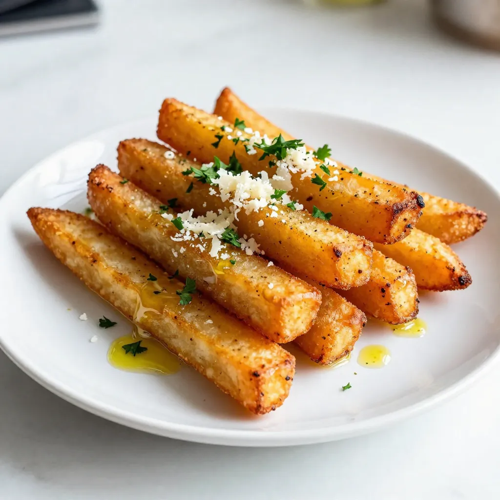 - 4 large carrots - 3 tablespoons extra virgin olive oil - 4 cloves fresh garlic - 1/2 cup freshly grated Parmesan cheese - 1 teaspoon dried oregano - 1/2 teaspoon smoked paprika - Sea salt and freshly cracked black pepper - Fresh parsley for garnish Gathering the right ingredients is key to making Garlic Parmesan Carrot Fries. Start with fresh, large carrots. They provide the best texture and flavor. Use extra virgin olive oil for a rich taste. Fresh garlic adds a strong aroma that makes the fries special. Grated Parmesan cheese gives that creamy, salty touch. Dried oregano and smoked paprika add a warm, earthy flavor. Seasoning with sea salt and freshly cracked black pepper enhances every bite. Finally, fresh parsley not only looks great but also brightens the dish. Each ingredient plays a role in creating a crunchy, tasty snack that you can't resist. Make sure to prepare all these items before you start cooking. This way, you can enjoy a smooth cooking process. {{ingredient_image_2}} First, set your oven to 425°F (220°C). This high heat helps the fries become crispy. Next, line a large baking sheet with parchment paper. This step makes cleaning easy and prevents the fries from sticking. Now, take four large carrots and peel them. Cut the carrots into fry shapes. Aim for uniform sizes to ensure even cooking. Place the cut fries in a large bowl. Drizzle three tablespoons of extra virgin olive oil over them. Toss gently until each fry is coated well. This oil helps achieve that perfect crispy texture. Next, add four cloves of finely minced garlic to the bowl. Sprinkle in half a cup of freshly grated Parmesan cheese. Also, add one teaspoon of dried oregano and half a teaspoon of smoked paprika. Season with sea salt and freshly cracked black pepper to taste. Toss the mixture again, ensuring every fry gets a good coat of flavor. Spread the seasoned carrot fries in a single layer on your baking sheet. Make sure they are not too close together. This spacing is key for even cooking and crispiness. If the fries are too crowded, they may steam instead of bake. Put the baking sheet in the preheated oven. Bake the fries for 20 to 25 minutes. At the halfway point, flip the fries over. This flip helps them brown evenly. You want them to be golden brown and crispy around the edges. Once the fries are done, take them out of the oven. Immediately sprinkle some extra grated Parmesan cheese on top. Add freshly chopped parsley for color and flavor. Serve warm and enjoy these tasty carrot fries as a snack or side dish! To get that great crispiness, oil is key. When you coat the carrot fries, make sure they are all covered well with olive oil. This helps them brown nicely. I recommend baking at 425°F (220°C) for 20 to 25 minutes. This high heat makes the fries crispy outside while keeping them tender inside. One big mistake is overcrowding the baking sheet. If the fries are too close together, they can steam instead of bake. This makes them soggy, and nobody wants that! It’s also important to flip the fries halfway through cooking. This ensures they brown evenly, giving you that perfect crunch. Using fresh garlic and Parmesan makes a huge difference. Fresh garlic adds a bold flavor that dried garlic can’t match. The same goes for Parmesan; freshly grated cheese melts better and gives a rich taste. These fresh ingredients enhance both the flavor and texture of your fries, making each bite a delight. Pro Tips Cut Evenly: Ensure all carrot fries are cut to similar sizes for uniform cooking, which will help them crisp up nicely. Don’t Skip the Parchment: Using parchment paper not only prevents sticking but also aids in achieving a golden brown finish on the fries. Experiment with Spices: Feel free to add other spices like cayenne pepper or garlic powder for an extra kick of flavor. Serve Immediately: For the best texture and taste, enjoy the fries fresh out of the oven while they’re still warm and crispy. {{image_4}} You can swap carrots for other veggies. Sweet potatoes make a great choice. Their sweetness adds a nice twist. Zucchini is another option. Just cut it into fries like the carrots. When using different veggies, adjust the cook time. For softer veggies like zucchini, bake for less time. Aim for 15-20 minutes instead of 20-25. Keep an eye on them. You want them tender and slightly crisp. Get creative with spices! Try adding cumin or chili powder for a kick. You can also use smoked salt for a deeper flavor. Each spice gives a unique taste. Cheese options are fun too. Instead of Parmesan, use cheddar or feta. They each change the flavor profile, making it exciting. Just remember to adjust the amount based on the cheese's saltiness. Dipping sauces can enhance your fries. Try a simple garlic aioli for a creamy touch. Mix mayonnaise, minced garlic, and lemon juice for a fresh flavor. If you prefer something tangy, go for a ranch dip. You can buy it or make your own with buttermilk, herbs, and spices. For store-bought options, look for spicy ketchup or BBQ sauce. They both pair well with the fries and add extra flavor. Enjoy exploring different combinations! To keep your Garlic Parmesan Carrot Fries fresh, follow these best practices: - Refrigeration: Place the fries in an airtight container. This helps keep them crunchy. - Containers: Use glass or plastic containers with tight lids. This prevents moisture from making them soggy. To enjoy your fries again with that perfect crisp, you have a couple of options: - Stovetop: Heat a non-stick skillet over medium heat. Add a little olive oil and warm the fries for about 5-7 minutes, flipping often. - Microwave: This is quicker but may not keep them crispy. Heat on medium power for about 1-2 minutes. Check often to avoid sogginess. Yes, you can freeze carrot fries, but it’s best to do it right: - Freezing: Lay the fries in a single layer on a baking sheet. Freeze them for about 1-2 hours until solid. Then, transfer them to a freezer bag. - Thawing: When ready to cook, take out the desired amount. You can bake them straight from frozen. Just add a few extra minutes to the cooking time for best results. Yes, you can use frozen carrots. However, they may not turn out as crispy. Frozen carrots have more moisture, which can lead to soggy fries. If you choose frozen, thaw them first and pat them dry. This helps reduce extra water. Fresh carrots give a better texture and taste. Fresh or frozen, the flavor remains delicious. Garlic Parmesan carrot fries are quite healthy. Carrots are low in calories and high in nutrients. They are rich in vitamin A, which is good for your eyes. Carrots also provide fiber, helping digestion. The olive oil adds healthy fats, while garlic has many health benefits. So, you can enjoy these fries guilt-free. To make this recipe vegan, swap the Parmesan cheese for a plant-based option. Nutritional yeast is a great choice. It gives a cheesy taste without dairy. For the oil, use a vegetable oil like sunflower or canola. These small changes keep the flavor while making it vegan-friendly. These fries are great on their own, but you can pair them with dips. Try ranch or hummus for extra flavor. They also work well as a side dish for burgers or sandwiches. Serve them with a fresh salad for a balanced meal. Enjoying them warm makes the best snack! You now have a tasty recipe for Garlic Parmesan Carrot Fries. We covered the ingredients, step-by-step instructions, tips for crispiness, and variations to explore. Remember to use fresh ingredients for the best flavor. Don't be afraid to try new spices or dip sauces that match your taste. These fries can transform snack time or mealtime. Enjoy making them, and share your fun twists with friends!