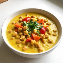 - 1 can (15 oz) chickpeas, drained and rinsed - 1 can (13.5 oz) coconut milk - 1 medium onion, finely chopped - 2 cloves garlic, minced - 1 tablespoon fresh ginger, minced - 1 red bell pepper, diced - 2 medium carrots, peeled and diced - 1 cup vegetable broth Chickpeas are the stars of this stew. They add protein and fiber. Coconut milk brings a creamy texture and a rich flavor. The onion, garlic, and ginger create a flavorful base. Red bell pepper and carrots add color, crunch, and nutrition. - 1 tablespoon coconut oil - 2 tablespoons red curry paste - 1 tablespoon soy sauce Use coconut oil to sauté the vegetables. It adds a light sweetness. Red curry paste packs a punch with bold flavors. Soy sauce brings saltiness and depth to the dish. These staples make the stew flavorful and satisfying. - 1 tablespoon fresh lime juice - Fresh cilantro leaves, for garnishing - 1 teaspoon ground turmeric - 1 teaspoon ground cumin - Salt and pepper, to taste Fresh lime juice offers a bright, zesty flavor. Cilantro adds a fresh note and a pop of color. Ground turmeric gives the stew a warm hue and health benefits. Ground cumin adds earthiness. Adjust salt and pepper to your taste. These seasonings help balance the stew, making every spoonful delicious. {{ingredient_image_2}} 1. In a spacious pot, heat 1 tablespoon of coconut oil over medium heat. 2. Add 1 finely chopped onion and sauté for 3-4 minutes. The onion should turn soft and fragrant. 3. Mix in 2 minced garlic cloves and 1 tablespoon of minced fresh ginger. Cook for 1 minute until it smells good. 4. Next, add 1 diced red bell pepper and 2 diced carrots. Cook for 5-6 minutes until they soften. 1. Now, stir in 2 tablespoons of red curry paste, 1 teaspoon of ground turmeric, and 1 teaspoon of ground cumin. Cook for 1 minute to toast the spices. 2. Pour in 1 can of drained chickpeas, 1 can of coconut milk, and 1 cup of vegetable broth. 3. Add 1 tablespoon of soy sauce and 1 tablespoon of fresh lime juice. Mix well and bring it to a gentle simmer. 1. Lower the heat, cover the pot, and let the stew simmer for 15-20 minutes. This lets the flavors mix nicely. 2. After simmering, taste the stew. Add salt and pepper as needed. For more spice, add another spoonful of red curry paste. 3. Serve the stew hot in bowls. Garnish with fresh cilantro leaves for a bright look. To make your stew just right, adjust the spice levels. If you want more heat, add more red curry paste. For a milder stew, use less. The balance of heat is key to a great flavor. For cooking time, let your stew simmer for 15 to 20 minutes. This allows the flavors to blend well. The longer you simmer, the richer the taste. When serving your stew, think about ideal side dishes. Steamed jasmine rice works great for soaking up the sauce. Warm naan is another tasty choice. Both make your meal more filling. For presentation, use deep, warm bowls. Sprinkle fresh cilantro on top for a pop of green. This makes the dish look vibrant and inviting. To boost nutrition, add leafy greens like spinach or kale. They cook down well and add health benefits without changing the taste much. You can also add protein boosters like tofu. Just cube the tofu and toss it in with the chickpeas. This way, you get more protein while keeping the dish vegetarian. Pro Tips Fresh Ingredients: Using fresh vegetables and herbs will enhance the flavor of your stew significantly. Aim for vibrant, crisp produce for the best results. Adjust the Spice: If you like your curry spicier, consider adding fresh chopped chili peppers or a pinch of cayenne pepper along with the red curry paste. Flavor Depth: For a deeper flavor, let the stew simmer a bit longer. The longer it simmers, the more the spices will develop and infuse the dish. Serving Suggestions: Pair your stew with a side of jasmine rice or warm naan to enjoy the rich coconut curry sauce even more. {{image_4}} You can switch up the legumes in this stew. Try black beans or lentils. Both are great sources of protein and will add a new flavor. You might also want to add different vegetables. Sweet potatoes, spinach, or peas work well. They add color and nutrition. For the milk, you can use almond milk or oat milk instead of coconut milk. This change still keeps it creamy but alters the taste slightly. If you love heat, make your curry spicy! Add more red curry paste or some chili flakes. For a milder stew, keep it light on the spices. You can also add fresh herbs like basil or mint. They give a fresh taste that brightens the stew. Try squeezing in some extra lime juice for a zesty kick. Making this stew ahead of time is easy. You can prepare it and store it in the fridge for up to four days. To freeze, let it cool completely, then transfer it to an airtight container. It can last up to three months in the freezer. When you’re ready to eat, thaw it overnight in the fridge. Then, heat it gently on the stove until warm. This way, you can enjoy a tasty meal with minimal effort! After making your Coconut Curry Chickpea Stew, let it cool first. Then, transfer it to an airtight container. Store it in the fridge for up to four days. This will keep the flavors fresh. To freeze, place the cooled stew in a freezer-safe container. Leave some space at the top, as the stew may expand. You can freeze it for up to three months. When ready to eat, move it to the fridge overnight to defrost. Reheat your stew on the stove over low heat. Stir it often to prevent sticking. You can also use a microwave, heating it in short bursts. Just be sure to stir between intervals. This way, the flavors stay rich and tasty. You can use almond milk or oat milk if you need a dairy-free option. These milks add a nice creaminess but will change the taste slightly. For a richer flavor, try using cashew cream. Yes, you can use dried chickpeas. Start by soaking them overnight. After soaking, cook them until they are tender. This may take 1-2 hours. Use about 1 ½ cups of cooked chickpeas for this recipe. The spice level mainly depends on the red curry paste. If you like mild, use less paste. For more heat, add more paste or some chopped chili peppers. Taste as you go to find your perfect spice level. Absolutely! Feel free to add spinach, zucchini, or sweet potatoes. Just make sure to adjust cooking times so everything cooks evenly. To thicken the stew, you can mash some chickpeas in the pot. You can also add a bit of cornstarch mixed with water. Stir it in and let it cook for a few more minutes. Serve the stew with jasmine rice or warm naan. Both options soak up the tasty sauce well. You can also pair it with a fresh salad for a light meal. The stew lasts about 3-4 days in the fridge. Store it in an airtight container to keep it fresh. Make sure to let it cool before putting it in the fridge. Yes, this stew freezes well. Let it cool completely before putting it in a freezer-safe container. It can last for up to 3 months in the freezer. Just thaw it in the fridge before reheating. Yes, this stew tastes even better the next day! Prepare it a day ahead and let the flavors blend. Just reheat it gently on the stove before serving. This blog post explored a tasty Coconut Curry Chickpea Stew. We discussed key ingredients like chickpeas, coconut milk, and fresh veggies. You learned how to prepare it step by step, from sautéing to simmering. We shared tips on flavor and texture, plus meal prep ideas. Remember, you can swap ingredients or adjust spices to suit your taste. With proper storage methods, you can enjoy this dish later. Embrace your creativity and make this stew your own!