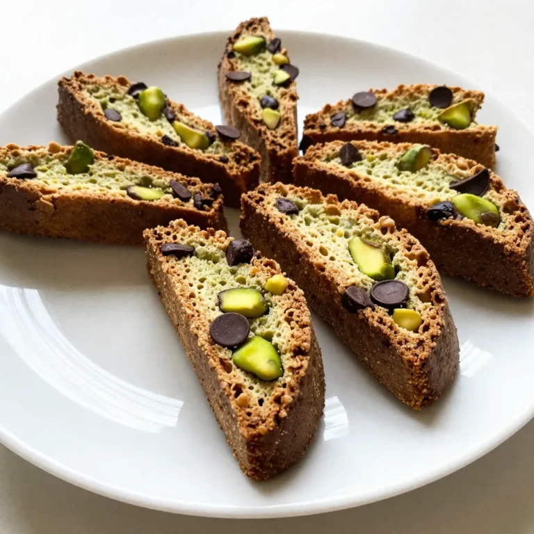 Here’s what you need to make delicious Chocolate Pistachio Biscotti: - 2 cups all-purpose flour - 1/2 cup unsweetened cocoa powder - 1 teaspoon baking powder - 1/2 teaspoon baking soda - 1/4 teaspoon salt - 3/4 cup granulated sugar - 1/4 cup packed brown sugar - 2 large eggs - 1 teaspoon vanilla extract - 1 cup unsalted pistachios, roughly chopped - 1/2 cup dark chocolate chips These ingredients blend to create a rich, chocolatey treat with a nice crunch from the pistachios. Each bite bursts with flavor and texture. You can find most of these items at your local grocery store. Make sure to use fresh nuts for the best taste! {{ingredient_image_2}} 1. Preheat your oven to 350°F (175°C). Line a baking sheet with parchment paper. 2. In a medium bowl, sift together 2 cups of flour, 1/2 cup cocoa powder, 1 teaspoon baking powder, 1/2 teaspoon baking soda, and 1/4 teaspoon salt. This blends the dry ingredients well. 3. In a large bowl, beat together 3/4 cup granulated sugar, 1/4 cup brown sugar, and 2 eggs until the mix is light and fluffy. This takes about 3 to 4 minutes. 1. Add 1 teaspoon of vanilla extract to the egg mixture and stir gently. 2. Slowly mix the dry ingredients into the wet mix. Be careful not to overmix; the dough will be thick. 3. Gently fold in 1 cup of roughly chopped pistachios and 1/2 cup of dark chocolate chips until evenly mixed. 1. With floured hands, shape the dough into a log about 12 inches long and 3 inches wide. Place it on your prepared baking sheet. 2. Bake the log for 25-30 minutes. It should feel firm to the touch. A toothpick inserted in the center should come out clean. 3. After baking, let the log cool on the sheet for about 15 minutes. 4. Carefully slice the log diagonally into 1/2-inch thick slices using a serrated knife for clean edges. 5. Place the slices back on the baking sheet, laying them flat on one side. Bake again for 10-15 minutes, then flip each slice and bake for another 10-15 minutes until dry and crisp. 6. Allow the biscotti to cool completely on a wire rack before serving. This step helps improve their texture and flavor. To achieve the perfect texture, watch your mixing time. Mix just until combined. Overmixing can lead to tough biscotti. The dough should feel thick but soft. Pair your biscotti with a hot drink. Espresso or coffee works best. The rich chocolate and nutty flavors shine with these drinks. For a lovely touch, arrange the biscotti on a nice platter. You can even add some fresh fruit or chocolate sauce for decoration. Watch the baking time closely. Overbaking makes biscotti hard, while underbaking leaves them soft. Both are not ideal. Always measure your ingredients carefully. Using the wrong amounts can change the texture and flavor. Pro Tips Chill the Dough: For easier handling, refrigerate the dough for about 30 minutes before shaping it into a log. This helps firm it up and makes it less sticky. Use Quality Chocolate: Opt for high-quality dark chocolate chips for a richer flavor in your biscotti. It makes a significant difference in taste! Perfectly Sliced: Use a serrated knife to slice the biscotti for clean edges. Make sure to slice while the log is still slightly warm for the best results. Storage Tips: Store the biscotti in an airtight container at room temperature for up to two weeks. They can also be frozen for longer shelf life. {{image_4}} You can make this biscotti recipe fit your needs. For gluten-free biscotti, use gluten-free flour. It works well and keeps the taste great. You can also swap nuts. Try walnuts or almonds instead of pistachios. Both add a nice crunch. If you want a different chocolate, use milk chocolate or white chocolate chips. Each choice gives a new spin to the classic flavor. Want to spice things up? Add a pinch of cinnamon or a touch of nutmeg. These spices add warmth and depth. You can also use extracts like almond or orange. They bring a unique twist to your biscotti. If you like dark chocolate, use more dark chocolate chips or try semi-sweet. Each type of chocolate changes the taste in fun ways. Biscotti can be made in many shapes and sizes. If you want smaller bites, shape the dough into smaller logs. Try mini biscotti for a cute treat. You can also create different shapes like rounds or triangles. This adds fun to your cookie jar. No matter the size or shape, each biscotti will taste amazing! To keep your chocolate pistachio biscotti fresh, store them in an airtight container. This keeps moisture out and maintains crispness. You can use a tin or a plastic container with a tight seal. If you add a piece of parchment paper, it helps absorb any extra moisture. This simple trick keeps your biscotti crunchy for longer. If you want to save some for later, you can freeze biscotti. To freeze, place them in a single layer on a baking sheet. Once frozen, transfer them to a freezer bag. Remove as much air as possible to prevent freezer burn. Biscotti can last up to three months in the freezer. When you want to enjoy them, just take out what you need and let them thaw at room temperature. To reheat your biscotti, the oven works best. Preheat your oven to 350°F (175°C). Place the biscotti on a baking sheet for about 5-7 minutes. This method revives their crunch and warmth. Avoid the microwave, as it can make them soft. With these tips, you will always enjoy fresh-tasting biscotti. Homemade biscotti can last up to two weeks. Store them in an airtight container to keep them fresh. If you want them to last longer, freeze them. They can stay good for up to three months in the freezer. Yes, you can use roasted pistachios. They add a nice flavor and crunch. Just make sure they are unsalted. If they are salted, adjust the salt in the recipe to balance the taste. Biscotti gets its hard and crunchy texture from twice baking. The first bake forms the log shape, and the second bake dries it out. This method creates that classic crunch that makes biscotti perfect for dipping. Yes, you can add fruit! Dried fruits like cranberries or cherries work well. Just make sure to chop them small. This adds flavor and a chewy texture to the biscotti. Yes, you can make a vegan version of biscotti. Replace the eggs with flax eggs or applesauce. Use a plant-based butter or oil instead of regular butter. The texture may change slightly, but it will still be delicious. You now know how to make tasty pistachio and chocolate chip biscotti. We covered the ingredients, step-by-step instructions, and key tips to prevent mistakes. Remember to play with flavors, shapes, and serve your treats right. Store them properly for the best taste later on. Enjoy baking and sharing this delightful snack with friends and family. With practice, you'll master biscotti and impress everyone!