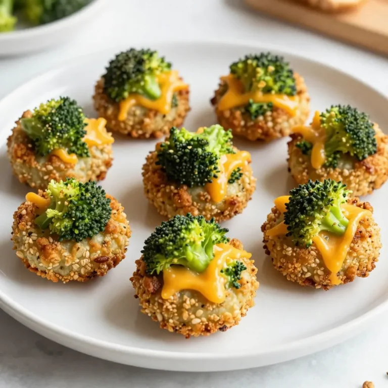 - 1 cup cooked quinoa - 1 ½ cups broccoli florets, finely chopped - 1 cup sharp cheddar cheese, shredded - 2 large eggs - ½ cup breadcrumbs (whole wheat or gluten-free) - ½ teaspoon garlic powder - ½ teaspoon onion powder - Salt and freshly ground pepper to taste - 1 tablespoon olive oil (for greasing) I love how simple yet nutritious these ingredients are. You start with cooked quinoa, which gives these bites their base. Quinoa is packed with protein and fiber, making it a great choice for a healthy snack. Next, we have broccoli. It adds crunch and a burst of color. Plus, it's full of vitamins! The sharp cheddar cheese brings a rich flavor. I always use sharp cheddar for that extra kick. Eggs help bind everything together, ensuring your bites hold their shape. Breadcrumbs add texture and make the outside crispy. Garlic and onion powder give a nice subtle depth to the taste. Don’t forget salt and pepper! They bring out the flavors. Finally, some olive oil ensures that your bites bake beautifully without sticking. With these ingredients, you create a snack that is not just good for you but also delicious and fun to eat. {{ingredient_image_2}} - Preheat your oven to 375°F (190°C). - Grease a baking sheet with olive oil or line it with parchment paper. Now that your oven is ready, it’s time to prepare the baking sheet. This step helps prevent sticking and makes clean-up easier. Use olive oil generously or parchment paper based on your preference. - Combine cooked quinoa, broccoli, cheddar cheese, and eggs in a bowl. - Mix thoroughly until fully incorporated. In a large bowl, add your cooked quinoa, chopped broccoli, shredded cheddar cheese, and eggs. Mix them well until everything is blended together. This ensures each bite is full of flavor and nutrients. - Add breadcrumbs, garlic powder, onion powder, salt, and pepper. - Shape the mixture into small patties and arrange on the baking sheet. Next, add breadcrumbs along with garlic powder, onion powder, salt, and pepper to your mixture. Stir it well to combine. Now, you can shape the mixture into small patties. Place them evenly on your prepared baking sheet to ensure they bake well. - Place the baking sheet in the oven and bake for 20-25 minutes. - Check for golden brown color and a crispy exterior. Now, it’s time to bake! Put your baking sheet in the oven and let the bites cook for 20-25 minutes. You want them to turn a lovely golden brown and get a nice crispy texture on the outside. Keep an eye on them to avoid burning. To ensure your Broccoli Cheddar Quinoa Bites hold together, use cooked quinoa that is fluffy. If your quinoa is too wet, it can make the bites soggy. Make sure to measure the broccoli and chop it finely, so it mixes well. Using two large eggs helps bind the mixture, so don’t skip them. For crispy exteriors, bake the bites at 375°F (190°C) for 20-25 minutes. Placing them on a greased or lined baking sheet gives them a nice crust. You can also flip the bites halfway through baking for even crispiness. Looking to amp up the taste? Add spices like paprika or cayenne for a kick. Fresh herbs like parsley or dill can add a bright flavor as well. You might also try adding grated carrots or cooked corn for extra sweetness. If you want a twist on cheese, swap sharp cheddar for mozzarella or feta. Mixing in different cheeses can create new flavor profiles. Try adding cream cheese for extra creaminess or using a dairy-free option if needed. Dips can take your bites to the next level. Marinara sauce or ranch dressing pairs well with these bites. You can also serve them with a spicy aioli for a bold taste. For garnishing, sprinkle fresh herbs on top just before serving. This adds color and freshness. Serve the bites on a bright platter to make them pop. You can even add sliced veggies or a small salad on the side for a full meal. Pro Tips Use Fresh Broccoli: Opt for fresh broccoli florets for the best flavor and texture. Frozen broccoli may become mushy during baking. Experiment with Cheeses: While sharp cheddar is delicious, try mixing in other cheeses like mozzarella or gouda for a unique twist. Perfectly Sized Bites: Use a cookie scoop to ensure uniform size for even cooking and a consistent appearance. Make Ahead: Prepare the quinoa bites in advance and store them in the fridge. Bake them fresh right before serving for a warm treat. {{image_4}} You can easily change the veggies in these bites. Try using spinach, bell peppers, or even zucchini. Each swap will give the bites a new taste and texture. Swap the cheese too! Instead of sharp cheddar, use mozzarella for a milder flavor or feta for a tangy kick. These swaps keep the recipe fresh and fun! If you want to make this dish vegan, you can replace the eggs. Use flaxseed meal or applesauce as a binder. For gluten-free bites, choose gluten-free breadcrumbs. These options let everyone enjoy this tasty treat without worry! Want a healthier option? Try cooking these bites in an air fryer. Preheat the air fryer to 375°F and cook them for about 15-20 minutes. They will be crispy and golden! If you prefer sautéing, heat a bit of olive oil in a pan. Cook the bites for about 3-4 minutes on each side until they are golden brown. This method adds a nice crust while keeping them soft inside. To keep your Broccoli Cheddar Quinoa Bites fresh, store them in an airtight container. Place a paper towel at the bottom to absorb moisture. This helps keep the bites crispy. They will stay fresh in the fridge for about 3 to 4 days. Make sure to let them cool completely before sealing. If you want to save some bites for later, freezing is a great option. First, let them cool down completely. Then, place them in a single layer on a baking sheet. Freeze them for about an hour until firm. After that, transfer the bites to a freezer-safe bag. They can last in the freezer for up to 3 months. When you're ready to eat, reheat them in the oven at 375°F (190°C). Bake for about 15-20 minutes until warm and crispy. This keeps their taste and texture just right! Yes, you can make these bites ahead of time. This saves you time during busy days. Prepare the mixture and shape the bites. Place them in the fridge for up to 24 hours. You can also freeze them for longer storage. Just remember to thaw them before baking. This way, you enjoy fresh bites with less hassle. These bites go well with many side dishes. Try serving them with marinara sauce for dipping. Ranch dressing is also a great choice. You can pair them with a fresh salad or steamed veggies. They make a fun appetizer or a light meal. Get creative and mix and match your favorites! Yes, you can adjust the baking temperature. If you want to bake at 350°F (175°C), increase the baking time by about five minutes. Always check for a golden brown color. If you prefer a quicker bake, 400°F (200°C) is fine too. Just keep an eye on them to avoid burning. We covered how to make delicious Broccoli Cheddar Quinoa Bites. You learned about key ingredients, step-by-step instructions, and even some helpful tips to enhance flavor and texture. These bites are easy to customize and can fit various diets. Don’t forget to try your own variations and share them with friends. Enjoy your cooking, and create tasty bites that everyone will love!
