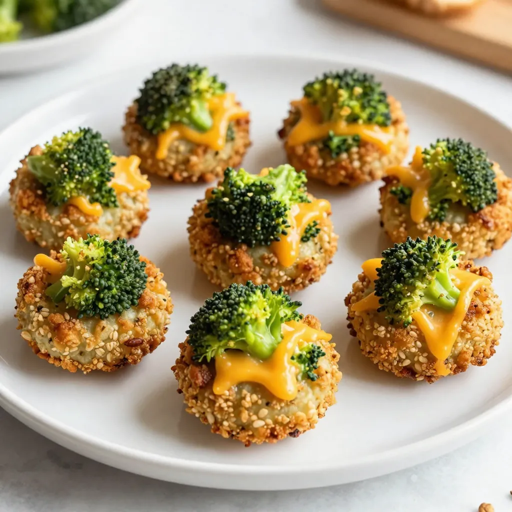 - 1 cup cooked quinoa - 1 ½ cups broccoli florets, finely chopped - 1 cup sharp cheddar cheese, shredded - 2 large eggs - ½ cup breadcrumbs (whole wheat or gluten-free) - ½ teaspoon garlic powder - ½ teaspoon onion powder - Salt and freshly ground pepper to taste - 1 tablespoon olive oil (for greasing) I love how simple yet nutritious these ingredients are. You start with cooked quinoa, which gives these bites their base. Quinoa is packed with protein and fiber, making it a great choice for a healthy snack. Next, we have broccoli. It adds crunch and a burst of color. Plus, it's full of vitamins! The sharp cheddar cheese brings a rich flavor. I always use sharp cheddar for that extra kick. Eggs help bind everything together, ensuring your bites hold their shape. Breadcrumbs add texture and make the outside crispy. Garlic and onion powder give a nice subtle depth to the taste. Don’t forget salt and pepper! They bring out the flavors. Finally, some olive oil ensures that your bites bake beautifully without sticking. With these ingredients, you create a snack that is not just good for you but also delicious and fun to eat. {{ingredient_image_2}} - Preheat your oven to 375°F (190°C). - Grease a baking sheet with olive oil or line it with parchment paper. Now that your oven is ready, it’s time to prepare the baking sheet. This step helps prevent sticking and makes clean-up easier. Use olive oil generously or parchment paper based on your preference. - Combine cooked quinoa, broccoli, cheddar cheese, and eggs in a bowl. - Mix thoroughly until fully incorporated. In a large bowl, add your cooked quinoa, chopped broccoli, shredded cheddar cheese, and eggs. Mix them well until everything is blended together. This ensures each bite is full of flavor and nutrients. - Add breadcrumbs, garlic powder, onion powder, salt, and pepper. - Shape the mixture into small patties and arrange on the baking sheet. Next, add breadcrumbs along with garlic powder, onion powder, salt, and pepper to your mixture. Stir it well to combine. Now, you can shape the mixture into small patties. Place them evenly on your prepared baking sheet to ensure they bake well. - Place the baking sheet in the oven and bake for 20-25 minutes. - Check for golden brown color and a crispy exterior. Now, it’s time to bake! Put your baking sheet in the oven and let the bites cook for 20-25 minutes. You want them to turn a lovely golden brown and get a nice crispy texture on the outside. Keep an eye on them to avoid burning. To ensure your Broccoli Cheddar Quinoa Bites hold together, use cooked quinoa that is fluffy. If your quinoa is too wet, it can make the bites soggy. Make sure to measure the broccoli and chop it finely, so it mixes well. Using two large eggs helps bind the mixture, so don’t skip them. For crispy exteriors, bake the bites at 375°F (190°C) for 20-25 minutes. Placing them on a greased or lined baking sheet gives them a nice crust. You can also flip the bites halfway through baking for even crispiness. Looking to amp up the taste? Add spices like paprika or cayenne for a kick. Fresh herbs like parsley or dill can add a bright flavor as well. You might also try adding grated carrots or cooked corn for extra sweetness. If you want a twist on cheese, swap sharp cheddar for mozzarella or feta. Mixing in different cheeses can create new flavor profiles. Try adding cream cheese for extra creaminess or using a dairy-free option if needed. Dips can take your bites to the next level. Marinara sauce or ranch dressing pairs well with these bites. You can also serve them with a spicy aioli for a bold taste. For garnishing, sprinkle fresh herbs on top just before serving. This adds color and freshness. Serve the bites on a bright platter to make them pop. You can even add sliced veggies or a small salad on the side for a full meal. Pro Tips Use Fresh Broccoli: Opt for fresh broccoli florets for the best flavor and texture. Frozen broccoli may become mushy during baking. Experiment with Cheeses: While sharp cheddar is delicious, try mixing in other cheeses like mozzarella or gouda for a unique twist. Perfectly Sized Bites: Use a cookie scoop to ensure uniform size for even cooking and a consistent appearance. Make Ahead: Prepare the quinoa bites in advance and store them in the fridge. Bake them fresh right before serving for a warm treat. {{image_4}} You can easily change the veggies in these bites. Try using spinach, bell peppers, or even zucchini. Each swap will give the bites a new taste and texture. Swap the cheese too! Instead of sharp cheddar, use mozzarella for a milder flavor or feta for a tangy kick. These swaps keep the recipe fresh and fun! If you want to make this dish vegan, you can replace the eggs. Use flaxseed meal or applesauce as a binder. For gluten-free bites, choose gluten-free breadcrumbs. These options let everyone enjoy this tasty treat without worry! Want a healthier option? Try cooking these bites in an air fryer. Preheat the air fryer to 375°F and cook them for about 15-20 minutes. They will be crispy and golden! If you prefer sautéing, heat a bit of olive oil in a pan. Cook the bites for about 3-4 minutes on each side until they are golden brown. This method adds a nice crust while keeping them soft inside. To keep your Broccoli Cheddar Quinoa Bites fresh, store them in an airtight container. Place a paper towel at the bottom to absorb moisture. This helps keep the bites crispy. They will stay fresh in the fridge for about 3 to 4 days. Make sure to let them cool completely before sealing. If you want to save some bites for later, freezing is a great option. First, let them cool down completely. Then, place them in a single layer on a baking sheet. Freeze them for about an hour until firm. After that, transfer the bites to a freezer-safe bag. They can last in the freezer for up to 3 months. When you're ready to eat, reheat them in the oven at 375°F (190°C). Bake for about 15-20 minutes until warm and crispy. This keeps their taste and texture just right! Yes, you can make these bites ahead of time. This saves you time during busy days. Prepare the mixture and shape the bites. Place them in the fridge for up to 24 hours. You can also freeze them for longer storage. Just remember to thaw them before baking. This way, you enjoy fresh bites with less hassle. These bites go well with many side dishes. Try serving them with marinara sauce for dipping. Ranch dressing is also a great choice. You can pair them with a fresh salad or steamed veggies. They make a fun appetizer or a light meal. Get creative and mix and match your favorites! Yes, you can adjust the baking temperature. If you want to bake at 350°F (175°C), increase the baking time by about five minutes. Always check for a golden brown color. If you prefer a quicker bake, 400°F (200°C) is fine too. Just keep an eye on them to avoid burning. We covered how to make delicious Broccoli Cheddar Quinoa Bites. You learned about key ingredients, step-by-step instructions, and even some helpful tips to enhance flavor and texture. These bites are easy to customize and can fit various diets. Don’t forget to try your own variations and share them with friends. Enjoy your cooking, and create tasty bites that everyone will love!