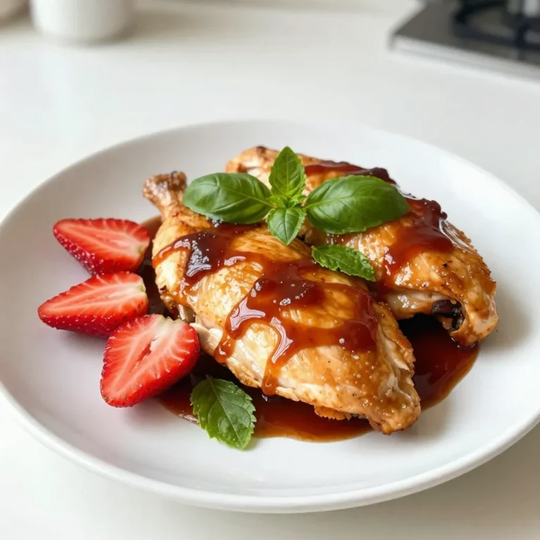 To make Balsamic Strawberry Chicken, you need a few key items. Here’s what you’ll need: - 4 boneless, skinless chicken breasts - 1 cup fresh strawberries, hulled and sliced - 1/4 cup balsamic vinegar - 2 tablespoons honey - 1 tablespoon olive oil (plus more for cooking) - 2 cloves garlic, minced - Salt and pepper, to taste These ingredients bring the dish to life. The chicken provides a nice base. The strawberries add sweetness, while balsamic vinegar gives a tangy note. In addition to the main ingredients, some seasonings and garnishes make this dish pop. You will need: - 1 teaspoon fresh basil, finely chopped (for garnish) - 1 teaspoon fresh mint, finely chopped (for garnish) These herbs brighten the dish and add fresh flavor. They also make your meal look great on the plate. To make your meal even better, consider these pairing options: - Quinoa for a healthy grain option - Fresh green salad for a crisp side - Crusty bread to soak up the extra glaze These sides complement the chicken well. They add texture and enhance the overall dining experience. {{ingredient_image_2}} To start, gather your ingredients. In a small bowl, combine: - 1/4 cup balsamic vinegar - 2 tablespoons honey - 1 tablespoon olive oil - 2 cloves garlic, minced - Salt and pepper, to taste Whisk these together until smooth. Set it aside. Letting it sit helps the flavors mix well. Next, take your chicken breasts and season them. Sprinkle salt and pepper on both sides. In a large skillet, heat a drizzle of olive oil over medium-high heat. Once the oil is hot, carefully place the chicken in the skillet. Cook each side for about 5-7 minutes. You want them golden brown and cooked to 165°F (75°C). When the chicken is almost done, pour the balsamic glaze over it. Let it simmer for 2-3 minutes. This step makes the chicken juicy and adds rich flavor. In the last minute, gently toss in the sliced strawberries. Coat them in the glaze without mashing them. Once cooked, remove the skillet from heat. Place the chicken on a platter. Drizzle any extra glaze over the top. Finally, sprinkle fresh basil and mint on the chicken for a nice touch. This adds color and a fresh scent. Enjoy your meal! To cook chicken breasts well, start with even thickness. This helps them cook evenly. Use a meat mallet to flatten thicker parts. It’s also key to let the chicken rest before cooking. This keeps the juices inside. Always season your chicken with salt and pepper for flavor. Heat your skillet until hot, then add olive oil. Sear the chicken for 5-7 minutes on each side. Check that the center reaches 165°F. If you have a meat thermometer, use it. When choosing strawberries, look for bright color and firmness. They should have a sweet smell. Avoid berries with green tops or bruises. Fresh strawberries should be plump and shiny. If possible, buy them organic to avoid pesticides. Always check the bottom of the container for any mold. You can store fresh strawberries in the fridge, but eat them soon. They taste best when fresh and ripe. To make a great balsamic glaze, balance is essential. Mix balsamic vinegar with honey for sweetness. Use equal parts to start, then adjust to taste. Adding minced garlic gives it a nice kick. Whisk the ingredients well to combine. Simmer the mixture in the skillet after cooking the chicken. This helps the glaze stick to the chicken. Let it reduce for a few minutes for a thicker texture. Don’t rush; allow the flavors to develop. Pro Tips Marinating Matters: For even more flavor, consider marinating the chicken in the balsamic mixture for at least 30 minutes or up to overnight in the refrigerator. Perfectly Sear: Ensure your skillet is hot enough before adding the chicken. This will help create a nice golden crust while keeping the inside juicy. Fresh Strawberries: Use ripe, fresh strawberries for the best flavor. Avoid overcooking them to maintain their shape and vibrant color. Garnish for Flavor: Fresh herbs like basil and mint not only enhance the dish's presentation but also add a burst of flavor; sprinkle generously! {{image_4}} You can switch up the chicken for turkey or tofu. Turkey has a similar texture and absorbs flavors well. Tofu is a great plant-based choice, perfect for a lighter meal. For tofu, use firm or extra-firm varieties. Press it to remove excess moisture, then cube it for even cooking. If you want to marinate the tofu, use the same balsamic mix for added flavor. Want to spice things up? Add herbs like thyme or rosemary for a unique twist. You might also try a pinch of red pepper flakes for heat. If you love citrus, squeeze fresh lemon juice over the chicken before serving. This brightens the dish and adds a fresh taste. You can also add a splash of soy sauce or Worcestershire sauce for a savory kick. Fruits can change with the seasons. In spring, try using fresh peaches or apricots instead of strawberries. In the fall, apples or pears can give a cozy flavor. These fruits pair well with balsamic vinegar and add a sweet touch to the dish. Just remember to adjust the cooking time based on the fruit's ripeness. Enjoy exploring these fun twists! To keep your Balsamic Strawberry Chicken fresh, place it in an airtight container. Make sure to cool the dish to room temperature before sealing it. Store it in the fridge for up to three days. This helps preserve the taste and texture. When you want to enjoy the leftovers, reheat them gently. Use a skillet over medium heat. Add a splash of water or broth to keep it moist. Stir occasionally until heated through. You can also use a microwave. Heat for 1-2 minutes, checking often to avoid overcooking. If you want to save the dish for later, freezing is a great option. Allow the chicken to cool completely. Place it in freezer-safe bags or containers. Squeeze out the air to prevent freezer burn. It will last for about three months. When ready to eat, thaw it in the fridge overnight before reheating. Cooking chicken with balsamic takes about 30 minutes. You will spend around 15 minutes preparing. Searing the chicken takes another 10 to 14 minutes. Ensure the chicken reaches 165°F. This temperature keeps it safe and moist. Timing is key for juicy chicken, so watch it closely. Yes, you can use frozen strawberries! However, fresh strawberries taste better. Frozen berries may release more juice. This can make the sauce a bit watery. If you use frozen berries, add them later. This will help them keep their shape. Balsamic Strawberry Chicken pairs well with many sides. Here are some great options: - Quinoa for a nutty flavor and added protein. - A fresh green salad for a light touch. - Steamed veggies for added nutrition. - Crusty bread to soak up the glaze. These sides will create a balanced meal. Enjoy your delicious dinner! This blog post covered how to make Balsamic Strawberry Chicken. We explored the key ingredients, step-by-step cooking, and helpful tips. You learned about variations, storage tips, and common questions. For a tasty meal, follow these steps and don’t hesitate to get creative. Use different fruits or proteins to make it your own. Enjoy the process and delight in every bite!