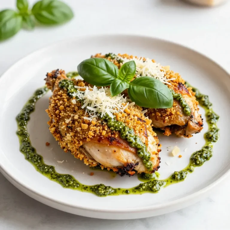 - 4 boneless, skinless chicken breasts - 1 cup basil pesto (store-bought or homemade) - 1 cup grated Parmesan cheese - 1 cup Italian-style breadcrumbs - 2 tablespoons olive oil - Fresh basil leaves for garnish - Salt and pepper to taste The main ingredients for this dish create a flavorful and crunchy crust. The chicken breasts serve as the base. You can use either store-bought or homemade basil pesto. The pesto adds a fresh and herbaceous twist. Grated Parmesan cheese gives that rich, nutty flavor we all love. Italian-style breadcrumbs add texture and crunch to the chicken. For optional ingredients, I suggest using olive oil for searing the chicken. It helps create a golden crust while cooking. Fresh basil leaves make a lovely garnish. They add a splash of color and extra flavor. Lastly, don’t forget salt and pepper to enhance the overall taste. You can adjust these to fit your personal flavor preferences. {{ingredient_image_2}} - Preheat oven to 400°F (200°C). - Season chicken breasts with salt and pepper. Start by getting your oven nice and hot. Set it to 400°F (200°C). This temperature will make your chicken crispy and delicious. Next, take your chicken breasts and sprinkle salt and pepper on both sides. This adds great flavor to the meat. - Coat chicken with pesto and breadcrumb mixture. - Sear chicken in olive oil. Now, grab your basil pesto. Spread a thick layer on one side of each chicken breast. This makes the chicken taste amazing. In a shallow dish, mix the breadcrumbs and grated Parmesan cheese together. Take each pesto-covered chicken breast and press it into the breadcrumb mix. Make sure it coats evenly and thickly. Heat olive oil in a large skillet over medium-high heat. When the oil shimmers, carefully lay the chicken breasts in the skillet, pesto side down. Sear them for about 2-3 minutes until they turn golden brown. This step locks in flavor and gives a nice crust. - Transfer skillet to the oven. - Allow chicken to rest before serving. Once the chicken is golden, flip it over so the coated side is up. Carefully move the skillet to the oven. Bake for about 20-25 minutes, or until the chicken reaches 165°F (75°C). After baking, let the chicken rest for 5 minutes. This step keeps it juicy and tasty. Enjoy your meal! To achieve a crispy crust, start with dry chicken breasts. Pat them with a paper towel to remove any moisture. This helps the crust stick well. Use fresh breadcrumbs for a crunchier finish. When you press the breadcrumbs onto the chicken, ensure it's a thick layer. This gives more texture and flavor. Resting the chicken after baking is vital. Let it sit for five minutes before cutting. This allows juices to redistribute. Cutting too soon can lead to dry chicken. You can enhance the pesto by adding a squeeze of lemon juice. This gives a bright flavor. Try mixing in some crushed red pepper for heat. Chopped sun-dried tomatoes also add a nice twist. For seasonings, garlic powder and Italian herbs work well. They complement the chicken and pesto. A sprinkle of smoked paprika adds a smoky depth. Use these tips to elevate your dish! Pro Tips Use Fresh Ingredients: Whenever possible, use fresh basil and high-quality Parmesan cheese to enhance the flavor of your dish. Resting is Key: Allowing the chicken to rest after baking helps retain its juices, ensuring a tender and flavorful result. Customize the Pesto: Feel free to add nuts or extra garlic to your homemade pesto for a personalized flavor boost. Check for Doneness: Use a meat thermometer to ensure your chicken has reached an internal temperature of 165°F (75°C) for safety and optimal texture. {{image_4}} You can switch out Parmesan cheese if you want. Try using Pecorino Romano for a sharper taste. Nutritional yeast is a great vegan option that gives a cheesy flavor too. If you need breadcrumbs, use crushed crackers or cornflakes for a fun twist. For low-carb diets, try using almond flour instead of breadcrumbs. This keeps the crust crispy without the carbs. Gluten-free options are available too! Use gluten-free breadcrumbs or crushed nuts. If you're vegan, you can use plant-based chicken instead of regular chicken. Just coat it like you would with the chicken breasts. To keep your leftovers fresh, store them in an airtight container. This helps prevent moisture loss and keeps flavors intact. Place the chicken in the fridge within two hours of cooking. It stays good for about 3-4 days. To reheat, preheat your oven to 350°F (175°C). Place the chicken on a baking sheet and cover it with foil. Heat for about 15-20 minutes until warmed through. You can also microwave it, but this may make the crust less crispy. If you want to freeze your pesto parmesan crusted chicken, let it cool completely first. Wrap each piece tightly in plastic wrap. Then, place them in a freezer-safe bag. Be sure to remove as much air as possible. This method helps avoid freezer burn. The chicken can last up to three months in the freezer. When you're ready to eat, thaw it overnight in the fridge. For faster thawing, you can place it in a sealed bag under cold water for about an hour. Can I use frozen chicken breasts? Yes, you can use frozen chicken breasts. Just remember to thaw them first. Thawing helps the chicken cook evenly. You can thaw chicken in the fridge overnight or in cold water for a quick method. What side dishes pair well with pesto parmesan crusted chicken? This dish goes well with many sides. Here are some tasty options: - Roasted vegetables - Fresh green salad - Garlic bread - Mashed potatoes - Quinoa How do I know when the chicken is cooked through? Check the chicken’s internal temperature. It should reach 165°F (75°C). You can use a meat thermometer for this. The meat should also be white with no pink inside. Can I bake the chicken without searing it first? Yes, you can bake the chicken without searing it. Just coat it with pesto and breadcrumbs first. However, searing adds extra flavor and a crispy crust. If you skip this step, the chicken will still taste great! Pesto Parmesan crusted chicken is simple and delicious. We covered the main ingredients, like chicken, pesto, and cheese. I shared steps for preparation, cooking, and baking. Tips for the perfect texture and flavor enhancements help elevate the dish. We explored variations and substitutions for different diets. Lastly, I shared proper storage and reheating methods. With these insights, you can create a meal everyone will love. Enjoy your cooking and savor every bite!