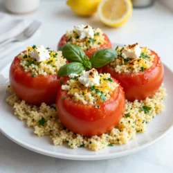 - 4 large ripe tomatoes - 1 cup couscous - 1 ½ cups vegetable broth - 1 tablespoon olive oil - Zest and juice of 1 lemon - 2 tablespoons fresh parsley, finely chopped - 1 tablespoon fresh basil, finely chopped - 1 clove garlic, minced - Salt and pepper to taste - ¼ cup feta cheese, crumbled (optional) To make Lemon Herb Couscous Stuffed Tomatoes, you need fresh ingredients. First, gather large ripe tomatoes. They should be firm and bright in color. Next, you will need couscous. It cooks quickly and is fluffy. The vegetable broth adds flavor. Use good quality broth for the best taste. Olive oil is essential for richness. Lemon zest and juice bring brightness to the dish. Fresh parsley and basil give it a nice herbal flavor. You also need garlic for a wonderful aroma. Don’t forget salt and pepper to enhance the taste. If you like, add feta cheese for a creamy touch. - Medium saucepan - Baking dish - Spoon for hollowing tomatoes - Fork for fluffing couscous - Mixing bowl You also need some kitchen tools to make this dish. A medium saucepan is necessary for cooking couscous. A baking dish holds the stuffed tomatoes while baking. Use a spoon to hollow out the tomatoes. This step is important to hold all the stuffing. A fork is great for fluffing the couscous. Lastly, a mixing bowl helps combine all the ingredients well. Having these tools ready makes cooking easier and more enjoyable. This dish is simple and fun to prepare! {{ingredient_image_2}} - Preheat the oven to 375°F (190°C). - Carefully slice off the tops of each tomato. Scoop out the insides gently with a spoon. This creates a hollow shell for your stuffing. If you'd like, save the pulp for later. Place the tomatoes upside down on a paper towel. This helps drain any extra liquid. - In a medium saucepan, bring 1 ½ cups of vegetable broth to a boil over medium heat. - Stir in 1 cup of couscous. Cover the pot and remove it from the heat. Let it sit undisturbed for about 5 minutes. This allows the couscous to soak up all the broth. - After 5 minutes, fluff the couscous gently with a fork. Transfer it to a mixing bowl. - To the fluffed couscous, add 1 tablespoon of olive oil, the zest and juice of 1 lemon, 2 tablespoons of chopped parsley, 1 tablespoon of chopped basil, and 1 clove of minced garlic. Season with salt and pepper to taste. Mix everything well. This ensures all the flavors blend beautifully. - If you saved the tomato pulp, chop it finely. Fold it into the couscous mixture for extra flavor and moisture. - Spoon the couscous mixture into each hollowed tomato. Press it down gently to pack the stuffing. - Arrange the stuffed tomatoes upright in a baking dish. Bake in the preheated oven for 20-25 minutes. The tomatoes should be soft and the tops lightly golden. If you like feta cheese, sprinkle it on top during the last 5 minutes of baking. - Once baked, remove the dish from the oven. Let the stuffed tomatoes cool slightly before serving. To avoid soggy tomatoes, make sure to drain them well after hollowing. Place each tomato upside down on a paper towel. This lets excess liquid escape. You want tomatoes to stay firm and hold the stuffing well. The best way to mix couscous ingredients is to add them step by step. First, fluff the couscous with a fork. Then, gently fold in the olive oil, lemon zest, and juice. Add the herbs and garlic last. This keeps the flavors bright and fresh. For vibrant serving suggestions, arrange your stuffed tomatoes on a colorful plate. Use a mix of colors to make the dish pop. Drizzle a little extra olive oil on top. This adds shine and flavor. Garnishing tips include using fresh herbs like parsley or basil. Sprinkle them on top for a fresh look. You can also drizzle a touch of balsamic glaze for extra flair. To adapt cooking time based on tomato size, keep an eye on them. Smaller tomatoes need less time, about 15-20 minutes. Larger ones take around 25-30 minutes. Check for softness and a lightly golden top to know they are ready. Pro Tips Choose Ripe Tomatoes: Select large, ripe tomatoes for the best flavor and texture. They should be firm but slightly soft to the touch. Customize Your Herbs: Feel free to mix and match herbs based on your preference. Fresh thyme or oregano can also add a delightful twist. Experiment with Cheese: If feta isn't your style, try goat cheese or mozzarella for a different flavor profile that complements the dish. Perfect Cooking Time: Keep an eye on the tomatoes while baking. Overbaking can lead to mushy tomatoes, so remove them once they are soft and slightly golden. {{image_4}} You can change up the filling in your stuffed tomatoes. For a hearty meal, add proteins like cooked chicken or chickpeas. Both options mix well with couscous and give a nice boost. If you prefer vegetarian choices, try adding black beans or lentils. These will add protein and fiber to your meal. To kick up the taste, use spices like cumin or paprika. These add warmth and a bit of zing. You can also try new herbs like thyme or oregano. These herbs work well with lemon and make the dish even fresher. Mixing in a dash of red pepper flakes gives a delightful kick. If you need a gluten-free option, substitute couscous with quinoa or rice. Both are great choices that still offer a nice texture. For a dairy-free version, skip the feta cheese or use a dairy-free cheese substitute. You still get all the yum without the dairy. To store leftovers, place your stuffed tomatoes in an airtight container. This keeps them fresh. You can enjoy them in the fridge for up to three days. Yes, you can freeze cooked stuffed tomatoes. To do this, let them cool completely first. Wrap each tomato in plastic wrap and place them in a freezer bag. This keeps them safe from freezer burn. They can last for up to three months in the freezer. To reheat, I suggest using the oven. Preheat it to 350°F (175°C). Place the tomatoes on a baking sheet and cover with foil. Heat for about 15-20 minutes. This method keeps the flavors and moisture intact. You can also use a microwave, but the oven gives better results. Can I make this recipe ahead of time? Yes, you can prepare the couscous stuffing a day in advance. Store it in the fridge. You can hollow the tomatoes early too. Just keep them in the fridge until you're ready to bake. This saves time when serving. Can I use any type of tomato? You can use other tomatoes, but large ones work best. Varieties like beefsteak or heirloom offer good size and flavor. Smaller tomatoes may not hold the stuffing well. How do I know when the tomatoes are done? Tomatoes are done when they are soft and slightly wrinkled. The tops should be golden. You can poke them gently; they should yield but not fall apart. What to do if my couscous gets clumpy? If couscous gets clumpy, it may need more liquid. Add a splash of broth or water and fluff it with a fork. Stir gently to break apart the clumps. What can I use instead of couscous? You can use quinoa, bulgur, or even rice. Each will add a different texture. Adjust cooking times based on the substitute you choose. Can I omit the feta cheese? Yes, you can skip the feta cheese if you prefer. The dish will still be tasty. You might consider adding extra herbs or a sprinkle of nutritional yeast for flavor. This blog post guide shows you how to make delicious stuffed tomatoes. You need fresh tomatoes, couscous, and simple kitchen tools for success. Follow the steps to prepare, cook, and present your dish perfectly. With tips for storing and reheating, your meal remains tasty. Remember to explore various stuffing options and flavor enhancements. Enjoy the fun of cooking and share your tasty results with friends and family. Now, you can impress everyone with your cooking skills and have a great meal!