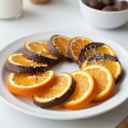 - 2 large oranges - 1 cup dark chocolate chips - 1 tablespoon coconut oil - Sea salt - Optional: Fresh orange zest When making chocolate-dipped orange slices, fresh oranges are key. Choose large, firm ones. Next, dark chocolate chips give a rich taste. I recommend using chips with at least 70% cocoa. They melt well and taste great. Adding coconut oil helps the chocolate become smooth and silky. A touch of sea salt enhances the flavor. You can also add fresh orange zest for an extra burst of flavor. This zest brightens the whole treat and makes it even better. Enjoy preparing this simple yet delightful recipe! {{ingredient_image_2}} Start by washing the two large oranges under running water. This step is key to removing dirt and wax. Next, slice the oranges into rounds about 1/4 inch thick. Each slice should be even to ensure a nice dip. After slicing, take a paper towel and gently pat them dry. This helps the chocolate stick better to the slices. For melting the chocolate, use a microwave-safe bowl. Add 1 cup of dark chocolate chips and 1 tablespoon of coconut oil. This oil helps the chocolate melt smoothly. Heat the bowl in the microwave in 30-second intervals. After each interval, take it out and stir. Stirring is important to avoid burning and to get a silky texture. Line a baking sheet with parchment paper. This prevents the chocolate from sticking. Take an orange slice and dip half of it into the melted chocolate. Make sure to let any excess chocolate drip back into the bowl. This keeps the chocolate layer just right. Place each dipped slice on the parchment paper. While the chocolate is still wet, sprinkle a tiny pinch of sea salt over each piece. This adds a nice burst of flavor. For extra zest, add a sprinkle of fresh orange zest on top. Once done, put the baking sheet in the refrigerator. Let the slices chill for 30 to 45 minutes. This allows the chocolate to set and become firm. To make the best chocolate-dipped orange slices, you need fresh oranges. Look for oranges that feel heavy for their size. They should have a firm skin and no soft spots. Bright, shiny skin usually means they are fresh. Oranges are in season during winter and early spring. Navel oranges are great for this recipe. They are sweet and easy to peel. Valencia oranges are also good, especially for their juice. Choose your favorite type based on taste and texture. Melting chocolate can be tricky. You want it smooth, not burnt. Use a microwave-safe bowl and add chocolate chips with coconut oil. The coconut oil helps make the chocolate silky. Heat it in the microwave for 30 seconds at a time. Stir the chocolate after each heating. This keeps it from getting too hot. If you see some unmelted chips, keep stirring. They will melt with the heat of the melted chocolate. Presentation makes your treat more appealing. Arrange the chocolate-dipped orange slices on a nice platter. You can layer them for a beautiful look. For extra flair, sprinkle fresh orange zest on top. Adding some mint leaves gives a pop of green. These small touches make your dessert stand out. Don't forget to enjoy the beauty of your creation! Pro Tips Use Room Temperature Oranges: For easier slicing and better chocolate adherence, let your oranges sit at room temperature for about 30 minutes before preparing them. Experiment with Chocolate Types: While dark chocolate is delicious, try using milk or white chocolate for a different flavor profile. You can even mix them for a marbled effect. Customize Your Toppings: Besides sea salt and orange zest, consider adding crushed nuts or a drizzle of caramel for added texture and flavor. Store Properly: To maintain the chocolate's shine and prevent stickiness, store the dipped orange slices in a single layer, separated by parchment paper in an airtight container. {{image_4}} Dark chocolate has a rich, bold taste. It brings out the tangy zest of oranges. Many dessert lovers prefer dark chocolate for its deep flavor. Milk chocolate, on the other hand, is sweeter and creamier. This option may appeal to those with a sweet tooth. Both types of chocolate work well, so choose based on your taste. White chocolate gives a different twist. It lacks cocoa solids, making it sweeter and creamier. To use white chocolate, melt it the same way as dark chocolate. You should add a bit more orange zest to balance the sweetness. This will create a fun contrast with the chocolate’s creaminess. You can make these treats even better! Adding fresh citrus zest boosts the orange flavor. Just sprinkle a teaspoon of zest into the melted chocolate. You can also pair the slices with nuts or spices. Try chopped almonds for crunch or a dash of cinnamon for warmth. These small changes can add big flavor to your chocolate-dipped orange slices. To keep your chocolate dipped orange slices fresh, store them in an airtight container. Place parchment paper between layers to prevent sticking. This simple step helps maintain their texture and taste. I recommend using glass containers. They do not absorb smells and keep your treats safe. Keep the container in the fridge to keep the chocolate firm. In the fridge, chocolate dipped orange slices last up to one week. Make sure to check for signs of spoilage. If they feel sticky or have an off smell, it is best to throw them away. Enjoy your treats while they are fresh! Yes, you can use other fruits! Here are some great options: - Strawberries: Their sweetness pairs well with chocolate. - Bananas: They add a creamy texture and taste. - Pineapple: This fruit offers a tropical twist. - Apples: Crisp apples provide a nice crunch. Each fruit brings its own flavor, making every treat unique. Experiment and find your favorite! You can make them healthier by choosing better chocolate. Look for: - Dark chocolate with higher cocoa content, like 85%. - Sugar-free chocolate chips for lower sugar. Also, consider using sweeteners instead of sugar: - Honey or maple syrup can add sweetness. - Stevia is a good low-calorie option. These swaps keep the treats tasty while reducing sugar intake! These treats fit many events! Consider serving them at: - Birthday parties: They make a fun dessert. - Holiday gatherings: Their bright colors are festive. - Picnics: They are easy to pack and share. They pair well with drinks like: - Sparkling water: The bubbles balance the sweetness. - Herbal tea: A warm drink complements the fruit. You can also enjoy them as a light dessert after dinner! In this blog post, we explored making chocolate-dipped orange slices. We covered choosing fresh oranges, melting chocolate, and dipping techniques. I shared tips for storage and different variations, like using milk or white chocolate. These treats are fun and tasty for any occasion. With practice, you’ll create visually appealing and delicious snacks. Enjoy crafting these bites for your friends and family!