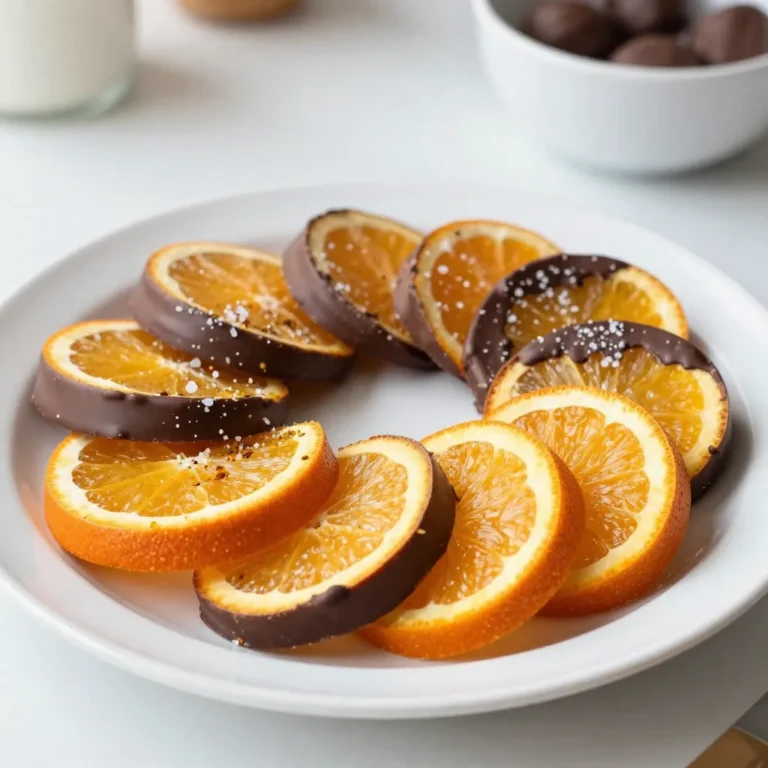 - 2 large oranges - 1 cup dark chocolate chips - 1 tablespoon coconut oil - Sea salt - Optional: Fresh orange zest When making chocolate-dipped orange slices, fresh oranges are key. Choose large, firm ones. Next, dark chocolate chips give a rich taste. I recommend using chips with at least 70% cocoa. They melt well and taste great. Adding coconut oil helps the chocolate become smooth and silky. A touch of sea salt enhances the flavor. You can also add fresh orange zest for an extra burst of flavor. This zest brightens the whole treat and makes it even better. Enjoy preparing this simple yet delightful recipe! {{ingredient_image_2}} Start by washing the two large oranges under running water. This step is key to removing dirt and wax. Next, slice the oranges into rounds about 1/4 inch thick. Each slice should be even to ensure a nice dip. After slicing, take a paper towel and gently pat them dry. This helps the chocolate stick better to the slices. For melting the chocolate, use a microwave-safe bowl. Add 1 cup of dark chocolate chips and 1 tablespoon of coconut oil. This oil helps the chocolate melt smoothly. Heat the bowl in the microwave in 30-second intervals. After each interval, take it out and stir. Stirring is important to avoid burning and to get a silky texture. Line a baking sheet with parchment paper. This prevents the chocolate from sticking. Take an orange slice and dip half of it into the melted chocolate. Make sure to let any excess chocolate drip back into the bowl. This keeps the chocolate layer just right. Place each dipped slice on the parchment paper. While the chocolate is still wet, sprinkle a tiny pinch of sea salt over each piece. This adds a nice burst of flavor. For extra zest, add a sprinkle of fresh orange zest on top. Once done, put the baking sheet in the refrigerator. Let the slices chill for 30 to 45 minutes. This allows the chocolate to set and become firm. To make the best chocolate-dipped orange slices, you need fresh oranges. Look for oranges that feel heavy for their size. They should have a firm skin and no soft spots. Bright, shiny skin usually means they are fresh. Oranges are in season during winter and early spring. Navel oranges are great for this recipe. They are sweet and easy to peel. Valencia oranges are also good, especially for their juice. Choose your favorite type based on taste and texture. Melting chocolate can be tricky. You want it smooth, not burnt. Use a microwave-safe bowl and add chocolate chips with coconut oil. The coconut oil helps make the chocolate silky. Heat it in the microwave for 30 seconds at a time. Stir the chocolate after each heating. This keeps it from getting too hot. If you see some unmelted chips, keep stirring. They will melt with the heat of the melted chocolate. Presentation makes your treat more appealing. Arrange the chocolate-dipped orange slices on a nice platter. You can layer them for a beautiful look. For extra flair, sprinkle fresh orange zest on top. Adding some mint leaves gives a pop of green. These small touches make your dessert stand out. Don't forget to enjoy the beauty of your creation! Pro Tips Use Room Temperature Oranges: For easier slicing and better chocolate adherence, let your oranges sit at room temperature for about 30 minutes before preparing them. Experiment with Chocolate Types: While dark chocolate is delicious, try using milk or white chocolate for a different flavor profile. You can even mix them for a marbled effect. Customize Your Toppings: Besides sea salt and orange zest, consider adding crushed nuts or a drizzle of caramel for added texture and flavor. Store Properly: To maintain the chocolate's shine and prevent stickiness, store the dipped orange slices in a single layer, separated by parchment paper in an airtight container. {{image_4}} Dark chocolate has a rich, bold taste. It brings out the tangy zest of oranges. Many dessert lovers prefer dark chocolate for its deep flavor. Milk chocolate, on the other hand, is sweeter and creamier. This option may appeal to those with a sweet tooth. Both types of chocolate work well, so choose based on your taste. White chocolate gives a different twist. It lacks cocoa solids, making it sweeter and creamier. To use white chocolate, melt it the same way as dark chocolate. You should add a bit more orange zest to balance the sweetness. This will create a fun contrast with the chocolate’s creaminess. You can make these treats even better! Adding fresh citrus zest boosts the orange flavor. Just sprinkle a teaspoon of zest into the melted chocolate. You can also pair the slices with nuts or spices. Try chopped almonds for crunch or a dash of cinnamon for warmth. These small changes can add big flavor to your chocolate-dipped orange slices. To keep your chocolate dipped orange slices fresh, store them in an airtight container. Place parchment paper between layers to prevent sticking. This simple step helps maintain their texture and taste. I recommend using glass containers. They do not absorb smells and keep your treats safe. Keep the container in the fridge to keep the chocolate firm. In the fridge, chocolate dipped orange slices last up to one week. Make sure to check for signs of spoilage. If they feel sticky or have an off smell, it is best to throw them away. Enjoy your treats while they are fresh! Yes, you can use other fruits! Here are some great options: - Strawberries: Their sweetness pairs well with chocolate. - Bananas: They add a creamy texture and taste. - Pineapple: This fruit offers a tropical twist. - Apples: Crisp apples provide a nice crunch. Each fruit brings its own flavor, making every treat unique. Experiment and find your favorite! You can make them healthier by choosing better chocolate. Look for: - Dark chocolate with higher cocoa content, like 85%. - Sugar-free chocolate chips for lower sugar. Also, consider using sweeteners instead of sugar: - Honey or maple syrup can add sweetness. - Stevia is a good low-calorie option. These swaps keep the treats tasty while reducing sugar intake! These treats fit many events! Consider serving them at: - Birthday parties: They make a fun dessert. - Holiday gatherings: Their bright colors are festive. - Picnics: They are easy to pack and share. They pair well with drinks like: - Sparkling water: The bubbles balance the sweetness. - Herbal tea: A warm drink complements the fruit. You can also enjoy them as a light dessert after dinner! In this blog post, we explored making chocolate-dipped orange slices. We covered choosing fresh oranges, melting chocolate, and dipping techniques. I shared tips for storage and different variations, like using milk or white chocolate. These treats are fun and tasty for any occasion. With practice, you’ll create visually appealing and delicious snacks. Enjoy crafting these bites for your friends and family!