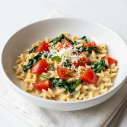 To make a delicious creamy tomato spinach orzo, gather these simple ingredients: - 1 cup orzo pasta - 2 cups fresh spinach, roughly chopped - 1 can (14 oz) diced tomatoes, including juice - 1 cup vegetable broth - 1/2 cup heavy cream or coconut cream - 1 tablespoon olive oil - 2 cloves garlic, minced - 1/2 teaspoon dried basil - 1/2 teaspoon dried oregano - Salt and freshly ground black pepper to taste - Grated Parmesan cheese (optional) These ingredients work together to create a savory dish that is both creamy and comforting. The orzo acts as a base, soaking up all the flavors. Fresh spinach adds color and a healthy touch. The diced tomatoes bring sweetness and acidity, while the cream makes everything rich and smooth. You can use coconut cream for a vegan twist. Each ingredient plays a key role in the overall taste. When you combine them, you get a wonderful balance of flavors. {{ingredient_image_2}} Start by boiling a large pot of salted water. The salt adds flavor to the orzo. Once it reaches a rolling boil, add 1 cup of orzo pasta. Cook it according to the package instructions, usually about 8-10 minutes. You want the pasta to be al dente, meaning it should be firm to the bite. When done, drain the orzo in a colander and let it sit. Garlic adds a wonderful flavor to the dish. Use 2 cloves of minced garlic for this recipe. After you drain the orzo, use the same pot. Heat 1 tablespoon of olive oil over medium heat. Add the garlic and sauté for about 1 minute. Stir it often to avoid burning. The garlic should turn golden and fragrant. Now, it’s time to add more flavor! Pour in 1 can of diced tomatoes, including the juice. Next, add 1 cup of vegetable broth. Stir in 1/2 teaspoon of dried basil and 1/2 teaspoon of dried oregano. Season with salt and freshly cracked black pepper. Bring this mix to a gentle simmer. Let it cook for about 5 minutes. This allows the flavors to blend nicely. Adding spinach brings great color and nutrients. Take 2 cups of roughly chopped spinach and stir it into the pot. Cook for about 2-3 minutes. You’ll notice the spinach wilts down and brightens in color. This means it’s done and ready for the next step. For the creamy part, lower the heat. Pour in 1/2 cup of heavy cream or coconut cream, depending on your choice. Stir gently until everything mixes well. Then, fold in the cooked orzo. Make sure every grain of orzo gets coated in that creamy tomato sauce. Taste your dish and adjust the seasoning. Add more salt or pepper if needed. Presentation is key! Serve the creamy orzo warm in bowls. For a special touch, sprinkle with grated Parmesan cheese, if you like. A few fresh basil leaves on top can brighten up the dish even more. Enjoy your meal! - Sautéing: Always heat the olive oil before adding garlic. This brings out the best flavor. Cook garlic for about 1 minute until it’s golden. - Simmering: After adding tomatoes and broth, bring the mix to a gentle simmer. This helps the flavors blend well. Avoid boiling, as it can alter the taste. Common pitfalls to avoid: - Don’t burn the garlic; it can make your dish taste bitter. - If you add spinach too early, it may lose its bright color and fresh taste. - Additional spices: Try adding a pinch of red pepper flakes for heat. You can also use fresh basil for a stronger flavor. - Serving suggestions: Pair this dish with crusty bread or a light salad. A sprinkle of Parmesan adds a nice touch to each bowl. - Essential pots: A large pot is key for boiling orzo. A deep skillet works well for sautéing and simmering. - Recommended utensils: Use a wooden spoon for stirring. A colander helps drain the orzo easily. A measuring cup ensures accurate cream and broth amounts. Pro Tips Fresh Spinach: Always use fresh spinach for the best flavor and texture. Avoid canned or frozen spinach as they can become mushy when cooked. Adjust Creaminess: Feel free to adjust the amount of cream to your liking. For a lighter version, reduce the cream or substitute with a plant-based alternative. Flavor Boost: Add a pinch of red pepper flakes to the garlic while sautéing for a subtle kick of heat that complements the creamy sauce. Storage Tips: This dish can be stored in the refrigerator for up to 3 days. Reheat gently on the stove, adding a splash of broth to loosen the sauce if needed. {{image_4}} To make this dish vegan, swap the heavy cream for coconut cream. The coconut cream adds a rich taste that pairs well with tomatoes. You can also use cashew cream for a nutty flavor. Add nutritional yeast for a cheesy taste without dairy. This option keeps the creamy texture while being plant-based. You can add protein to this dish for more nutrition. Chicken and shrimp are great choices. If you use chicken, cook it in the pot before adding garlic. For shrimp, add them after the spinach wilts. Adjust the cooking time so the protein is cooked through but not overdone. You can also use cooked beans or lentils for a meatless protein boost. Using seasonal ingredients can brighten the dish. In spring, add fresh peas or asparagus. In summer, zucchini or bell peppers work well. In fall, try adding pumpkin or butternut squash. In winter, kale can be a hearty substitute for spinach. Fresh herbs like basil or parsley can enhance the flavor too. When using fresh veggies, adjust the cooking time to keep them crisp. To store leftovers, let the dish cool first. Then, place it in an airtight container. Make sure it is sealed well to keep it fresh. This way, it won’t absorb other smells in your fridge. The shelf life is about 3 to 4 days. Keep an eye on it, and if it looks or smells off, toss it. For freezing, use a freezer-safe container. Leave some space at the top because the dish will expand. It can last for about 1 to 2 months in the freezer. To reheat, take it out and let it thaw overnight in the fridge. Reheat in a pot over low heat. Add a splash of water or broth to keep it creamy. Creamy Tomato Spinach Orzo works great for meal prep. You can pack it in small containers for lunch. Portion it out based on your needs, making it easy to grab and go. It pairs well with grilled chicken or a side salad, adding variety to your meals. This dish is not just tasty; it saves you time too! This dish takes about 25 minutes total. You need 10 minutes for prep and 15 minutes for cooking. This quick time makes it perfect for a busy weeknight meal. Yes, you can use gluten-free orzo. Many brands make a great gluten-free version. Look for orzo made from brown rice or chickpeas. These options taste great and keep the dish hearty. You can use several alternatives for heavy cream. Coconut cream works well for a dairy-free option. You can also use half-and-half or milk if you prefer. Each option gives a unique flavor and texture. Yes, you can prepare this dish ahead. Cook the orzo and sauce separately. Combine them when ready to serve. This helps keep the orzo from getting mushy. Store each part in the fridge for up to three days. To add spice, include red pepper flakes or diced jalapeños. You can mix these in when cooking the garlic. Start with a small amount and adjust to your taste. This makes the dish exciting and full of flavor! This recipe for Creamy Tomato Spinach Orzo blends taste with ease. You learned how to cook orzo, sauté garlic, and combine rich flavors for a tasty dish. The tips on vegan options and protein additions allow for fun variations. Storing leftovers and meal prep ideas help keep things fresh. Use this guide to make quick meals that impress. I hope you enjoy cooking this dish as much as I do.