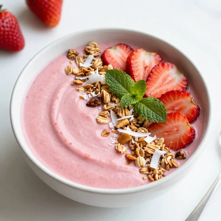 - 1 cup fresh strawberries, hulled and sliced - 1 ripe banana, frozen - ½ cup canned creamy coconut milk - ¼ cup Greek yogurt or dairy-free alternative - 1 tablespoon honey or agave syrup (optional) - ¼ cup granola - 2 tablespoons toasted shredded coconut - Fresh mint leaves for garnish - Extra sliced strawberries for decoration This simple list gives you all you need for a tasty Strawberry Coconut Smoothie Bowl. Fresh strawberries shine here. Their bright color and sweet taste make this bowl special. The ripe banana adds creaminess. I always freeze the banana. It helps blend the smoothie smooth and thick. Coconut milk brings a rich flavor. I prefer canned coconut milk for its creaminess. Greek yogurt adds protein and tang. If you want a dairy-free option, choose a plant-based yogurt. I like to sweeten my bowl with honey or agave syrup. This is totally optional. You can skip it for a more natural taste. Granola adds crunch on top. It makes each bite fun. Toasted shredded coconut is a must. It adds a burst of flavor and texture. I like to add fresh mint leaves at the end. They look nice and taste fresh. Finally, use extra sliced strawberries to make your bowl pretty. This will make it inviting and delicious. {{ingredient_image_2}} - Hull and slice the strawberries. - Ensure the banana is frozen for creaminess. - Combine the strawberries, frozen banana, coconut milk, Greek yogurt, and sweetener. - Blend until smooth, adjusting the consistency if needed. If it's too thick, add more coconut milk. - Transfer the smoothie mixture to a bowl. - Add toppings like granola, shredded coconut, and mint leaves for a fresh look. - Place extra sliced strawberries on top for an inviting finish. This simple process makes a tasty and colorful bowl. Each step builds flavor and texture, making your smoothie bowl a delight! To get the right thickness in your smoothie bowl, you can adjust it with more coconut milk. If you want a creamier texture, use frozen fruits like bananas or strawberries. They help make the blend thick and smooth. This makes your bowl feel rich and satisfying. Using a deep bowl adds a nice touch to your dish. It creates a lovely look that draws people in. Arrange your toppings in a fun way. This can involve layering or creating patterns with granola and fruit. An artful display makes your smoothie bowl more inviting. You can make this bowl your own! If you want to skip dairy, choose a dairy-free yogurt. This keeps it creamy without the milk. Feel free to swap fruits too. Try berries, mango, or even kiwi for a twist. Each fruit brings its own flavor and color to the bowl. Pro Tips Use Frozen Bananas: For the creamiest texture, always use frozen bananas. They help create that smoothie bowl consistency while adding natural sweetness. Toast Your Coconut: Toasting shredded coconut enhances its flavor and adds a delightful crunch. Just a few minutes in a dry skillet will do the trick! Layer Flavors: Feel free to mix in other fruits like mango or pineapple for added flavor complexity. Just blend them in with your base for a tropical twist. Garnish Creatively: Use an assortment of toppings like chia seeds, sliced almonds, or even a drizzle of nut butter to elevate your smoothie bowl both visually and nutritionally. {{image_4}} You can make this smoothie bowl even more fun by adding different fruits. Try using blueberries or raspberries for a burst of flavor and color. These berries blend well and add a nice twist. You can also mix in tropical fruits. Mango or pineapple will give it a bright, sunny taste. This way, you can match the smoothie bowl to your mood or season! Don't forget the toppings! You can use nuts or seeds as a crunchy alternative. Chopped almonds or sunflower seeds can give your bowl a nice bite. Try flavored granolas too. They add sweetness and texture. Choose granolas with coconut or honey for even more flavor! If you want to change the sweetness, you have options. Swap honey for maple syrup for a different taste. You can also try stevia if you're looking for a low-calorie choice. If you like it tart, omit the sweetener altogether. The natural flavor of the strawberries shines through this way! Store any leftover smoothie in an airtight container. It will stay fresh for up to 24 hours in the fridge. This way, you can enjoy it later without losing flavor. You can freeze the blended smoothie for quick breakfast prep later. Pour the smoothie into ice cube trays for easy portioning. This method allows you to grab a few cubes whenever you want a tasty treat. Keep strawberries and bananas in the fridge for best freshness. This helps them stay sweet and firm. Store coconut milk in a cool, dry place. This keeps it from going bad and ensures it stays creamy for your next smoothie bowl. Yes, you can. Just swap the Greek yogurt for a non-dairy option, like almond or coconut yogurt. Use agave syrup instead of honey for sweetness. This keeps the bowl creamy and delicious. You can add protein powder to the blend. This boosts protein without changing the taste much. Alternatively, use more Greek yogurt if you prefer. Both options keep the smoothie bowl tasty and filling. Yes, you can use frozen strawberries. They add a nice chill to the bowl. However, using frozen may change the texture a bit, making it thicker. If you want a lighter texture, add a splash of coconut milk. You can create a delicious smoothie bowl using fresh strawberries, bananas, and coconut milk. Remember to blend your ingredients well for a smooth texture. Top with granola, shredded coconut, and mint for a tasty finish. You can customize the bowl with different fruits and sweeteners. Store any leftovers in the fridge or freeze for later. Enjoy your healthy treat while exploring new flavors and variations! This simple recipe is fun and versatile, making breakfast or snacks enjoyable and easy.