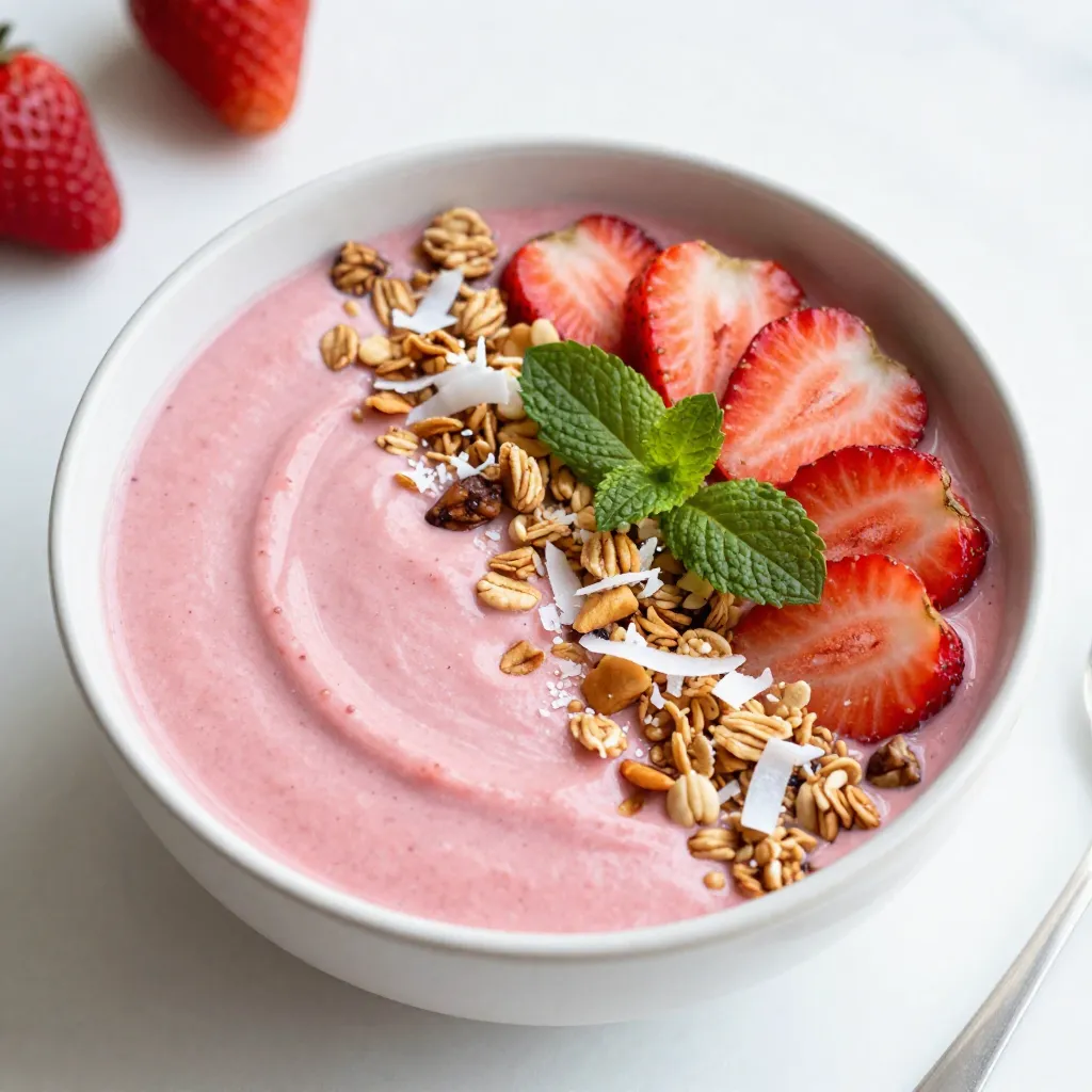 - 1 cup fresh strawberries, hulled and sliced - 1 ripe banana, frozen - ½ cup canned creamy coconut milk - ¼ cup Greek yogurt or dairy-free alternative - 1 tablespoon honey or agave syrup (optional) - ¼ cup granola - 2 tablespoons toasted shredded coconut - Fresh mint leaves for garnish - Extra sliced strawberries for decoration This simple list gives you all you need for a tasty Strawberry Coconut Smoothie Bowl. Fresh strawberries shine here. Their bright color and sweet taste make this bowl special. The ripe banana adds creaminess. I always freeze the banana. It helps blend the smoothie smooth and thick. Coconut milk brings a rich flavor. I prefer canned coconut milk for its creaminess. Greek yogurt adds protein and tang. If you want a dairy-free option, choose a plant-based yogurt. I like to sweeten my bowl with honey or agave syrup. This is totally optional. You can skip it for a more natural taste. Granola adds crunch on top. It makes each bite fun. Toasted shredded coconut is a must. It adds a burst of flavor and texture. I like to add fresh mint leaves at the end. They look nice and taste fresh. Finally, use extra sliced strawberries to make your bowl pretty. This will make it inviting and delicious. {{ingredient_image_2}} - Hull and slice the strawberries. - Ensure the banana is frozen for creaminess. - Combine the strawberries, frozen banana, coconut milk, Greek yogurt, and sweetener. - Blend until smooth, adjusting the consistency if needed. If it's too thick, add more coconut milk. - Transfer the smoothie mixture to a bowl. - Add toppings like granola, shredded coconut, and mint leaves for a fresh look. - Place extra sliced strawberries on top for an inviting finish. This simple process makes a tasty and colorful bowl. Each step builds flavor and texture, making your smoothie bowl a delight! To get the right thickness in your smoothie bowl, you can adjust it with more coconut milk. If you want a creamier texture, use frozen fruits like bananas or strawberries. They help make the blend thick and smooth. This makes your bowl feel rich and satisfying. Using a deep bowl adds a nice touch to your dish. It creates a lovely look that draws people in. Arrange your toppings in a fun way. This can involve layering or creating patterns with granola and fruit. An artful display makes your smoothie bowl more inviting. You can make this bowl your own! If you want to skip dairy, choose a dairy-free yogurt. This keeps it creamy without the milk. Feel free to swap fruits too. Try berries, mango, or even kiwi for a twist. Each fruit brings its own flavor and color to the bowl. Pro Tips Use Frozen Bananas: For the creamiest texture, always use frozen bananas. They help create that smoothie bowl consistency while adding natural sweetness. Toast Your Coconut: Toasting shredded coconut enhances its flavor and adds a delightful crunch. Just a few minutes in a dry skillet will do the trick! Layer Flavors: Feel free to mix in other fruits like mango or pineapple for added flavor complexity. Just blend them in with your base for a tropical twist. Garnish Creatively: Use an assortment of toppings like chia seeds, sliced almonds, or even a drizzle of nut butter to elevate your smoothie bowl both visually and nutritionally. {{image_4}} You can make this smoothie bowl even more fun by adding different fruits. Try using blueberries or raspberries for a burst of flavor and color. These berries blend well and add a nice twist. You can also mix in tropical fruits. Mango or pineapple will give it a bright, sunny taste. This way, you can match the smoothie bowl to your mood or season! Don't forget the toppings! You can use nuts or seeds as a crunchy alternative. Chopped almonds or sunflower seeds can give your bowl a nice bite. Try flavored granolas too. They add sweetness and texture. Choose granolas with coconut or honey for even more flavor! If you want to change the sweetness, you have options. Swap honey for maple syrup for a different taste. You can also try stevia if you're looking for a low-calorie choice. If you like it tart, omit the sweetener altogether. The natural flavor of the strawberries shines through this way! Store any leftover smoothie in an airtight container. It will stay fresh for up to 24 hours in the fridge. This way, you can enjoy it later without losing flavor. You can freeze the blended smoothie for quick breakfast prep later. Pour the smoothie into ice cube trays for easy portioning. This method allows you to grab a few cubes whenever you want a tasty treat. Keep strawberries and bananas in the fridge for best freshness. This helps them stay sweet and firm. Store coconut milk in a cool, dry place. This keeps it from going bad and ensures it stays creamy for your next smoothie bowl. Yes, you can. Just swap the Greek yogurt for a non-dairy option, like almond or coconut yogurt. Use agave syrup instead of honey for sweetness. This keeps the bowl creamy and delicious. You can add protein powder to the blend. This boosts protein without changing the taste much. Alternatively, use more Greek yogurt if you prefer. Both options keep the smoothie bowl tasty and filling. Yes, you can use frozen strawberries. They add a nice chill to the bowl. However, using frozen may change the texture a bit, making it thicker. If you want a lighter texture, add a splash of coconut milk. You can create a delicious smoothie bowl using fresh strawberries, bananas, and coconut milk. Remember to blend your ingredients well for a smooth texture. Top with granola, shredded coconut, and mint for a tasty finish. You can customize the bowl with different fruits and sweeteners. Store any leftovers in the fridge or freeze for later. Enjoy your healthy treat while exploring new flavors and variations! This simple recipe is fun and versatile, making breakfast or snacks enjoyable and easy.