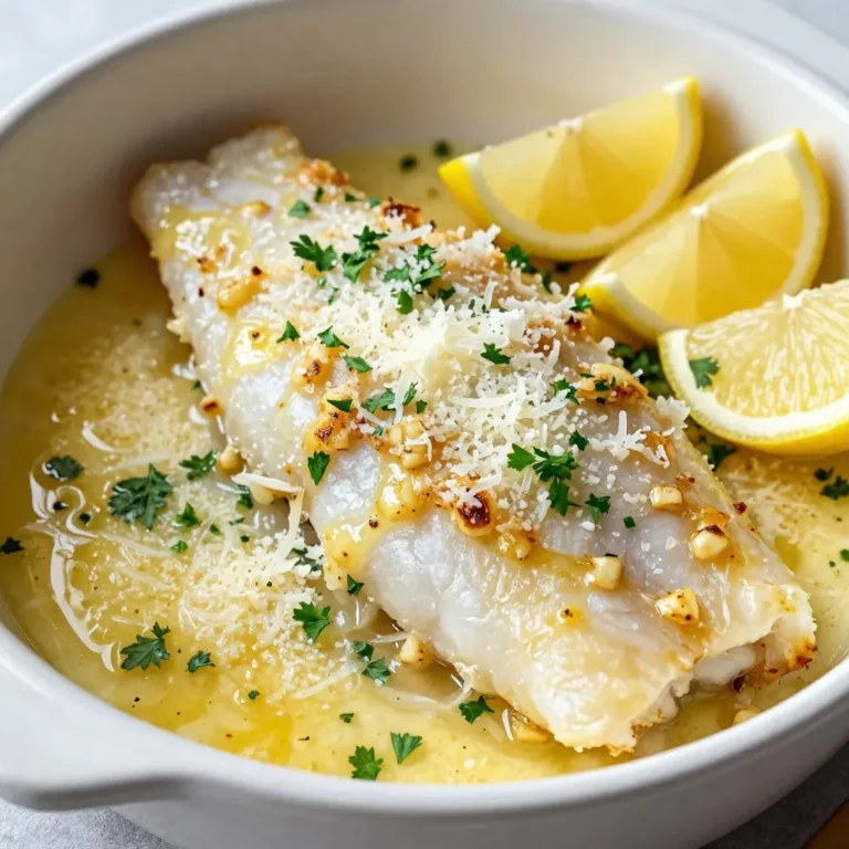 - 4 cod fillets (6 oz each) - 4 tablespoons unsalted butter, melted - 4 large cloves garlic, finely minced - 1/2 cup freshly grated Parmesan cheese - 1/4 cup fresh parsley, finely chopped - 1 tablespoon freshly squeezed lemon juice - Salt and freshly ground black pepper to taste - 1 teaspoon paprika - Lemon wedges for garnish - Baking dish - Parchment paper - Mixing bowl - Whisk or spoon for mixing When preparing Garlic Butter Parmesan Cod, having the right ingredients and equipment is key. You’ll need fresh cod fillets to ensure a tasty meal. The butter and garlic create a rich flavor, while the Parmesan adds a nice cheesy layer. Using fresh parsley brightens up the dish and adds a fresh touch. The lemon juice gives a zesty kick, balancing the richness of the butter. Don’t forget the salt and pepper; they enhance all the flavors. For the equipment, a baking dish helps you cook the fish evenly. Lining it with parchment paper makes cleanup easy. A mixing bowl is essential for blending your garlic butter. You can use a whisk or a spoon to mix everything well. With these ingredients and tools in hand, you’re ready to create a delicious, flavorful cod dish that everyone will love! {{ingredient_image_2}} Set your oven to 400°F (200°C). This step warms your kitchen and gets the fish ready to cook. In a small bowl, combine melted butter, minced garlic, lemon juice, salt, pepper, and paprika. Mix well. You want a smooth sauce that smells great and tastes even better. Take your cod fillets and arrange them in the baking dish. Drizzle the garlic butter mixture over each fillet. Make sure every piece is well-coated. This adds flavor and keeps the fish moist. Next, sprinkle grated Parmesan cheese on top of the fillets. Cover them evenly. The cheese will melt and create a nice, crispy layer. Place the dish in your preheated oven. Bake for 12-15 minutes. The cod is done when it flakes easily with a fork. The fish should also reach a safe internal temperature. When the cod is cooked, remove it from the oven. Garnish with fresh parsley for color. Serve hot with lemon wedges on the side. The lemon adds a nice bright flavor when squeezed on top before eating. To check for doneness, look for two signs. First, the cod should flake easily when you poke it with a fork. Second, the internal temperature should reach 145°F (63°C). This means the fish is safe to eat and tender. If you don't have a thermometer, a fork works well. Gently pull at the thickest part of the fillet. If it separates easily, it's done. You can add herbs and spices to boost flavor. Fresh herbs like dill or thyme work wonders. Just sprinkle them on top before baking. You can also try a pinch of red pepper flakes for a kick. This makes the dish exciting and adds depth. Remember to balance flavors. Too much spice can overpower the garlic and Parmesan. Present your cod beautifully to impress. Start by plating the fillets on a large dish. Drizzle any leftover garlic butter over the top. This adds shine and flavor. Garnish with extra parsley for a pop of color. Serve alongside roasted vegetables or a crisp salad. This makes your meal look fresh and inviting. Pro Tips Fresh Ingredients: Always use fresh cod fillets for the best flavor and texture. If possible, buy from a local fish market for optimal freshness. Perfect Baking: Keep an eye on the cod while it bakes; it should flake easily with a fork when done. Overbaking can lead to dry fish. Customize Seasoning: Feel free to adjust the garlic and lemon juice to your taste. You can also add a pinch of red pepper flakes for a spicy kick. Serving Suggestions: Pair with a side of quinoa or a light salad to balance the richness of the garlic butter and cheese. {{image_4}} If you want to switch things up, try different cheeses. You can use mozzarella for a stretchy, gooey texture. Feta cheese adds a salty punch. Or, you can go for a sharp cheddar for a bolder flavor. Each cheese brings a unique taste to your cod. Experiment to find your favorite! Roasting vegetables with the cod is a great idea. Try adding asparagus, broccoli, or bell peppers. They cook well in the oven and add color to your plate. Just toss them in a little olive oil, salt, and pepper. Place them around the cod in the baking dish. This makes for a complete meal in one pan. This dish is easy to make gluten-free. The main ingredients are naturally gluten-free. Just be sure to check the Parmesan cheese label. Some brands may add fillers that contain gluten. By following this tip, you can enjoy this tasty dish without worry. To keep your Garlic Butter Parmesan Cod fresh, start by letting it cool. Place the cod in an airtight container. This helps keep moisture in and prevents odors from other foods. Store the container in the fridge for up to three days. For best taste, eat leftovers within this time. When you’re ready to enjoy leftovers, reheating properly is key. Preheat your oven to 350°F (175°C). Place the cod in a baking dish. Cover it with foil to keep moisture. Heat for about 10-15 minutes, or until warm. This method helps keep the cod tender and prevents it from drying out. You can also use a microwave, but be careful not to overheat it. If you want to freeze your cod, follow these steps. First, let the cooked cod cool completely. Wrap each fillet tightly in plastic wrap, then place them in a freezer bag. Remove as much air as possible before sealing. This helps prevent freezer burn. You can freeze cod for up to two months. To thaw, move the cod to the fridge overnight. Reheat it using the instructions above. Enjoy your tasty cod at a later date! Yes, you can use frozen cod fillets. Cooking from frozen is easy. Just follow these tips: - Thaw the fish: If possible, thaw the cod in the fridge overnight. This helps it cook evenly. - Increase cooking time: Bake the fillets for about 15-20 minutes. Check them often. - Check doneness: Make sure the fish flakes easily with a fork. This shows it is cooked right. You can make Garlic Butter Parmesan Cod healthier with a few simple changes: - Use less butter: Try using 2 tablespoons instead of 4. This cuts calories. - Choose low-fat cheese: Use a low-fat Parmesan to reduce fat. - Add more veggies: Serve with steamed broccoli or spinach. This adds fiber and nutrients. Pair this cod with sides that complement its rich flavors. Here are some ideas: - Roasted vegetables: Carrots, zucchini, or bell peppers work well. - Fresh salad: A simple green salad or a Caesar salad adds crunch. - Rice or quinoa: These grains soak up the flavors nicely. Yes, you can prepare some parts ahead of time: - Prep the garlic butter: You can mix it up to a day before. Store it in the fridge. - Assemble the dish: Arrange the cod and toppings in the baking dish. Cover it and store in the fridge for up to 24 hours. - Bake when ready: Just pop it in the oven when you are ready to eat. Check these signs to know if your cod is cooked: - Flakes easily: Use a fork to flake the fish. If it separates easily, it’s done. - Opaque color: The fish should look white and not see-through. - Safe temperature: The internal temperature should reach 145°F (63°C). Use a food thermometer for accuracy. This blog post covers making a delicious Garlic Butter Parmesan Cod. You learned about the simple ingredients needed, the right equipment, and step-by-step cooking instructions. I also shared tips on perfecting the dish and variations for added flair. With these insights, you can confidently create a tasty meal. Whether you want to impress guests or treat yourself, this recipe is a winner. Enjoy your cooking adventure and savor every bite!