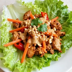 - 1 lb ground chicken - 1 tablespoon vegetable oil - 3 cloves garlic, minced - 1 inch fresh ginger, grated - 1 red bell pepper, diced - 1 carrot, shredded - 3 green onions, finely chopped - 1/4 cup creamy peanut butter - 2 tablespoons soy sauce - 1 tablespoon honey - 1 tablespoon fresh lime juice - 1 teaspoon sriracha (adjust to personal spice preference) - 1 head of iceberg or butter lettuce, leaves carefully separated - Salt and pepper to taste - Chopped peanuts - Fresh cilantro These ingredients create a tasty and spicy filling. The ground chicken gives protein, while the veggies add crunch. The peanut butter sauce makes it creamy and rich. - Large skillet - Mixing bowl - Whisk - Spatula - Serving platter Gather these tools before you start cooking. They make the process smoother and more fun. {{ingredient_image_2}} Start by gathering your ingredients. You will need: - 1 lb ground chicken - 1 tablespoon vegetable oil - 3 cloves garlic, minced - 1 inch fresh ginger, grated - 1 red bell pepper, diced - 1 carrot, shredded - 3 green onions, finely chopped - 1/4 cup creamy peanut butter - 2 tablespoons soy sauce - 1 tablespoon honey - 1 tablespoon fresh lime juice - 1 teaspoon sriracha - 1 head of iceberg or butter lettuce - Salt and pepper to taste - Chopped peanuts and fresh cilantro for garnish Now, prepare your vegetables. Mince the garlic and grate the ginger. Dice the red bell pepper and shred the carrot. Chop the green onions finely. In a large skillet, heat the vegetable oil over medium heat. Add the minced garlic and grated ginger. Sauté for about 1 minute. You want it fragrant but not burnt. Next, add the ground chicken. Break it apart with a spatula. Cook for about 5-7 minutes until it turns brown and is fully cooked. Then, add the diced red bell pepper, shredded carrot, and chopped green onions. Stir well and cook for an extra 3-4 minutes. The veggies should soften but still have some crunch. In a small bowl, mix the creamy peanut butter, soy sauce, honey, lime juice, and sriracha. Whisk until smooth. Pour this peanut sauce over the chicken and veggies. Stir to coat everything. Cook for an extra 2 minutes. Taste and season with salt and pepper. Now comes the fun part! Take the lettuce leaves and spoon the spicy chicken mixture into each leaf. Top each wrap with chopped peanuts and fresh cilantro for extra flavor. Arrange the wraps on a platter. If you like, drizzle extra peanut sauce on top. Serve with lime wedges for a zesty kick. Enjoy your creation! To make the best peanut sauce, use smooth peanut butter. It blends well and gives a creamy texture. Mix the soy sauce, honey, lime juice, and sriracha in a bowl. Whisk until smooth. Adjust the sriracha to control the heat. If you like it spicy, add more. For a sweeter touch, add a bit more honey. When cooking the chicken, use medium heat to avoid burning. Start with garlic and ginger for flavor. Sauté them just until fragrant. Add the ground chicken next. Break it apart with a spatula to ensure even cooking. Cook until it turns brown and no pink shows. Then, add the veggies. Stir them in for about 3-4 minutes. They should be soft but still crunchy. For a beautiful presentation, choose a nice serving platter. Spoon the chicken mixture into the lettuce leaves. Arrange the wraps neatly on the platter. Drizzle extra peanut sauce on top for flair. Lastly, sprinkle chopped peanuts and cilantro for color. Serve with lime wedges for a fresh touch. This makes the dish not only tasty but also eye-catching. Pro Tips Prepping the Chicken: For even cooking, ensure the ground chicken is at room temperature before you start cooking. Customize Your Spice Level: Feel free to adjust the amount of sriracha based on your spice preference; start with less and add more as needed. Freshness Matters: Using fresh vegetables not only enhances flavor but also gives a better texture to your wraps. Garnishing Tips: To elevate the presentation, consider adding a drizzle of extra peanut sauce and a sprinkle of sesame seeds on top before serving. {{image_4}} You can switch the ground chicken for other meats. Ground turkey works well and has a mild flavor. You can also use ground beef for a richer taste. If you want something different, try diced shrimp. Each protein will give a unique twist to this dish. For a tasty vegetarian or vegan version, use crumbled tofu or tempeh. Both options absorb flavors well and can mimic the texture of meat. Add more veggies, like mushrooms or zucchini, to boost flavor and nutrition. Use a plant-based peanut butter to keep it vegan. To control the heat, adjust the sriracha in your sauce. If you love spice, add more sriracha or even some chili flakes. For less heat, cut back on the sriracha or leave it out. You can also serve the wraps with extra lime or fresh herbs to balance the heat. To keep your spicy peanut chicken fresh, place it in an airtight container. Make sure it cools down before sealing. Store it in the fridge for up to three days. Keep the lettuce leaves separate. This way, they stay crisp and fresh. When it's time to eat again, reheat the chicken mixture on the stove. Use a medium heat to warm it up. Stir it often to prevent burning. You can also microwave it, but cover it to keep moisture in. Heat for about one to two minutes. Check if it's hot enough before serving. You can freeze the chicken mixture if you want to save it for later. Place it in a freezer-safe bag or container. Remove as much air as possible to avoid freezer burn. It can last up to three months in the freezer. When ready to eat, thaw it in the fridge overnight before reheating. Yes, you can use different types of lettuce. Butter lettuce works well for wraps. It’s soft and holds the filling nicely. Romaine is another great choice. It has a nice crunch and sturdy leaves. You can even try cabbage if you want a different flavor and texture. Each type adds its unique touch to the dish. Making the peanut sauce ahead is easy. Just mix the peanut butter, soy sauce, honey, lime juice, and sriracha in a bowl. Whisk until smooth. Store the sauce in a sealed container in the fridge. It can last about a week. When ready to use, stir it again to mix the ingredients well. You can serve many tasty sides with these wraps. Some great options include jasmine rice or quinoa for a filling meal. A side salad with fresh veggies adds crunch and color. For a fun twist, serve spring rolls or egg rolls. These options complement the flavors of the wraps perfectly. You now have a clear path to making Spicy Peanut Chicken Lettuce Wraps. We covered key ingredients, step-by-step cooking, and smart tips. You learned about variations, storage, and answers to common questions. Feel free to explore new proteins or spice levels to find your perfect taste. Enjoy these wraps fresh or as leftovers. Cooking can be fun and easy with the right guidance. Dive in and make this dish your own!