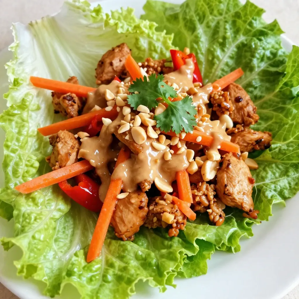 - 1 lb ground chicken - 1 tablespoon vegetable oil - 3 cloves garlic, minced - 1 inch fresh ginger, grated - 1 red bell pepper, diced - 1 carrot, shredded - 3 green onions, finely chopped - 1/4 cup creamy peanut butter - 2 tablespoons soy sauce - 1 tablespoon honey - 1 tablespoon fresh lime juice - 1 teaspoon sriracha (adjust to personal spice preference) - 1 head of iceberg or butter lettuce, leaves carefully separated - Salt and pepper to taste - Chopped peanuts - Fresh cilantro These ingredients create a tasty and spicy filling. The ground chicken gives protein, while the veggies add crunch. The peanut butter sauce makes it creamy and rich. - Large skillet - Mixing bowl - Whisk - Spatula - Serving platter Gather these tools before you start cooking. They make the process smoother and more fun. {{ingredient_image_2}} Start by gathering your ingredients. You will need: - 1 lb ground chicken - 1 tablespoon vegetable oil - 3 cloves garlic, minced - 1 inch fresh ginger, grated - 1 red bell pepper, diced - 1 carrot, shredded - 3 green onions, finely chopped - 1/4 cup creamy peanut butter - 2 tablespoons soy sauce - 1 tablespoon honey - 1 tablespoon fresh lime juice - 1 teaspoon sriracha - 1 head of iceberg or butter lettuce - Salt and pepper to taste - Chopped peanuts and fresh cilantro for garnish Now, prepare your vegetables. Mince the garlic and grate the ginger. Dice the red bell pepper and shred the carrot. Chop the green onions finely. In a large skillet, heat the vegetable oil over medium heat. Add the minced garlic and grated ginger. Sauté for about 1 minute. You want it fragrant but not burnt. Next, add the ground chicken. Break it apart with a spatula. Cook for about 5-7 minutes until it turns brown and is fully cooked. Then, add the diced red bell pepper, shredded carrot, and chopped green onions. Stir well and cook for an extra 3-4 minutes. The veggies should soften but still have some crunch. In a small bowl, mix the creamy peanut butter, soy sauce, honey, lime juice, and sriracha. Whisk until smooth. Pour this peanut sauce over the chicken and veggies. Stir to coat everything. Cook for an extra 2 minutes. Taste and season with salt and pepper. Now comes the fun part! Take the lettuce leaves and spoon the spicy chicken mixture into each leaf. Top each wrap with chopped peanuts and fresh cilantro for extra flavor. Arrange the wraps on a platter. If you like, drizzle extra peanut sauce on top. Serve with lime wedges for a zesty kick. Enjoy your creation! To make the best peanut sauce, use smooth peanut butter. It blends well and gives a creamy texture. Mix the soy sauce, honey, lime juice, and sriracha in a bowl. Whisk until smooth. Adjust the sriracha to control the heat. If you like it spicy, add more. For a sweeter touch, add a bit more honey. When cooking the chicken, use medium heat to avoid burning. Start with garlic and ginger for flavor. Sauté them just until fragrant. Add the ground chicken next. Break it apart with a spatula to ensure even cooking. Cook until it turns brown and no pink shows. Then, add the veggies. Stir them in for about 3-4 minutes. They should be soft but still crunchy. For a beautiful presentation, choose a nice serving platter. Spoon the chicken mixture into the lettuce leaves. Arrange the wraps neatly on the platter. Drizzle extra peanut sauce on top for flair. Lastly, sprinkle chopped peanuts and cilantro for color. Serve with lime wedges for a fresh touch. This makes the dish not only tasty but also eye-catching. Pro Tips Prepping the Chicken: For even cooking, ensure the ground chicken is at room temperature before you start cooking. Customize Your Spice Level: Feel free to adjust the amount of sriracha based on your spice preference; start with less and add more as needed. Freshness Matters: Using fresh vegetables not only enhances flavor but also gives a better texture to your wraps. Garnishing Tips: To elevate the presentation, consider adding a drizzle of extra peanut sauce and a sprinkle of sesame seeds on top before serving. {{image_4}} You can switch the ground chicken for other meats. Ground turkey works well and has a mild flavor. You can also use ground beef for a richer taste. If you want something different, try diced shrimp. Each protein will give a unique twist to this dish. For a tasty vegetarian or vegan version, use crumbled tofu or tempeh. Both options absorb flavors well and can mimic the texture of meat. Add more veggies, like mushrooms or zucchini, to boost flavor and nutrition. Use a plant-based peanut butter to keep it vegan. To control the heat, adjust the sriracha in your sauce. If you love spice, add more sriracha or even some chili flakes. For less heat, cut back on the sriracha or leave it out. You can also serve the wraps with extra lime or fresh herbs to balance the heat. To keep your spicy peanut chicken fresh, place it in an airtight container. Make sure it cools down before sealing. Store it in the fridge for up to three days. Keep the lettuce leaves separate. This way, they stay crisp and fresh. When it's time to eat again, reheat the chicken mixture on the stove. Use a medium heat to warm it up. Stir it often to prevent burning. You can also microwave it, but cover it to keep moisture in. Heat for about one to two minutes. Check if it's hot enough before serving. You can freeze the chicken mixture if you want to save it for later. Place it in a freezer-safe bag or container. Remove as much air as possible to avoid freezer burn. It can last up to three months in the freezer. When ready to eat, thaw it in the fridge overnight before reheating. Yes, you can use different types of lettuce. Butter lettuce works well for wraps. It’s soft and holds the filling nicely. Romaine is another great choice. It has a nice crunch and sturdy leaves. You can even try cabbage if you want a different flavor and texture. Each type adds its unique touch to the dish. Making the peanut sauce ahead is easy. Just mix the peanut butter, soy sauce, honey, lime juice, and sriracha in a bowl. Whisk until smooth. Store the sauce in a sealed container in the fridge. It can last about a week. When ready to use, stir it again to mix the ingredients well. You can serve many tasty sides with these wraps. Some great options include jasmine rice or quinoa for a filling meal. A side salad with fresh veggies adds crunch and color. For a fun twist, serve spring rolls or egg rolls. These options complement the flavors of the wraps perfectly. You now have a clear path to making Spicy Peanut Chicken Lettuce Wraps. We covered key ingredients, step-by-step cooking, and smart tips. You learned about variations, storage, and answers to common questions. Feel free to explore new proteins or spice levels to find your perfect taste. Enjoy these wraps fresh or as leftovers. Cooking can be fun and easy with the right guidance. Dive in and make this dish your own!