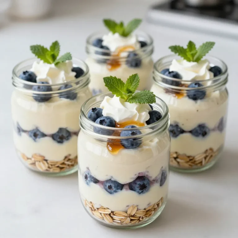 To make Blueberry Cheesecake Overnight Oats, you need simple and healthy ingredients. Here’s what you will need: - 1 cup rolled oats - 1 cup unsweetened almond milk - 1/2 cup plain Greek yogurt - 1/4 cup cream cheese, softened - 2 tablespoons maple syrup or honey - 1 teaspoon pure vanilla extract - 1/2 cup blueberries, fresh or frozen - 2 tablespoons chia seeds - 1/4 teaspoon ground cinnamon - Pinch of salt Each ingredient plays a key role in creating a creamy, sweet, and fruity dish. Rolled oats are the base and provide a hearty texture. Almond milk gives it a smooth and light feel. Greek yogurt and cream cheese add richness and creaminess. Sweeteners like maple syrup or honey balance the flavors. Vanilla extract brings warmth, while blueberries add a burst of flavor and nutrients. Chia seeds thicken the oats and boost fiber. Ground cinnamon adds a cozy spice, and salt enhances all the tastes. Feel free to mix and match some ingredients to make it your own! {{ingredient_image_2}} Start by mixing the almond milk, Greek yogurt, and cream cheese in a medium bowl. Use a whisk to blend these ingredients until the mixture is smooth. This step is key for a creamy texture. Next, add the maple syrup and vanilla extract to enhance the flavor. Don’t forget a pinch of salt; it helps balance the sweetness. Once the creamy base is ready, it’s time to add the dry ingredients. Fold in the rolled oats, chia seeds, and ground cinnamon. Stir the mixture gently but thoroughly. This ensures that all the dry ingredients get coated well. You want to avoid clumps, as they can affect the texture. Now, it’s time to fold in the blueberries. I always choose fresh blueberries, but frozen ones work too. Gently mix them into the oat mixture. Be careful not to break the berries apart. You want to keep those bursts of flavor intact. Spoon the mixture into two jars or airtight containers. Leave a little space at the top for the oats to expand as they soak. Seal the jars tightly. Place them in the fridge and let them chill overnight. This resting time is crucial. It allows the oats to absorb all the flavors and thicken beautifully. To get a creamy texture, whisk your ingredients well. This step helps to blend the almond milk, yogurt, and cream cheese. Make sure there are no lumps. A smooth base makes a big difference in your final product. Stir it until everything is combined and smooth. You can add fun toppings to bring out more flavor. Try fresh blueberries, nuts, or granola on top. A sprinkle of extra cinnamon adds warmth. For sweetness, you can use maple syrup or honey. Adjust it based on your taste. Some people love it sweeter, while others prefer it less so. Overnight oats are perfect for busy mornings. You can make them the night before. Just mix everything and store them in jars. Keep them in the fridge for at least six hours. This way, the oats soak up the creamy mixture. You can grab a jar and enjoy a tasty breakfast on the go. Pro Tips Use Fresh Ingredients: Fresh blueberries will enhance the flavor and texture of your overnight oats. If using frozen, ensure they are unsweetened and thaw them before adding. Customize Your Sweetness: Adjust the amount of maple syrup or honey according to your taste preferences. You can also use flavored yogurts for added sweetness. Make it Ahead: Prepare a larger batch and store in the fridge for up to 4 days. This makes for a quick and easy breakfast option throughout the week. Add Crunch: For added texture, consider topping your oats with nuts, granola, or seeds just before serving. This will provide a delightful contrast to the creamy oats. {{image_4}} You can change the fruits in this recipe based on the season. Try strawberries in spring or peaches in summer. You can also mix in bananas or raspberries for a twist. Each fruit brings its own taste, making your oats exciting and fresh. If you want to skip cream cheese, use ricotta or mascarpone. These alternatives keep the creamy texture while changing the flavor. You can also try Greek yogurt for more tang. Each option adds a unique spin to your breakfast, allowing you to explore new flavors. For a vegan version, replace Greek yogurt and cream cheese with plant-based options. Use almond or coconut yogurt instead. You can also try silken tofu blended until smooth for a creamy feel. These swaps keep your oats delicious while meeting vegan needs. If you need gluten-free oats, make sure to use certified gluten-free rolled oats. Most oats are gluten-free, but they can be processed in places with gluten. Check labels to ensure your oats are safe. This way, you can enjoy Blueberry Cheesecake Overnight Oats without worry. Store your Blueberry Cheesecake Overnight Oats in the fridge. They stay fresh for about 3 to 5 days. Use airtight containers to keep them from drying out. This method locks in moisture and flavor. Before eating, give them a good stir. You can also add more milk if they seem too thick. You can freeze the mixture for later use. However, the texture might change a bit. To freeze, place the oats in a freezer-safe container. Leave some space for expansion. When you're ready to eat, take it out and let it thaw overnight in the fridge. To get the best texture, stir well after thawing. If it seems too thick, add a splash of milk. Enjoy a tasty breakfast with ease! Blueberry Cheesecake Overnight Oats last about 3 to 5 days in the fridge. To keep them fresh, store them in airtight containers. This way, they won’t absorb any odors from your fridge. Always check for any off smells or changes in color before eating. If you see any mold, toss them right away. Yes, you can use frozen blueberries. They work well in this recipe. Just remember that frozen blueberries may change the texture. They can make the oats a bit softer and may release more juice. This can add to the flavor but may also make it wetter. If you prefer a firmer texture, try using fresh blueberries instead. To make overnight oats thicker, you can use less liquid. Try cutting back on the almond milk by a few tablespoons. Adding more chia seeds can also help. Chia seeds absorb liquid and swell up, making the oats creamier. Make sure to mix them well to avoid clumps. Yes, you can make this recipe vegan. Replace the Greek yogurt with a plant-based yogurt. Use a vegan cream cheese instead of regular cream cheese. Maple syrup is a great sweetener, as it is vegan-friendly. These swaps will keep the delicious flavor while making it suitable for a vegan diet. In this blog post, we explored making Blueberry Cheesecake Overnight Oats. We discussed ingredients like oats, almond milk, and yogurt. I shared step-by-step instructions to create a creamy base. You learned tips for the best texture and flavor. We also covered storage options and variations for different diets. Overnight oats are easy and fun to prepare. You can always adjust this recipe to your taste. Enjoy your tasty and healthy breakfast!