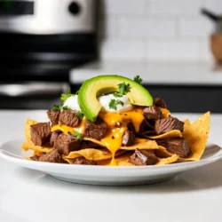 - 1 pound flank steak - 4 tablespoons unsalted butter - 4 cloves garlic - 8 ounces tortilla chips - 1 cup shredded cheddar cheese - 1 cup shredded Monterey Jack cheese - 1 jalapeño, sliced - 1 avocado, diced - ½ cup sour cream The main ingredients for Garlic Butter Steak Bites Nachos are simple but full of flavor. You start with 1 pound of flank steak cut into bite-sized cubes. This cut is tender and perfect for quick cooking. The next key ingredient is 4 tablespoons of unsalted butter. It adds richness and helps create a delicious garlic butter sauce. You also need 4 cloves of garlic, which gives the dish its fragrant and savory character. For the nachos, you will need 8 ounces of tortilla chips. Choose your favorite brand or make your own for extra crunch. You will also need 1 cup each of shredded cheddar and Monterey Jack cheese. These cheeses melt beautifully and add creaminess to each bite. To finish your dish, consider garnishing with a sliced jalapeño for heat, a diced avocado for creaminess, and ½ cup of sour cream for tang. These toppings add color and extra flavor to your nachos. Enjoy making this easy and tasty dish! {{ingredient_image_2}} Seasoning and marinating the flank steak: Start by cutting the flank steak into bite-sized cubes. In a bowl, season the steak with salt, black pepper, and smoked paprika. Mix well to coat every piece. Let the steak sit for a few minutes. This helps the flavors soak into the meat. Making the garlic butter: In a large skillet, melt 2 tablespoons of unsalted butter over medium heat. Add 4 minced garlic cloves to the butter. Sauté for 1-2 minutes, stirring often. The garlic should smell great and look slightly translucent. Be careful, as you don’t want it to turn brown. Once done, take it off the heat and set it aside. Skillet cooking techniques: Keep the skillet on high heat. Add the seasoned steak bites to the hot skillet. Cook them for about 3-4 minutes. Stir occasionally to ensure even cooking. You want them browned and just right for your taste. Drizzling garlic butter over cooked steak: After cooking, remove the skillet from heat. Drizzle the garlic butter over the steak bites. Toss gently to coat each piece. This adds a rich flavor that makes the steak extra tasty. Layering the nachos: Preheat your oven to 375°F (190°C). On a large baking sheet, start layering the nachos. First, spread half of the tortilla chips on the bottom. Sprinkle half of the shredded cheddar and Monterey Jack cheese evenly over the chips. Next, add the garlic butter-coated steak bites on top. If you like heat, add thin slices of jalapeño here. Finally, layer the remaining tortilla chips and cheese on top. Baking instructions: Place the nachos in the preheated oven. Bake for about 10-12 minutes. Watch closely as the cheese melts and gets bubbly. Once it looks perfect, take it out and let it cool slightly before serving. To create the best garlic butter, avoid burning the garlic. Cook it over medium heat. Sauté it for just 1-2 minutes. You want it to be soft and fragrant, not brown. Brown garlic can taste bitter. Adjust the garlic amount to fit your taste. If you love garlic, add more. If you prefer a milder flavor, use less. It’s your dish, so make it yours! For steak bites, the best doneness levels are medium-rare or medium. Medium-rare is 130°F (54°C). Medium is 140°F (60°C). Use a meat thermometer for best results. Always rest your cooked steak. Let it sit for 5-10 minutes before cutting. This helps keep the juices inside, making each bite tender and juicy. Serve nachos on a rustic wooden board. It looks great and adds a fun vibe. Place jalapeño slices in a small bowl. This lets guests add heat as they like. Use garnishes effectively. Diced avocado, sour cream, and fresh cilantro brighten the dish. A squeeze of lime juice adds freshness. These touches turn simple nachos into a feast for the eyes! Pro Tips Choose the Right Cut: Flank steak is ideal for this recipe due to its tenderness and flavor. If you prefer, you can also use sirloin or ribeye for a richer taste. Don’t Overcook the Steak: For the best flavor and texture, aim for medium-rare to medium doneness. Use a meat thermometer to check; 130-135°F (54-57°C) is perfect for medium-rare. Layering is Key: When assembling nachos, ensure even distribution of cheese and toppings to prevent any chips from being left bare. This will enhance the flavor in every bite! Garnish with Freshness: Adding fresh ingredients like avocado, cilantro, and lime juice right before serving elevates the dish and adds a burst of flavor that complements the richness of the nachos. {{image_4}} To add heat, you can spice up your nachos in two easy ways. First, add more jalapeños. Slice them thin and scatter them on top. This gives your nachos a nice kick. Second, try incorporating hot sauce. A drizzle of your favorite hot sauce can make a big difference. It adds flavor and that extra zing you crave! Cheese is key to great nachos. You can experiment with different cheese types. Swap cheddar for pepper jack for a spicy twist. Or, try a blend of mozzarella and provolone for a gooey texture. If you need vegan options, look for plant-based cheese. Many brands offer great vegan cheese that melts well, making it easy to enjoy nachos without dairy. If you're looking for dietary alternatives, there are many options. For gluten-free nachos, use corn tortilla chips. They provide the same crunch without gluten. If you're following a low-carb or keto diet, you can make nachos using cheese crisps. Simply bake shredded cheese until crispy. This gives you a tasty, crunchy base for all your favorite toppings! To keep your garlic butter steak bites nachos fresh, store them in the fridge. Place the nachos in an airtight container. This helps prevent them from getting soggy. Layer the nachos with parchment paper between layers. This keeps the toppings separated. You can safely store them for up to three days. When reheating, you have two main options: the microwave or the oven. The microwave is quick but can make the chips soft. To keep them crispy, I recommend using the oven. Preheat your oven to 350°F (175°C). Place the nachos on a baking sheet for about 10 minutes. This way, your nachos will taste fresh again! Yes, you can freeze steak nachos, but not the toppings. Freeze the steak bites and chips separately. Place them in airtight bags. This way, they will stay fresh for about three months. When ready to eat, let them thaw in the fridge. Then, reheat them in the oven for the best taste. Yes, you can! While flank steak is great, other cuts work well too. Here are some options: - Sirloin: Tender and flavorful, it cooks quickly. - Ribeye: Rich in flavor and fat, giving a juicy bite. - Tenderloin: Very tender but can be pricey. Choose any cut you enjoy. Just make sure to cut it into bite-sized pieces. You can keep leftover nachos in the fridge for up to 3 days. Store them in an airtight container. The chips might lose some crunch, but the flavors will still be tasty. Yes, you can! Here are some tips for prepping ahead: - Marinate the steak cubes a few hours or the night before. - Prepare the garlic butter and store it in the fridge. - Layer the nachos without baking, then cover and chill. When ready to eat, just bake the nachos right before serving. Dipping sauces can enhance your nachos even more! Here are some tasty ideas: - Salsa: Fresh and zesty, a classic choice. - Guacamole: Creamy and rich, it pairs perfectly. - Queso: Warm, cheesy goodness that everyone loves. - Sour cream: Cool and tangy, a great complement. Feel free to mix and match! This blog post covered how to make delicious garlic butter steak nachos. We discussed the main ingredients, including flank steak and cheeses. You learned about cooking techniques and perfecting garlic butter. I shared tips on variations and storage for leftovers. Enjoy making this dish your own. Experiment with flavors and toppings. With these steps and tricks, you'll create a tasty meal. Your friends and family will love it!