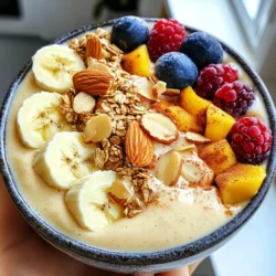 - 1 cup almond milk - 1 ripe banana, frozen - 1/2 cup rolled oats - 1/4 cup Greek yogurt (or dairy-free yogurt) - 1 tablespoon molasses The main ingredients bring the rich flavors of gingerbread to life. Almond milk adds a creamy base. A frozen banana gives natural sweetness and a smooth texture. Rolled oats provide fiber and heartiness. Greek yogurt boosts creaminess and protein. Molasses gives that deep, rich flavor we all love in gingerbread. - 1 teaspoon ground ginger - 1 teaspoon ground cinnamon - 1/2 teaspoon ground nutmeg - 1 medjool date, pitted and chopped Spices make this smoothie bowl festive. Ground ginger adds warmth and zing. Ground cinnamon brings sweetness and comfort. Nutmeg adds depth and a hint of earthiness. The medjool date acts as a natural sweetener, making every bite a treat. - Sliced almonds - Crunchy granola - Fresh banana slices - Assorted berries Toppings elevate your smoothie bowl to a new level. Sliced almonds add crunch and healthy fats. Granola gives a delightful crunch. Fresh banana slices add more sweetness and creaminess. Assorted berries bring bright colors and juicy flavor. Feel free to mix and match these toppings for a beautiful presentation. {{ingredient_image_2}} - Combine all base ingredients: - 1 cup almond milk - 1 ripe banana, frozen - 1/2 cup rolled oats - 1/4 cup Greek yogurt (or dairy-free yogurt) - 1 tablespoon molasses - 1 teaspoon ground ginger - 1 teaspoon ground cinnamon - 1/2 teaspoon ground nutmeg - 1 medjool date, pitted and chopped - 1 tablespoon chia seeds Place these ingredients in your blender. Make sure you add them in the order listed. This helps everything blend well. Blend the mixture on high speed. You want a smooth and creamy consistency. If it looks too thick, add more almond milk. If it's too thin, blend longer. Scrape down the sides of the blender as needed. This step ensures every part mixes well. Once your mixture is blended, pour it into a serving bowl. Use a spatula to smooth the top. This makes it look nice and inviting. Then, it's time for toppings! Start with sliced almonds for crunch. Add granola for a bit more texture. Slice some bananas and scatter berries on top. Finish with a sprinkle of cinnamon for that festive touch. Enjoy your beautiful gingerbread smoothie bowl right away! To get the best texture, think about how thick you want your smoothie bowl. A thicker bowl is great for topping, while a thinner one is easy to sip. For a thicker bowl, use less almond milk. For a thinner one, add more. Always blend on high. Stop to scrape the sides if needed. This helps mix everything well. Boost the flavor of your gingerbread smoothie bowl with extra spices. Consider adding cloves for a warm touch. You can also try a pinch of allspice for depth. If you want to sweeten it, think about using maple syrup or agave nectar. Both add a nice twist while keeping it healthy. Make your smoothie bowl look amazing with fun toppings. Start with sliced almonds for crunch. Add granola for another layer of texture. Layer banana slices and colorful berries on top. This makes it vibrant and appealing. For gatherings, serve it in a big bowl. Let everyone add their own toppings. This makes it fun and interactive! Pro Tips Use Fresh Spices: Freshly ground spices can elevate the flavor profile of your smoothie bowl, making it more aromatic and delicious. Customize Your Toppings: Feel free to get creative with your toppings! Try adding coconut flakes, pumpkin seeds, or even a drizzle of nut butter for added flavor and nutrition. Adjust Sweetness: Depending on your preference, you can adjust the sweetness by adding more or fewer medjool dates or a splash of maple syrup. Make It Ahead: You can prep the base of your smoothie bowl the night before and store it in the fridge. Just blend it in the morning and add your toppings! {{image_4}} You can easily make this gingerbread smoothie bowl vegan. Just use dairy-free yogurt and almond milk. Both options keep the flavor rich and creamy. If you need gluten-free options, choose certified gluten-free rolled oats. This way, everyone can enjoy this festive treat. Feel free to get creative with your smoothie bowl. You can add other fruits like mango or berries for extra sweetness. Spinach is a great choice too. It adds color and nutrients without changing the taste much. For spice fans, try adding a pinch of cloves or allspice. It gives your bowl a unique twist. Make this bowl special for the holidays. Try adding crushed candy canes or pumpkin puree to the mix. These ingredients boost the festive feel and flavor. You can also incorporate seasonal fruits like pomegranates or persimmons. They add a splash of color and taste to your bowl, making it even more inviting. You can prep your gingerbread smoothie bowl ingredients in advance. Start by measuring out your oats, chia seeds, and spices. Store them in a labeled container. Peel and slice fresh bananas, then freeze them in a single layer on a baking sheet. Once frozen, transfer them to a bag for easy access. This way, you can blend your smoothie bowl in just minutes. To keep your smoothie bowl fresh, store blended ingredients in an airtight container in the fridge. Use it within 24 hours for the best taste and texture. If you have leftover smoothie bowl mix, pour it into a container with a tight lid. You can store it in the fridge for up to two days. When ready to enjoy, stir it well. If it seems too thick, add a splash of almond milk to loosen it up. Check for any changes in smell or texture before eating. Got extra toppings? Use sliced almonds and berries on yogurt or oatmeal. You can also sprinkle granola on other breakfast dishes. For leftover Greek yogurt, mix it into smoothies or use it in dips. If you have extra spices, add them to baked goods or your morning coffee. This way, nothing goes to waste, and you enjoy more delicious creations! You can use dairy-free yogurt as a great swap. Silken tofu works too. Both options keep your smoothie bowl creamy and tasty. Yes, you can use fresh bananas. But frozen ones make the texture thicker and colder. If you go fresh, add some ice to chill your bowl. You can store it in the fridge for up to one day. Keep it in an airtight container. Stir it well before enjoying it again. Absolutely! You can prep your ingredients ahead of time. Just blend them when you’re ready to eat. This makes mornings quick and easy. Yes, you can skip the oats. If you want a smoother texture, add more banana or a scoop of nut butter. This keeps it filling and delicious. This blog post covers how to make a tasty smoothie bowl. We explored key ingredients like almond milk, frozen bananas, and Greek yogurt. I shared tips on blending smoothly for the perfect texture. You'll find presentation ideas and optional toppings for a fun touch. Remember, you can adjust flavors and add seasonal fruits to keep it fresh. Enjoy experimenting with your smoothie bowl and make it your own!